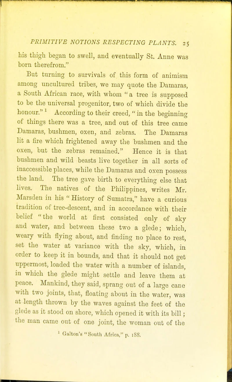 his thigh began to swell, and eventually St. Anne was born therefrom. But turning to survivals of this form of animism among uncultured tribes, we may quote the Damaras, a South African race, with whom  a tree is supposed to be the universal progenitor, two of which divide the honour. ^ According to their creed,  in the beginning of things there was a tree, and out of this tree came Damaras, bushmen, oxen, and zebras. The Damaras lit a fire which frightened away the bushmen and the oxen, but the zebras remained. Hence it is that bushmen and wild beasts live together in all sorts of inaccessible places, while the Damaras and oxen possess the land. The tree gave birth to everything else that lives. The natives of the Philippines, writes Mr. Marsden in his  History of Sumatra, have a curious tradition of tree-descent, and in accordance with their belief the world at first consisted only of sky and water, and between these two a glede; which, weary with flying about, and finding no place to rest, set the water at variance with the sky, which, in order to keep it in bounds, and that it should not get uppermost, loaded the water with a number of islands, in which the glede might settle and leave them at peace. Mankind, they said, sprang out of a large cane with two joints, that, floating about in the water, was at .length thrown by the waves against the feet of the glede as it stood on shore, which opened it with its bill; the man came out of one joint, the woman out of the ' Gallon's South Africa, p. iS8.