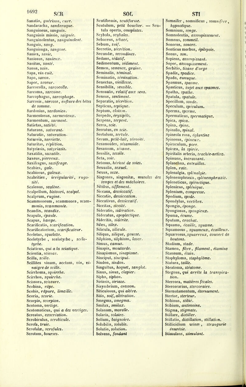 Sanatio, guérison, cure. Sandaracha, sandaraque. Sanguineus, sanguin. Sanguinis missio, saignée. Sanguinolenlus, sanguinolent. Sanguis, sang. Sanguisuga, sangsue. Sanips, santé. Saniosus, sanieux. Sanilas, santé. Sanus, sain. Sapa, vin cuit. Sapo,savon. Sapor, saveur. Sarcocolla, sarcocolle. Sarcoma, sarcome. Sarcophagus, sarcophage. Sarcosis, sarcose, enflure des bêtes de somme. Sardonius, sardonien. Sarmentosus, sarmenteux. Sarmentum, sarment. Satietas, satiété. Saturans, saturant. Saturatio, saturation. Salureia, sarriette. Saluritas, rèplétion. Salyriasis, satgriasis. Saxatilis, saxalile. Saxeus, pierreux. Saxifragus, saxifrage. Scabies, gale. Scabiosus, galeux. Scabrities , irrégularité, rugo- sité. Scalenus, scalène. Scalpellum, bistoim, scalpel. Scalprum, rugine. Scammoneum, scammonea, scam- monia, scammonée. Scandix, scandix. Scapula, épaule. Scapus, hampe. Scarificalio, scarification. Scarificatorium, scarificateur. Sceletus, squelette. Sceletyrbe , scelotyrbe , scélo- tyrbe. Scialicus, qui a la sciatique. Scientia, science. Scilla, scille. Scillites vinum, acetum, vin, vi- naigre de scille. Scirrhoma, squirrhe. Scirrhos, squirrhe. Scissura, scissure. Scobina, râpe. Scobis, râpure, limaille. Scoria, scorie. Scorpio, scorpion. Scotoma, vertige. Scotomaticus, qui a des vertiges. Screatus, cxscréation. Scrobiculus, scrobicule. Scrofa, truie. Sciofulœ, scrofules. Scrotum, bourses. SOL Scutiforniis, scutiformc. Scutulum, petit bouclier. — Scu- tula operta, omoplates. Scybala, scybales. Sebaceus, sébacé. Sébum, suif. Secretio, sécrétion.. Secundœ, secondines. Sedans, sédatif. Sedimentum, sédiment. Semen, semence, graine. Seminalis, séminal. Seminatio, sémination. Senectus, vieillesse. Sensibilis, sensible. Sensualis, relatif aux sens. Sensus, sentiment. Separatio, sécrétion. Septicus, seplique. Septum, cloison. Serpedo, érysipèle. Serpens, serpent. Serra, scie. Serratus, en scie. Sei tulum, sertule. Sérum, petit-lait, sérosité. Sesamoides, sésamoide. Sesamum, sésame. Sessilis, sessile. Seta, soie. Setosus, hérissé de soies. Sexualis, sexuel. Sexus, sexe. Siagones, siagonitse, muscles des tempes et des mâchoires. SibiLus, sifflement. Siccans, dessiccatif. Siccatio, dessiccation. Siccativus, dessiccalif. Siccitas, siccilé. Sideratioj sidération. Sideratus, apoplectique. Sideritis, sidérite. Silex, silex. Silicula, silicule. Siliqua, silique, gousse. Silpliion, silphium, laser. Simus, camus. Sinapis, moutarde. Sinapismus, sinapisme. Sinciput, sinciput. Sindon, sindon. Singultus, hoquet, sanglot. Sinus, sinus, clapier. Sipho, siphon. Siriasis, siriase. Sisynibrium, cresson. Siticulosus, qui altère. Sitis, soif, altération. Smegma, smegma. Smilax, smilax. Solanum, morelle. Solaris, solaire. Solium, baignoire. Solubilis, soluble. Solulio, solution. Solvens, fondant STI Somnifer , somnificus , somnifère , hypnotique. Somnium, songe. Somnolentia, assoupissement. Somnus, sommeil. Sonorus, sonore. Sonticus morbus, épilepsie. Sonus, son. Sopiens, assoupissant. Sopor, assoupissement. Sorbitio, tisane d'orge Spadix, spadice. Spado, eunuque. Spasmus, spasme. Spaslieus, sujet aux spasmes. Spalha, spalhe. Spatula, spatule. Specillum, sonde. Spéculum, spéculum. Sperma, sperme. SpermaLicus, spermatique. Spica, spica. Spina, épine. Spinalis, spinal. Spineola rosa, églantinc Spinosus, èpineu r. Spiraculum, pore. Spirœa, la spirée. Spiritalis arteria, trachée-artère. Spissans, incrassant. Splanclina, entrailles. Splen, rate. Splenalgia, splénalgie. Spleneniphraxis, splénemphraxic. Spleneticus, splénétique. Splenicus, splénique. Splenium, compresse. Spodium, spode. Spoudylus, vertèbre. Spongia, éponge. Spongiosus, spongieux. Spuma, écume. Sputum, crachat. Squama, écaille, squame. Squamosus , squameux, écailleux. Squarrosus, squarreux, couvert de boutons. Stadium, stade. Stamen, fibre, filament, élamine Stannum, ètain. Staphyloma, staphylôme. Slatura, taille. Steatonia, stéatome. Stegnus, qui arrête la transpira- tion. Stercora, matières fécales. Stercorarius, stercoraire. Sternutamentum, élernument. Stertor, sterteur. Stibinus, stibié. Stibium, antimoine. Stigma, stigmate. Stillare, distiller. Stillatio, distillation, stillatiun. Stillicidium urinœ, strangurie énurésie. Stimula h s, stimulant.