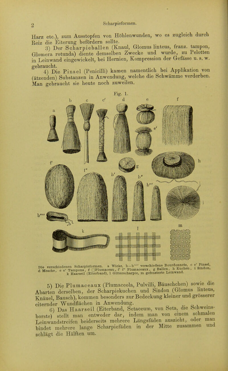 Harz etc.), zum Ausstopfen von Höhlen wunden, wo es zugleich durch Reiz die Eiterung befördern sollte. 3) Der Scharpieballen (Knaul, Glomus linteus, franz. tampon, Glomera rotunda) diente demselben Zwecke und wurde, zu Pelotten in Leinwand eingewickelt, bei Hernien, Kompression der Gefässe u. s. w. gebraucht. 11 4) Die Pinsel (Penicilli) kamen namentlich bei Applikation von (ätzenden) Substanzen in Anwendung, welche die Schwämme verderben. Man gebraucht sie heute noch zuweilen. Die verschiedenen Scharpiefonnen. a Wieke, b-b verschiedene Bourdonnets, c c P'^sel, d Melche e e' Tampons, f nPlumacean, f f Plumaceaux, g Ballen h Kuchen, i Smdon, k Haaraeil (Eiterband), 1 Gitterscharpie, m gefensterte Leinwand. 5) Die Plumaceaux (Plumaceola, Pulvilli, Bäuschchen) sowie die Abarten derselben, der Scharpiekuchen und Sindon (Glomus linteus, Knäuel, Bausch), kommen besonders zur Bedeckung kleiner und grösserer eiternder Wundflächen in Anwendung. -,. o • 6) Das Haar seil (Eiterband, Setaceum, von Seta, die Schweins- borste) stellt man entweder dar, indem man von einem schmalen Leinwandstreifen beiderseits mehrere Längsfäden auszieht, oder mau bindet mehrere lange Scharpiefäden in der Mitte zusammen und schlägt die Hälften um.