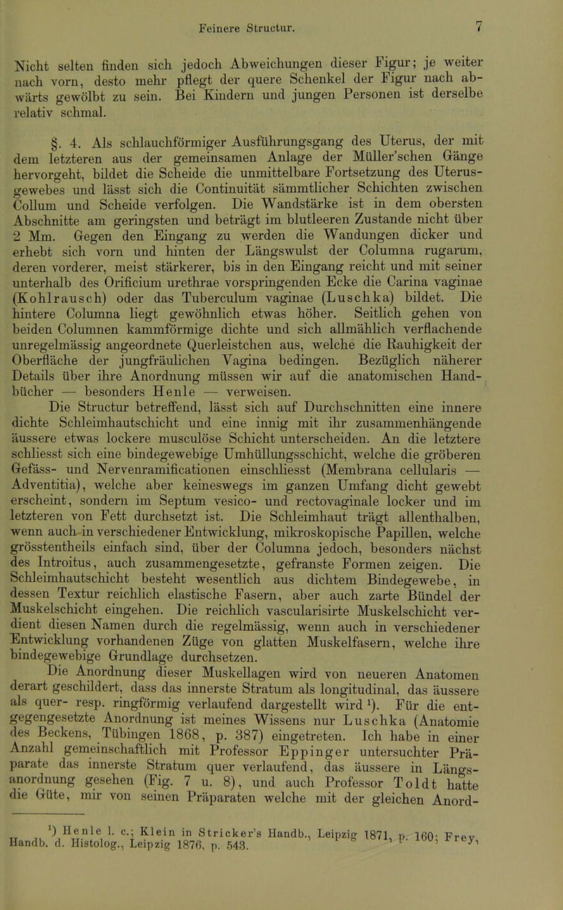 Nicht selten finden sich jedoch Abweichungen dieser Figur; je weiter nach vorn, desto mehr pflegt der quere Schenkel der Figur nach ab- wärts gewölbt zu sein. Bei Kindern und jungen Personen ist derselbe relativ schmal. §. 4. Als schlauchförmiger Ausfiihrungsgang des Uterus, der mit dem letzteren aus der gemeinsamen Anlage der Müller'schen Gänge hervorgeht, bildet die Scheide die unmittelbare Fortsetzung des Uterus- gewebes und lässt sich die Continuität sämmtlicher Schichten zwischen Collum und Scheide verfolgen. Die Wandstärke ist in dem obersten Abschnitte am geringsten und beträgt im blutleeren Zustande nicht über 2 Mm. Gegen den Eingang zu werden die Wandungen dicker und erhebt sich vorn und hinten der Längswulst der Columna rugarum, deren vorderer, meist stärkerer, bis in den Eingang reicht und mit seiner unterhalb des Orificium urethrae vorspringenden Ecke die Carina vaginae (Kohlrausch) oder das Tuberculum vaginae (Luschka) bildet. Die hintere Columna liegt gewöhnlich etwas höher. Seitlich gehen von beiden Columnen kammförmige dichte und sich allmählich verflachende unregelmässig angeordnete Querleistchen aus, welche die Rauhigkeit der Oberfläche der jungfräulichen Vagina bedingen. Bezüglich näherer Details über ihre Anordnung müssen wir auf die anatomischen Hand- bücher — besonders He nie — verweisen. Die Structur betreffend, lässt sich auf Durchschnitten eine innere dichte Schleimhautschicht und eine innig mit ihr zusammenhängende äussere etwas lockere musculöse Schicht unterscheiden. An die letztere schliesst sich eine bindegewebige Umhüllungsschicht, welche die gröberen Gefäss- und Nervenramificationen einschliesst (Membrana cellularis — Adventitia), welche aber keineswegs im ganzen Umfang dicht gewebt erscheint, sondern im Septum vesico- und rectovaginale locker und im letzteren von Fett durchsetzt ist. Die Schleimhaut trägt allenthalben, wenn auch in verschiedener Entwicklung, mikroskopische Papillen, welche grösstentheils einfach sind, über der Columna jedoch, besonders nächst des Introitus, auch zusammengesetzte, gefranste Formen zeigen. Die Schleimhautschicht besteht wesentlich aus dichtem Bindegewebe, in dessen Textur reichlich elastische Fasern, aber auch zarte Bündel der Muskelschicht eingehen. Die reichlich vascularisirte Muskelschicht ver- dient diesen Namen durch die regelmässig, wenn auch in verschiedener Entwicklung vorhandenen Züge von glatten Muskelfasern, welche ihre bindegewebige Grundlage durchsetzen. Die Anordnung dieser Muskellagen wird von neueren Anatomen derart geschildert, dass das innerste Stratum als longitudinal, das äussere als quer- resp. ringförmig verlaufend dargestellt wird ^). Für die ent- gegengesetzte Anordnung ist meines Wissens nur Luschka (Anatomie des Beckens, Tübingen 1868, p. 387) eingetreten. Ich habe in einer Anzahl gemeinschaftlich mit Professor Eppinger untersuchter Prä- parate das innerste Stratum quer verlaufend, das äussere in Längs- anordnung gesehen (Fig. 7 u. 8), und auch Professor Toldt hatte die Güte, mu: von seinen Präparaten welche mit der gleichen Anord- \) Henle 1. c; Klein in Strick Handb. d. Histolog., Leipzig 1876, p. 54: