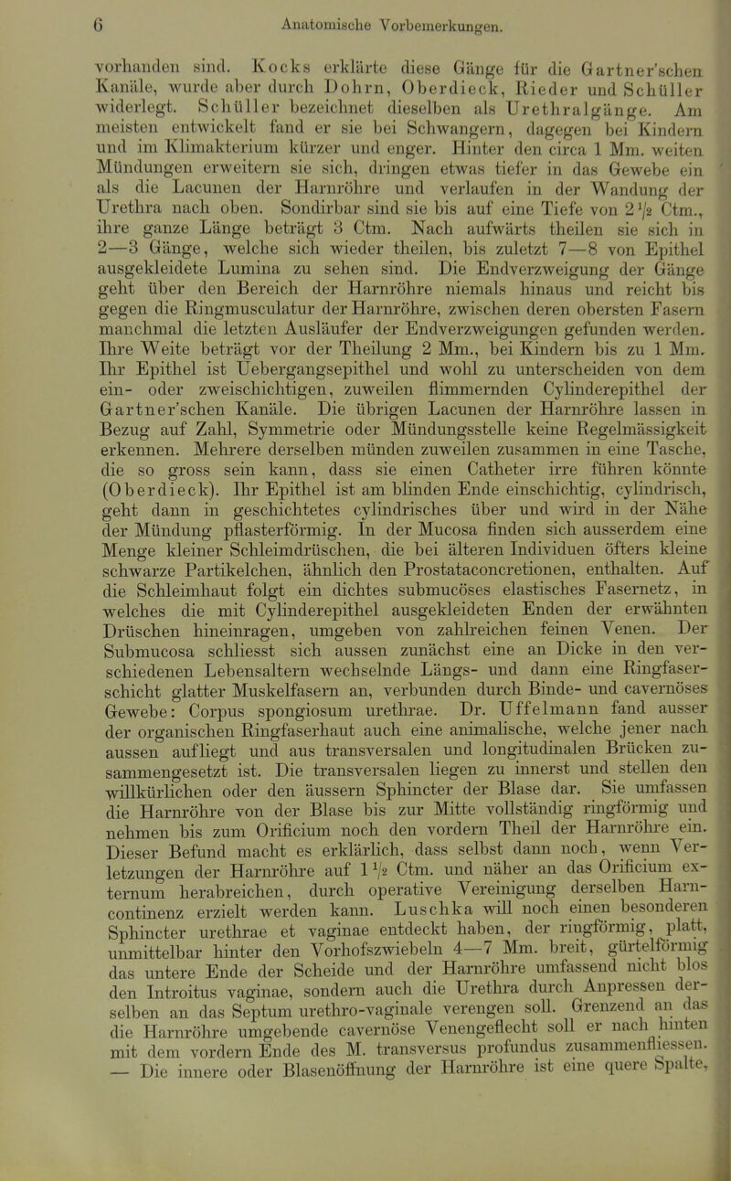 Yorlianden sind. Kocks erklärte diese Gänge für die Gartner'schen Kanäle, wurde aber durch Dohm, Oberdieck, Rieder und Schüller widerlegt. Schüller bezeichnet dieselben als Urethralgänge. Am meisten entwickelt fand er sie bei Schwangern, dagegen bei Kindern und im Klimakterium kürzer und enger. Hinter den circa 1 Mm. weiten Mündungen erweitern sie sich, dringen etwas tiefer in das Gewebe ein als die Lacunen der Harnröhre und verlaufen in der Wandung der Urethra nach oben. Sondirbar sind sie bis auf eine Tiefe von 2^2 Ctm., ihre ganze Länge beträgt 3 Ctm. Nach aufwärts theilen sie sich in 2—3 Gänge, welche sich wieder theilen, bis zuletzt 7—8 von Epithel ausgekleidete Lumina zu sehen sind. Die Endverzweigung der Gänge geht über den Bereich der Harnröhre niemals hinaus und reicht bis gegen die Ringmusculatur der Harnröhre, zwischen deren obersten Fasern manchmal die letzten Ausläufer der Endverzweigungen gefunden werden. Ihre Weite beträgt vor der Theilung 2 Mm., bei Kindern bis zu 1 Mm. Ihr Epithel ist Uebergangsepithel und wohl zu unterscheiden von dem ein- oder zweischichtigen, zuweilen flimmernden Cylinderepithel der Gartner'schen Kanäle. Die übrigen Lacunen der Harnröhre lassen in Bezug auf Zalil, Symmetrie oder Mündungsstelle keine Regelmässigkeit erkennen. Mehrere derselben münden zuweilen zusammen in eine Tasche, die so gross sein kann, dass sie einen Catheter irre führen könnte (Oberdieck). Ihr Epithel ist am blinden Ende einschichtig, cylindrisch, geht dann in geschichtetes cylindrisches über und wird in der Nähe der Mündung pflasterförmig. In der Mucosa finden sich ausserdem eine Menge kleiner Schleimdrüschen, die bei älteren Individuen öfters kleine schwarze Partikelchen, ähnlich den Prostataconcretionen, enthalten. Auf die Schleimhaut folgt ein dichtes submucöses elastisches Fasernetz, in welches die mit Cylinderepithel ausgekleideten Enden der erwähnten Drüschen hineinragen, umgeben von zahlreichen feinen Venen. Der Submucosa schliesst sich aussen zunächst eine an Dicke in den ver- schiedenen Lebensaltern wechselnde Längs- und dann eine Ringfaser- schicht glatter Muskelfasern an, verbunden durch Binde- und cavernöses Gewebe: Corpus spongiosum urethrae. Dr. Uffelmann fand ausser der organischen Ringfaserhaut auch eine animalische, welche jener nach aussen aufliegt und aus transversalen und longitudinalen Brücken zu- sammengesetzt ist. Die transversalen liegen zu mnerst und stellen den willkürlichen oder den äussern Sphincter der Blase dar. Sie umfassen die Harnröhre von der Blase bis zur Mitte vollständig ringförmig und nehmen bis zum Orificium noch den vordem Theil der Harnröhre ein. Dieser Befund macht es erklärlich, dass selbst dann noch, wenn Ver- letzungen der Harnröhre auf 1 ^2 Ctm. und näher an das Orificium ex- ternum herabreichen, durch operative Vereinigung derselben Harn- continenz erzielt werden kann. Luschka will noch einen besonderen Sphincter urethrae et vaginae entdeckt haben, der ringförmig, platt, unmittelbar hinter den Vorhofszwiebeln 4—7 Mm. breit, gürtelförmig das untere Ende der Scheide und der Harnröhre umfassend nicht Mos den Introitus vaginae, sondern auch die Urethra durch Anpressen der- selben an das Septum urethro-vaginale verengen soU. Grenzend an das die Harnröhre umgebende cavernöse Venengeflecht soll er nach hinten mit dem vordem Ende des M. transversus profundus zusammenfliesseu. — Die innere oder Blasenöffnung der Harnröhre ist eine quere Spalte,