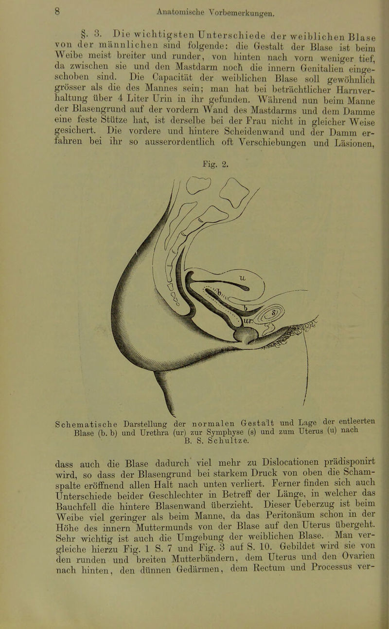 §.3. Die wichtigsten Unterschiede der weiblichen Blase von der männlichen sind folgende: die Gestalt der Blase ist beim Weibe meist breiter und runder, von hinten nach vorn weniger tief, da zwischen sie und den Mastdarm noch die innern Genitalien einge- schoben sind. Die Capacität der weiblichen Blase soll gewöhnlich grösser als die des Mannes sein; man hat bei beträchtlicher Harnver- haltung über 4 Liter Urin in ihr gefunden. Während nun beim Manne der Blasengrund auf der vordem Wand des Mastdarms und dem Damme eine feste Stütze hat, ist derselbe bei der Frau nicht in gleicher Weise gesichert. Die vordere und hintere Scheidenwand und der Damm er- fahren bei ihr so ausserordentlich oft Verschiebungen und Läsionen, ^'ig. 2. Schematische Darstellung der normalen Gestalt und Lage der entleerten Blase (b. b) und Urethra (ur) zur Symphyse (s) und zum Uterus (u) nach B. S. Schultze. dass auch die Blase dadurch' viel mehr zu Dislocationen prädisponirt wird, so dass der Blasengrund bei starkem Druck von oben die Scham- spalte eröffnend allen Halt nach unten verliert. Ferner finden sich auch Unterschiede beider Gesclilechter in Betreff der Länge, in welcher das Bauchfell die hintere Blasenwand überzieht. Dieser Ueberzug ist bemi Weibe viel geringer als beim Manne, da das Peritonäum schon m der Höhe des innern Muttermunds von der Blase auf den Uterus übergeht. Sehr wichtig ist auch die Umgebung der weiblichen Blase. Man ver- gleiche hierzu Fig. 1 S. 7 und Fig. 3 auf S. 10. Gebildet wird sie von den runden und breiten Mutterbändern, dem Uterus und den Ovarien nach hinten, den dünnen Gedärmen, dem Rectum und Processus ver-