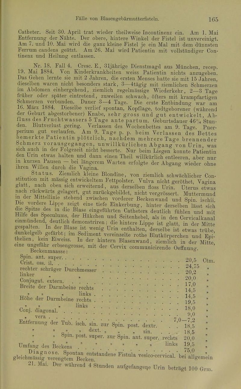 Catheter. Seit 30. April trat wieder theilweise Incontinenz ein. Am 1. Mai Entfernung der Nähte. Der obere, hintere Winkel der Fistel ist unvereinigt. Am 7. und 10. Mai wird die ganz kleine Fistel je ein Mal mit dem dünnsten Ferrum candens geätzt. Am 26. Mai wird Patientin mit vollständiger Con- tinenz und Heilung entlassen. Nr. 18. Fall 4. Cresc. E., 31jährige Dienstmagd aus München, recep. 19. Mai 1884. Von Kinderkrankheiten weiss Patientin nichts anzugeben. Das Gehen lernte sie mit 2 Jahren, die ersten Menses hatte sie mit 15 Jahren, dieselben waren nicht besonders stark, 3—4tägig mit ziemlichen Schmerzen im Abdomen einhergehend, ziemlich regelmässige Wiederkehr, 2—3 Tage früher oder später eintretend, zuweilen schwach, öfters mit krampfartigen Schmerzen verbunden. Dauer 3—4 Tage. Die erste Entbindung war am 16. März 1884. Dieselbe verlief spontan, Kopflage, todtgeborener (während der Geburt abgestorbener) Knabe, sehr gross und gut entwickelt, Ab- fluss des Fruchtwassers 5 Tage ante partum. Geburtsdauer 46^4 Stun- den. Blutverlust gering. Verlassen des Wochenbettes am 9. Tage Puer- perium gut verlaufen. Am 9. Tage p. p. beim Verlassen des Bettes bemerkte Patientin plötzlich, nachdem mehrere Tage brennender Schmerz vorausgegangen, unwillkürlichen Abgang von Urin was sich auch m der Folgezeit nicht besserte. Nur beim Liegen konnte Patientin den Urin etwas halten und dann einen Theil willkürlich entleeren, .aber nur m kurzen Pausen - bei längerem Warten erfolgte der Abgang wieder ohne ihren Willen durch die Vagina. Status. Ziemlich kleine Blondine, von ziemlich schwächlicher Con- stitution mit mässig entwickeltem Fettpolster. Vulva nicht geröthet, Vagina glatt, nach oben sich erweiternd, aus derselben floss Urin. Uterus etwas nach rückwärts gelagert, gut zurückgebildet, nicht vergrössert. Muttermund m der Mittellinie stehend zwischen vorderer Beckenwand und Spin, ischii Die vordere Lippe zeigt eine tiefe Einkerbung, hinter derselben lässt sich die Spitze des m die Blase eingeführten Catheters deutlich fühlen und mit Hilfe des Speculums der Häkchen und Seitenhebel, als in den Cervicalkanal einmündend deutlich demonstriren: die hintere Lippe ist glatt, in der Mitte gespalten In der Blase ist wenig Urin enthaltenf derselbe ist etwas trübe! dunkelgelb gefärbt; im Sediment vereinzelte rothe Blutkörperchen und Epi- thehen, kein Eiweiss. In der hintern Blasenwand, ziemlich in der Mitte eine ungefähr erbsengrosse, mit der Cervix communicirende Oeffnunc. ßeckenmaasse: ° Spin. ant. super 90 k m Crist. oss. iL . : ;24 75 rechter schräger Durchmesser . 90 9 linker „ ^ ^ ^Jj'^ Conjugat. extern. , 71; Breite der Darmbeine rechts 14 5 » » » links • . . . , „ Höhe der Darmbeine rechts ]29 r   » ^^^s ....  * ' ' is'n  Oonj. diagonal  ^ n Vera .* *v'o-VP Entfernung der Tub. isch. sin. zur Spin! post.' d;xtr. ' . ' 18 .5   -. <3ext. „ .. . sin. . . . 185 Q • ,  '1 » Olli. . . . lö o „ öpin. post. super, zur Spin. ant. super, rechts 20,0 Umfang des Beckens ^   1^'^ »' Diagnose. Spontan entstandene Fistula vesico-cervicariJ «n„. • gleichmässig verengtem Becken vkmco ceivacai. bei allgemein 21. Mai. Der während 4 Stunden aufgefangene Urin beträgt 300 Grm.