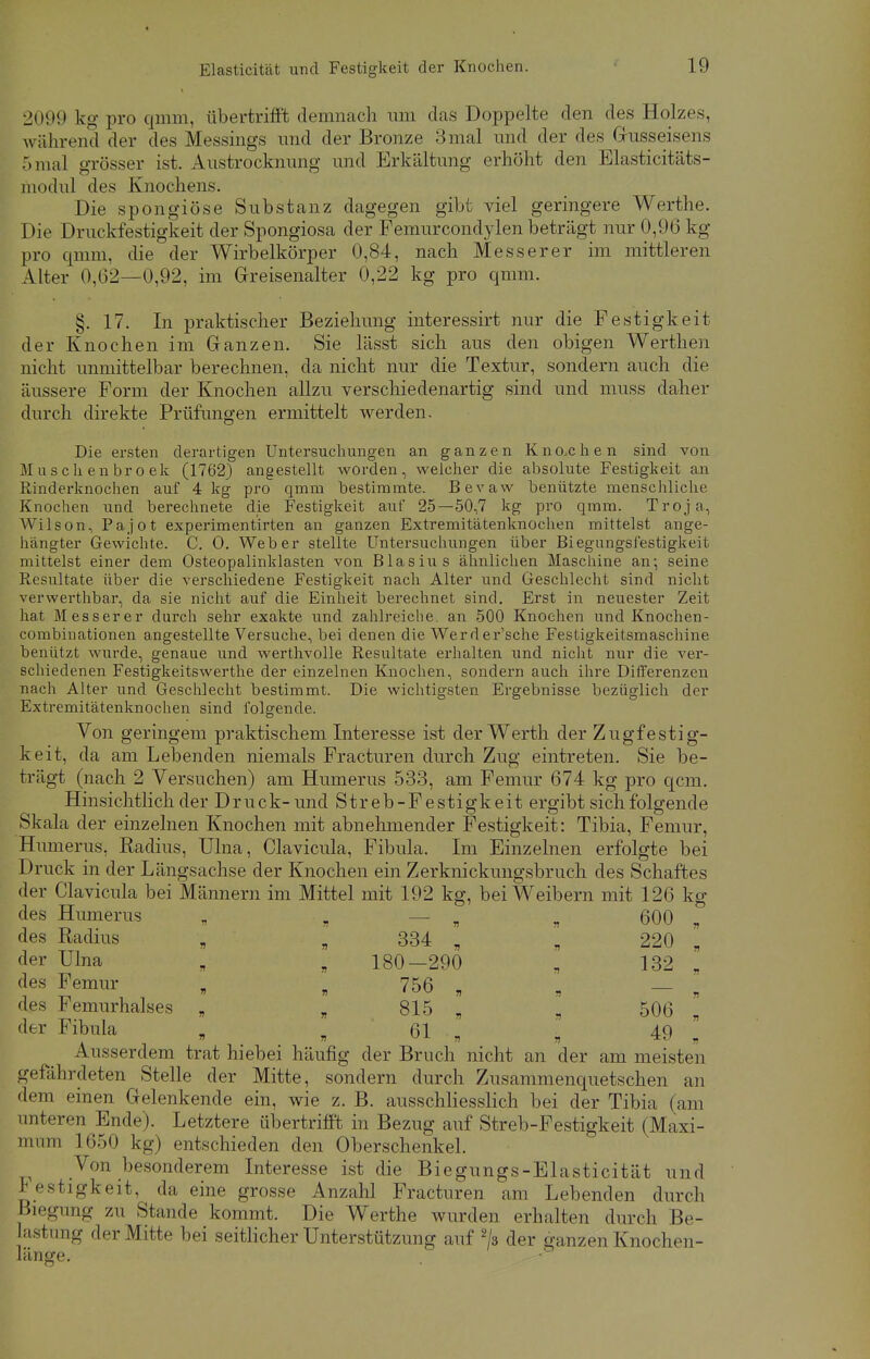 2099 kg pro qmm, übertrifft demnach um das Doppelte den des Holzes, während der des Messings und der Bronze 3mal und der des Gusseisens 5mal grösser ist. Austrocknung und Erkältung erhöht den Elastizitäts- modul des Knochens. Die spongiöse Substanz dagegen gibt viel geringere Werttie. Die Druckfestigkeit der Spongiosa der Femurcondylen beträgt nur 0,96 kg pro qmm, die der Wirbelkörper 0,84, nach Messerer im mittleren Alter 0,62—0,92, im Greisenalter 0,22 kg pro qmm. §. 17. In praktischer Beziehung interessirt nur die Festigkeit der Knochen im Ganzen. Sie lässt sich aus den obigen Werthen nicht unmittelbar berechnen, da nicht nur die Textur, sondern auch die äussere Form der Knochen allzu verschiedenartig sind und muss daher durch direkte Prüfungen ermittelt werden. Die ersten derartigen Untersuchungen an ganzen Knochen sind von Muschenbroek (1762) angestellt worden, welcher die absolute Festigkeit an Rinderknochen auf 4 kg pro qmm bestimmte. Bevaw benützte menschliche Knochen und berechnete die Festigkeit auf 25—50,7 kg pro qmm. Troja, Wilson, Pajot experimentirten an ganzen Extremitätenknochen mittelst ange- hängter Gewichte. C. O. Weber stellte Untersuchungen über Biegungsfestigkeit mittelst einer dem Osteopalinklasten von Blasius ähnlichen Maschine an; seine Resultate über die verschiedene Festigkeit nach Alter und Geschlecht sind nicht verwerthbar, da sie nicht auf die Einheit berechnet sind. Erst in neuester Zeit hat Messer er durch sehr exakte und zahlreiche, an 500 Knochen und Knochen- combinationen angestellte Versuche, bei denen die Werder'sche Festigkeitsmaschine benützt wurde, genaue und werthvolle Resultate erhalten und nicht nur die ver- schiedenen Festigkeitswerthe der einzelnen Knochen, sondern auch ihre Differenzen nach Alter und Geschlecht bestimmt. Die wichtigsten Ergebnisse bezüglich der Extremitätenknochen sind folgende. Von geringem praktischem Interesse ist der Werth der Zugfestig- keit, da am Lebenden niemals Fracturen durch Zug eintreten. Sie be- trägt (nach 2 Versuchen) am Humerus 533, am Femur 674 kg pro qcm. Hinsichtlich der Druck-und Streb-Festigkeit ergibt sich folgende Skala der einzelnen Knochen mit abnehmender Festigkeit: Tibia, Femur, Humerus, Radius, Ulna, Clavicula, Fibula. Im Einzelnen erfolgte bei Druck in der Längsachse der Knochen ein Zerknickungsbruch des Schaftes der Clavicula bei Männern im Mittel mit 192 kg, bei Weibern mit 126 kg des Humerus „ Ä — „ „ 600 „ des Radius „ 334 „ „ 220 „ der Ulna „ „ 180-290 „ 132 „ des Femur „ 756 „ „ — „ des Femurhalses „ 815 „ , 506 „ der Fibula „ „ 61 „ „ 49 „ Ausserdem trat hiebei häufig der Bruch nicht an der am meisten gefährdeten Stelle der Mitte, sondern durch Zusammenquetschen an dem einen Gelenkende ein, wie z. B. ausschliesslich bei der Tibia (am unteren Ende). Letztere übertrifft in Bezug auf Streb-Festigkeit (Maxi- mum 1650 kg) entschieden den Oberschenkel. Von besonderem Interesse ist die Biegungs-Elasticität und Festigkeit, da eine grosse Anzahl Fracturen am Lebenden durch Biegung zu Stande kommt. Die Werthe wurden erhalten durch Be- lastung der Mitte bei seitlicher Unterstützung auf 2/3 der ganzen Knochen- lange.