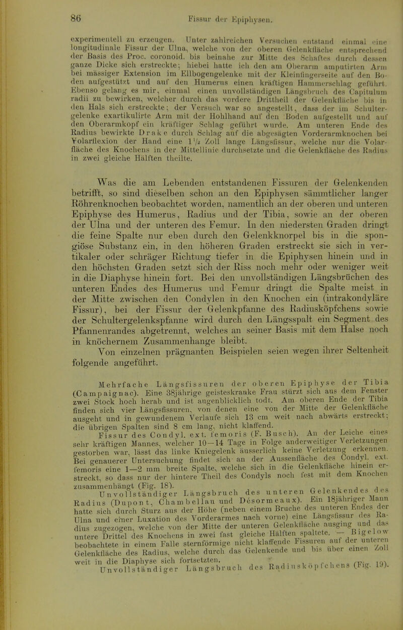 experimentell zu erzeugen. Unter zahlreichen Versuchen entstand einmal eine longitudinale Fissur der Ulna, welche von der oberen Gelenklläche entsprechend der Basis des Proc. coronoid. bis beinahe zur Mitte des Schaftes durch dessen ganze Dicke sich erstreckte; hiebei hatte ich den am Oberarm amputirten Arm bei massiger Extension im Ellbogengelenke mit der Kleinfingerseite auf den Bo- den aufgestützt und auf den Huraerus einen kräftigen Hammerschlag geführt. Ebenso gelang es mir, einmal einen unvollständigen Längsbruch des Capitulum radii zu bewirken, welcher durch das vordere Drittheil der Gelenkfläche bis in den Hals sich erstreckte; der Versuch war so angestellt, dass der im Schulter- gelenke exartikulirte Arm mit der Hohlhand auf den :Boden aufgestellt und auf den Oberarmkopf ein kräftiger Schlag geführt wurde. Am unteren Ende des Radius bewirkte Drake durch Schlag auf die abgesägten Vorderarmknochen bei Yolarflexion der Hand eine ll/a 'Zoll lange Längsfissur, welche nur die Volar - fläche des Knochens in der Mittellinie durchsetzte und die Gelenkfläche des Radius in zwei gleiche Hälften theilte. Was die am Lebenden entstandenen Fissuren der Gelenkenden betrifft, so sind dieselben schon an den Epiphysen sämmtlicher langer Röhrenknochen beobachtet worden, namentlich an der oberen und unteren Bpiphyse des Humerus, Radius und der Tibia, sowie an der oberen der Ulna und der unteren des Femur. In den niedersten Graden dringt die feine Spalte nur eben durch den Gelenkknorpel bis in die spon- giöse Substanz ein, in den höheren Graden erstreckt sie sich in ver- tikaler oder schräger Richtung tiefer in die Epiphysen hinein und in den höchsten Graden setzt sich der Riss noch mehr oder weniger weit in die Diaphyse hinein fort. Bei den unvollständigen Längsbrüchen des unteren Endes des Humerus und Femur dringt die Spalte meist in der Mitte zwischen den Condylen in den Knochen ein (mtrakondyläre Fissur), bei der Fissur der Gelenkpfanne des Radiusköpfchens sowie der Schultergelenkspfanne wird durch den Längsspalt ein Segment des Pfannenrandes abgetrennt, welches an seiner Basis mit dem Halse noch in knöchernem Zusammenhange bleibt. Von einzelnen prägnanten Beispielen seien wegen ihrer Seltenheit folgende angeführt. Mehrfache Längsfissuren der oberen Epiphyse der Tibia (Campaignac). Eine 38jährige geisteskranke Frau stürzt sich aus dem Fenster zwei Stock hoch herab und ist augenblicklich todt, Am oberen Ende der Tibia finden sich vier Längsfissuren, von denen eine von der Mitte der Gelenkflache ausgeht und in gewundenem Verlaufe sich 13 cm weit nach abwärts erstreckt; die übrigen Spalten sind 8 cm lang, nicht klaffend. Fissur des Condyl. ext. femoris (F. Busch). An der Leiche eines sehr kräftigen Mannes, welcher 10-14 Tage in Folge anderweitiger Verletzungen gestorben war, lässt das linke Kniegelenk äusserlich keine Verletzung erkennen. Bei genauerer Untersuchung findet sich an der Aussenfläche des Condyl. ext. femoris eine 1—2 mm breite Spalte, welche sich in die Gelenkflache hinein er- streckt, so dass nur der hintere Theil des Condyls noch fest mit dem Knochen zusammenhängt (Fig. 18). „ . . , , Unvollständiger Längsbruch des unteren Gelenkende* des Radius (Dupont, Oha m b el lau und Desorm e au x). Ein 18jährige r Mann hatte sich durch Sturz aus der Höhe (neben einem Bruche des unteren Endes de. Ulna und einer Luxation des Vorderarmes nach vorne) eine Langsfissur des Ra- dius zugezogen, welche von der Mitte der unteren Gelenkfläche ausging^und das untere Drittel des Knochens in zwei fast gleiche Hälften spaltete. - Blg^low beobachtete in einem Falle sternförmige nicht klaffende Fissuren auf derjmte' en Gelenkfläche des Radius, welche durch das Gelenkende und bis über einen Zoll weit in die Diaphyse sich fortsetzten. f »«r*!,-«. rFio- 1<D Unvollständiger Längsbruch des Ra d i u s k o p l c h ens (Fig. 1J).