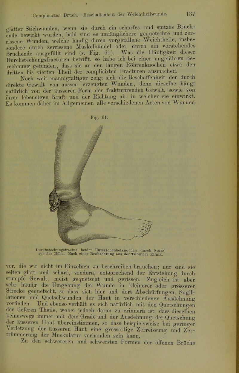 glatter Stichwunden, wenn sie durch ein scharfes und spitzes Bruch- ende bewirkt wurden, bald sind es umfänglichere gequetschte und zer- rissene Wunden, welche häufig durch vorgefallene Weichtheile, insbe- sondere durch zerrissene Muskelbündel oder durch ein vorstehendes Bruchende ausgefüllt sind (s. Fig. 61). Was die Häufigkeit dieser Durchstechungsfracturen betrifft, so habe ich bei einer ungefähren Be- rechnung gefunden, dass sie an den langen Röhrenknochen etwa den dritten bis vierten Theil der complicirten Fracturen ausmachen. Noch weit mannigfaltiger zeigt sich die Beschaffenheit der durch direkte Gewalt von aussen erzeugten Wunden, denn dieselbe hängt natürlich von der äusseren Form der frakturirenden Gewalt, sowie von ihrer lebendigen Kraft und der Richtung ab, in welcher sie einwirkt. Es kommen daher im Allgemeinen alle verschiedenen Arten von Wunden Fig. 61. Durchstechungsfractur beider Unterschenkelknochen durch Sturz aus der Höhe. Nach, einer Beobachtung aus der Tübinger Klinik. vor, die wir nicht im Einzelnen zu beschreiben brauchen; nur sind sie selten glatt und scharf, sondern, entsprechend der Entstehung durch stumpfe Gewalt, meist gequetscht und gerissen. Zugleich ist aber sehr häufig die Umgebung der Wunde in kleinerer oder grösserer Strecke gequetscht, so dass sich hier und dort Abschürfungen, Sugil- lationen und Quetschwunden der Haut in verschiedener Ausdehnung vorfinden. Und ebenso verhält es sich natürlich mit den Quetschungen der tieferen Theile, wobei jedoch daran zu erinnern ist, dass dieselben keineswegs immer mit dem Grade und der Ausdehnung der Quetschung der äusseren Haut übereinstimmen, so dass beispielsweise bei gerino-er Verletzung der äusseren Haut eine grossartige Zerreissung und Zer- trümmerung der Muskulatur vorhanden sein kann. Zu den schwereren und schwersten Formen der offenen Brüche
