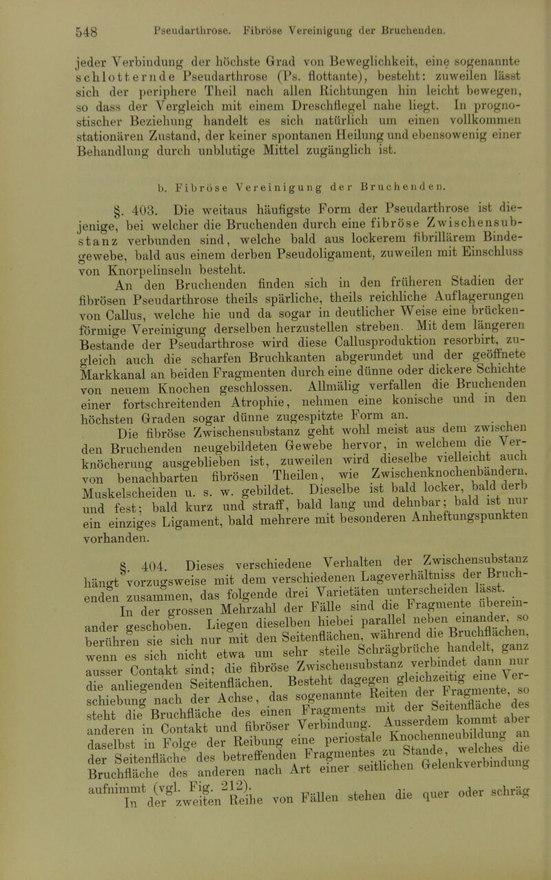 jeder Verbindung der höchste Grad von Beweglichkeit, eine sogenannte schlotternde Pseudarthrose (Ps. flottante), besteht: zuweilen lässt sich der periphere Theil nach allen Richtungen hin leicht bewegen, so dass der Vergleich mit einem Dreschflegel nahe liegt. In progno- stischer Beziehung handelt es sich natürlich um einen vollkommen stationären Zustand, der keiner spontanen Heilung und ebensowenig einer Behandlung durch unblutige Mittel zugänglich ist. b. Fibröse Vereinigung der Bruchenden. §. 403. Die weitaus häufigste Form der Pseudarthrose ist die- jenige, bei welcher die Bruchenden durch eine fibröse Zwischensub- stanz verbunden sind, welche bald aus lockerem fibrillärern Binde- gewebe, bald aus einem derben Pseudoligament, zuweilen mit Einschluss von Knorpelinseln besteht. An den Bruchenden finden sich in den früheren Stadien der fibrösen Pseudarthrose theils spärliche, theils reichliche Auflagerungen von Callus, welche hie und da sogar in deutlicher Weise eine brücken- förmige Vereinigung derselben herzustellen streben. Mit dem längeren Bestände der Pseudarthrose wird diese Callusproduktion resorbirt, zu- o-leich auch die scharfen Bruchkanten abgerundet und der geöffnete Markkanal an beiden Fragmenten durch eine dünne oder dickere Schichte von neuem Knochen geschlossen. Allmälig verfallen die Bruchenden einer fortschreitenden Atrophie, nehmen eine konische und m den höchsten Graden sogar dünne zugespitzte Form an. Die fibröse Zwischensubstanz geht wohl meist aus dem zwischen den Bruchenden neugebildeten Gewebe hervor, in welchem die Ver- knöcherung ausgeblieben ist, zuweilen wird dieselbe vielleicht auch von benachbarten fibrösen Theüen, wie Zwischenknochenbandern. Muskelscheiden u. s. w. gebildet. Dieselbe ist ba d locker, bald derb und fest: bald kurz und straff, bald lang und dehnbar; bald ist nui ein einziges Ligament, bald mehrere mit besonderen Anheftungspunkten vorhanden. 8 404 Dieses verschiedene Verhalten der Zwischensubstanz hängt vorzugsweise mit dem verschiedenen Lageverhältniss der Bruch- endfn zusammen, das folgende drei Varietäten unterscheiden lasst. In der grossen Mehrzahl der Fälle sind die Fragmente überein- ander ^schoben. Liegen dieselben hiebei parallel neben einander so berührt sie sich nur mit den Seitenflächen, während die Bruchflachen, wemesteh nfch? etwa um sehr steile Schrägbrüche handelt, ganz :Zer Contakt sind; die fibröse>*«^^a™£$£ et die anliegenden Seitenflächen. Besteht dag egen gl eichz eitag «ne \ er schiebunl nach der Achse, das sogenannte ^fn dei Pu^to so steht die Bruchfläche des einen Fragments mit der Seitenfläche aes anderen ii,Kontakt und fibröser Verbindung ^^J^^ daselbst in Folge der Reibung eine penostale ^^ubdtog an ™in^äX$enRL von Fällen stehen die quer oder schräg