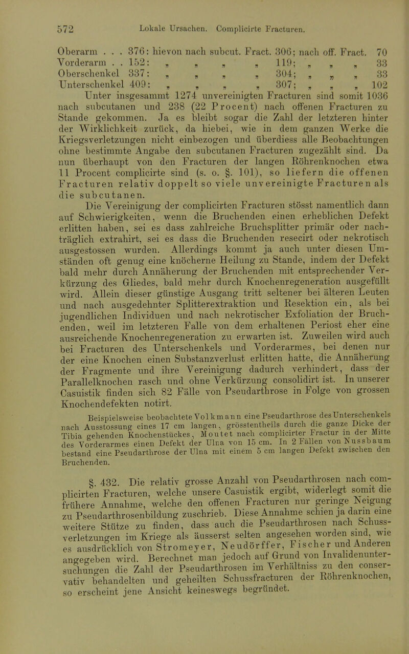 Oberarm . . . 376: hievon nach subcut. Fract. 306; nach off. Pract. 70 Vorderarm . - 152: „ „ , 119; '„ , »33 Oberschenkel 337: „ „ , , 304; „ „ 33 Unterschenkel 409: „ „ „ „ 307; „ »102 Unter insgesammt 1274 unvereinigten Fracturen sind somit 1036 nach subcutanen und 238 (22 Procent) nach offenen Fracturen zu Stande gekommen. Ja es bleibt sogar die Zahl der letzteren hinter der Wirklichkeit zurück, da hiebei, wie in dem ganzen Werke die Kriegsverletzungen nicht einbezogen und überdiess alle Beobachtungen ohne bestimmte Angabe den subcutanen Fracturen zugezählt sind. Da nun überhaupt von den Fracturen der langen Röhrenknochen etwa 11 Procent complicirte sind (s. o. §. 101), so liefern die offenen Fracturen relativ doppelt so viele unvereinigte Fracturen als die subcutanen. Die Vereinigung der complicirten Fracturen stösst namentlich dann auf Schwierigkeiten, wenn die Bruchenden einen erheblichen Defekt erlitten haben, sei es dass zahlreiche Bruchsplitter primär oder nach- träglich extrahirt, sei es dass die Bruchenden resecirt oder nekrotisch ausgestossen wurden. Allerdings kommt ja auch unter diesen Um- ständen oft genug eine knöcherne Heilung zu Stande, indem der Defekt bald mehr durch Annäherung der Bruchenden mit entsprechender Ver- kürzung des Gliedes, bald mehr durch Knochenregeneration ausgefüllt wird. Allein dieser günstige Ausgang tritt seltener bei älteren Leuten und nach ausgedehnter Splitterextraktion und Resektion ein, als bei jugendlichen Individuen und nach nekrotischer Exfoliation der Bruch- enden, weil im letzteren Falle von dem erhaltenen Periost eher eine ausreichende Knochenregeneration zu erwarten ist. Zuweilen wird auch bei Fracturen des Unterschenkels und Vorderarmes, bei denen nur der eine Knochen einen Substanzverlust erlitten hatte, die Annäherung der Fragmente und ihre Vereinigung dadurch verhindert, dass der Parallelknochen rasch und ohne Verkürzung consolidirt ist. In unserer Casuistik finden sich 82 Fälle von Pseudarthrose in Folge von grossen Knochendefekten notirt. Beispielsweise beobachtete Vol km an n eine Pseudarthrose des Unterschenkels nach Ausstossung eines 17 cm langen, grösstenteils durch die ganze Dicke der Tibia gehenden Knochenstückes, Moutet nach complicirter Fractur m der Mitte des Vorderarmes einen Defekt der Ulna von 15 cm. In 2 Fällen vonNussbaum bestand eine Pseudarthrose der Ulna mit einem 5 cm langen Defekt zwischen den Bruchenden. § 432. Die relativ grosse Anzahl von Pseudarthrosen nach com- plicirten Fracturen, welche unsere Casuistik ergibt, widerlegt somit die frühere Annahme, welche den offenen Fracturen nur geringe Neigung zu Pseudarthrosenbildung zuschrieb. Diese Annahme schien ja darin eine weitere Stütze zu finden, dass auch die Pseudarthrosen nach bcliuss- verletzungen im Kriege als äusserst selten angesehen worden sind wie es ausdrücklich von Stromeyer, Neudörffer, Fischer und Anderen angegeben wird. Berechnet mau jedoch auf Grund von Invahdenunter- sucWen die Zahl der Pseudarthrosen im Verhältnis zu den conser- vativ behandelten und geheilten Schussfracturen der Röhrenknochen, so erscheint jene Ansicht keineswegs begründet.