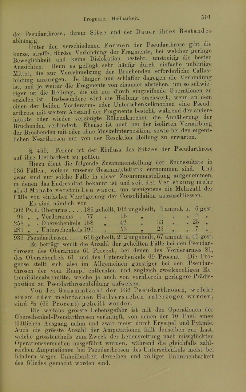 der Pseudarthrose, ihrem Sitze und der Dauer ihres Bestandes abh'ino'i0 ft a Unter den verschiedenen Formen der Pseudarthrose gibt die kurze straffe, fibröse Verbindung der Fragmente, bei welcher geringe Beweglichkeit und keine Dislokation besteht, unstreitig die besten Aussichten. Denn es gelingt sehr häufig durch einfache unblutige Mittel die zur Verschmelzung der Bruchenden erforderliche Oallus- bildung anzuregen. Je länger und schlaffer dagegen die Verbindung ist und je weiter die Fragmente von einander abstehen, um so schwie- riger ist die Heilung, die oft nur durch eingreifende Operationen zu erzielen ist. Insbesondere wird die Heilung erschwert, wenn an dem einen der beiden Vorderarm- oder Unterschenkelknochen eine Pseud- arthrose mit weitem Abstand der Fragmente besteht, während der andere intakte oder wieder vereinigte Röhrenknochen die Annäherung der Bruchenden verhindert. Ebenso ist auch bei der isolirten Vernarbung der Bruchenden mit oder ohne Muskelinterposition, sowie bei den eigent- lichen Nearthrosen nur von der Resektion Heilung zu erwarten. §. 459. Ferner ist der Einfluss des Sitzes der Pseudarthrose auf ihre Heilbarkeit zu prüfen. Hiezu dient die folgende Zusammenstellung der Endresultate m 936 Fällen, welche unserer Gesammtstatistik entnommen sind. Und zwar sind nur solche Fälle in dieser Zusammenstellung aufgenommen, in denen das Endresultat bekannt ist und seit der Verletzung mehr als 3 Monate verstrichen waren, um wenigstens die Mehrzahl der Fälle von einfacher Verzögerung der Consolidation auszuschliessen. Es sind nämlich von 302 Ps. d. Oberarms .... 185 geheilt, 102 ungeheilt, 9 amput. u. 6 gest. 95 „ „ Vorderarms ..77 „ 15 „ — „ „3„ 258 „ „ Oberschenkels 158 „ 42 „ 33 „ „ 25 „ 281 , , Unterschenkels 196 „ 53 „ 25 „ „ 7 „ 936 Pseudarthrosen .... 616 geheilt, 212 ungeheilt, 67 amput. u. 41 gest. Es beträgt somit die Anzahl der geheilten Fälle bei den Pseudar- throsen des Oberarmes 61 Procent, bei denen des Vorderarmes 81, des Oberschenkels 61 und des Unterschenkels 69 Procent. Die Pro- gnose stellt sich also im Allgemeinen günstiger bei den Pseudar- throsen der vom Rumpf entfernten und zugleich zweiknochigen Ex- tremitätenabschnitte, welche ja auch von vornherein geringere Prädis- position zu Pseudarthrosenbildung aufweisen. Von der Gesammtzahl der 936 Pseudarthrosen, welche einem oder mehrfachen Heilversuchen unterzogen wurden, sind 2/3 (65 Procent) geheilt worden. Die weitaus grösste Lebensgefahr ist mit den Operationen der Oberschenkel-Pseudarthrosen verknüpft, von denen der 10. Theil einen tödtlichen Ausgang nahm und zwar meist durch Erysipel und Pyämie. Auch die grösste Anzahl der Amputationen fällt denselben zur Last, welche grösstentheils zum Zweck der Lebensrettung nach missglückten Operationsversuchen ausgeführt wurden, während die gleichfalls zahl- reichen Amputationen bei Pseudarthrosen des Unterschenkels meist bei Kindern wegen Unheilbarkeit derselben und völliger Unbrauchbarkeit des Gliedes gemacht worden sind.