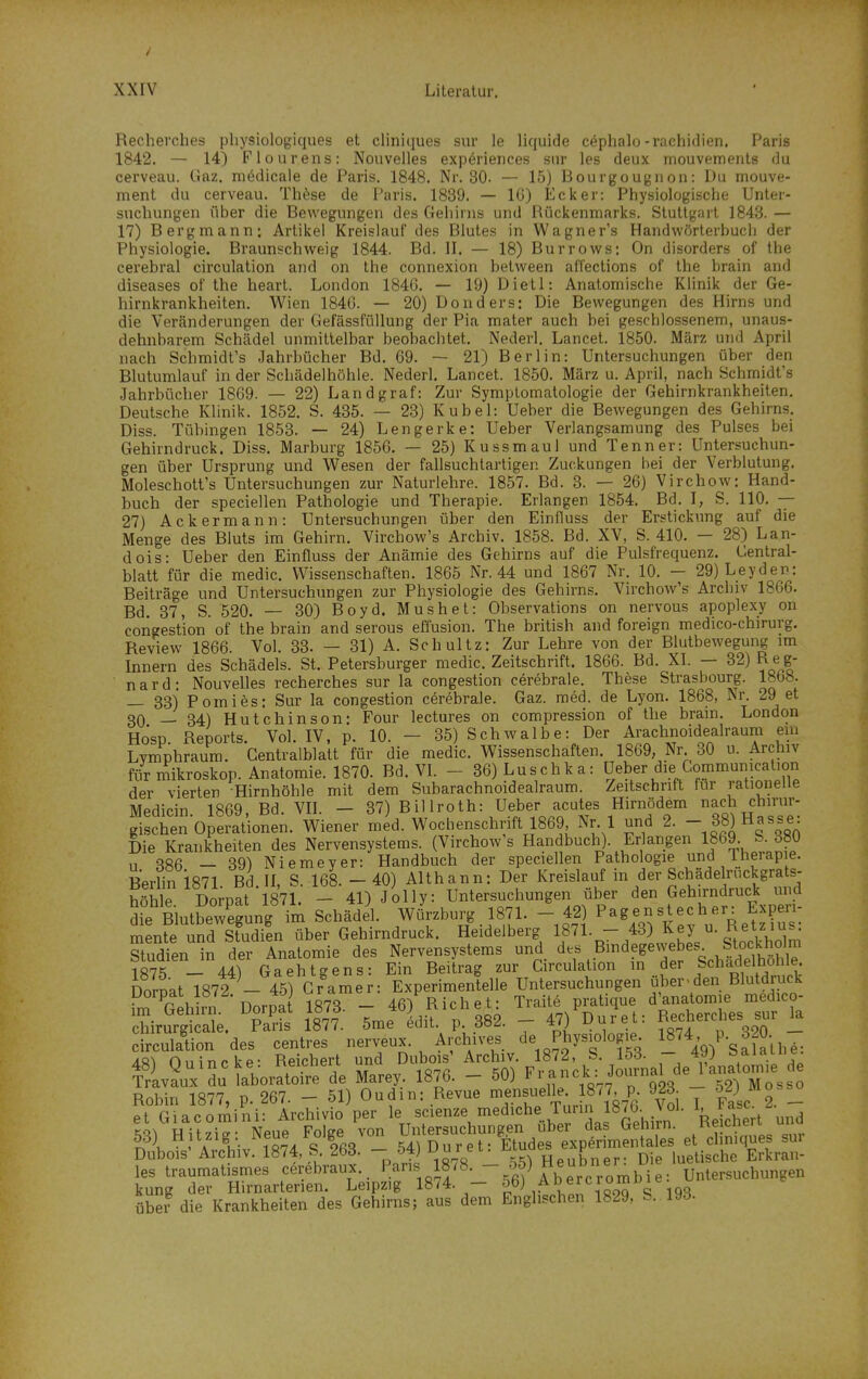 / XXIV Literatur. Recherches pliysiologiques et cliniques sur le liquide cöphalo-rachidien. Paris 1842. — 14) Flourens: Nouvelles expöriences sur les deux mouvements du cerveau. Gaz. m^dicale de Paris. 1848. Nr. 30. — 15) Bourgougnon: Du mouve- ment du cerveau. Th<bse de Paris. 1839. — 16) Eclcer: Physiologische Unter- sucliungen über die Bewegungen des Gehirns und Rückenmarks. Stuttgart 1843. — 17) Bergmann: Artikel Kreislauf des Blutes in Wagner's Handwörterbuch der Physiologie. Bravmschweig 1844. Bd. II. — 18) Burrows: On disorders of the cerebral circulation and on the connexion belween affections of the brain and diseases of the heart. London 184G. — 19) Dietl: Anatomische Klinik der Ge- hirnkrankheiten. Wien 184G. — 20) Donders: Die Bewegungen des Hirns und die Veränderungen der GefässfüUung der Pia mater auch bei geschlossenem, unaus- dehnbarem Schädel unmittelbar beobachtet. Nederl. Lancet. 1850. März und April nach Schmidt's Jahrbücher Bd. 69. — 21) Berlin: Untersuchungen über den Blutumlauf in der Scbädelhöhle. Nederl. Lancet. 1850. März u. April, nach Schmidt's Jahrbücher 1869. — 22) Landgraf: Zur Symptomatologie der Gehirnkrankheiten, Deutsche Klinik. 1852. S. 485. — 28) Kübel: Ueber die Bewegungen des Gehirns. Diss. Tübingen 1858. — 24) Lengerke: Ueber Verlangsamung des Pulses bei Gehirndruck. Diss. Marburg 1856. — 25) Kussmaul und Tenner: Untersuchun- gen über Ursprung und Wesen der fallsuchtartigen Zuckungen bei der Verblutung. Moleschott's Untersuchungen zur Naturlehre. 1857. Bd. 3. — 26) Virchow: Hand- buch der speciellen Pathologie und Therapie. Erlangen 1854. Bd. I, S. 110, — 27) Ackermann: Untersuchungen über den Einfluss der Erstickung auf die Menge des Bluts im Gehirn. Virchow's Archiv. 1858. Bd. XV, S. 410. — 28) Lan- dois- Ueber den Einfluss der Anämie des Gehirns auf die Pulsfrequenz. Gentrai- blatt für die medic. Wissenschaften. 1865 Nr. 44 und 1867 Nr. 10. — 29)Leyden: Beiträge und Untersuchungen zur Physiologie des Gehirns. Virchow's Archiv 1866. Bd. 87, S. 520. — 30) Boyd. Mushet: Observations on nervous apoplexy on consestion of the brain and serous effusion. The british and foreign medico-chirurg. Review 1866. Vol. 38. — 31) A. Schultz: Zur Lehre von der Blutbewegung im Innern des Schädels. St. Petersburger medic. Zeitschrift. 1866. Bd. XI. — 32) R e |- nard: Nouvelles recherches sur la congestion cerebrale. These Strasbourg. 1868. — 33) Pomies: Sur la congestion cerebrale. Gaz. med. de Lyon. 1868, Nr. 29 et 30 — 34) Hutchinson: Four lectures on compression of the brain. London Hosp. Reports. Vol. IV, p. 10. - 35) Schwalbe: Der Arachnoidealraum ein Lvmphraum. Centralblatt für die medic. Wissenschaften. 1869, Nr. 30 u. Archiv für mikroskop. Anatomie. 1870. Bd. VL - 36) Luschka: öeber die Commumcation der vierten Hirnhöhle mit dem Subarachnoidealraum. Zeitschrift für rationelle Medicin 1869 Bd VII. — 87) Billroth: Ueber acutes Hirnödem nach chirur- gischen Operationen. Wiener med. Wochenschrift 1869 Nr 1 und 2. -38) Hasse: Die Krankheiten des Nervensystems. (Virchow's Handbuch). Erlangen 1869 b. 380 u S86 — 39) Niemeyer: Handbuch der speciellen Pathologie und Therapie. BerUn 1871 Bd II, S. 168.- 40) Althann: Der Kreislauf in der Schädelruckgrats- höhle Dorpat 871 - 41) Jolly: Untersuchungen über den Gehirndruck und die äutSgU im Schädel. Würzburg 1871. - 42) Pagenstecher: Experi- mLfeTd sfudiL über Gehirndruck. Heidelberg 1871. - 43) Key u. Retzius Stud en in der Anatomie des Nervensystems und des Bindegewebes^ Sto^^^^^^^^ — 44) Gaehtgens: Ein Beitrag zur Circulation in der Schadelhome Doroat 1872 - 45) Gramer: Experimentelle Untersuchungen über^den Blutdruck irJ Gehirn Dorna 1873. - 46) Riebet: Traite pratique d'anatomie medico- chirurgi ale. SS 1877. 5me ^dit p 382. 47) Duret: R-herc^ies sur la circulation des centres nerveux. Archives de Physiologie l^^, 320 4«^ Olli Ticke- Reichert und Dubois' Archiv. 1872, S. 153. — 4yj , ' • fav?ux^L laboratdre de Marey. 1876. - 50) Brauck: Joi.na de_^^ana om. d^ Robin 1877, p. 267. - 51) Oudin: Revue ^f.^^^;, l^'^' 923. f^ ^^^^l^ et GiacorAini: Archivio per H.T''\'^'*^^'^^hprL Gehirn Reichert und K<^\ HU71 ff- Neue Folee von Untersuchungen über das benirn. /^^J'^V'' _ 53) H t ZI g . i^eue r oige n ^ r e t • Etudes experimentales et cliniques sur Dubois' Archiv. 1874, S. 263. - 54 uurei. ^.J^^'tj J luetische Erkran- les traumatismes cer^braux. P^^^l^^^. - o5) HeuDiie^^ Untersuchungen kung der Hirnarterien. Leipzig 1874. - ^b) Al ercromnie über die Krankheiten des Gehirns; aus dem Englischen 1829, S. 19o.