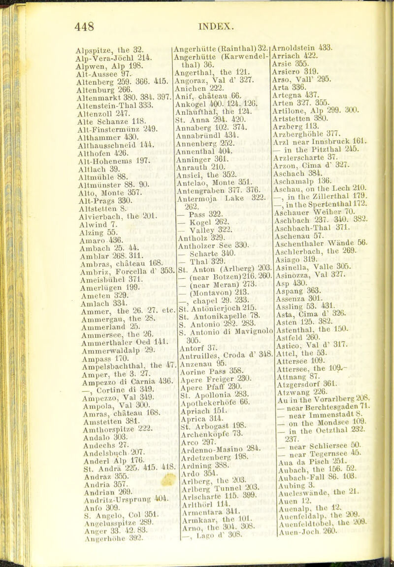 Alpspitze, the 32. Alp-Vera-Jocbl 214. Alpwen, Alp 198. Alt-Aussee 97. Altenberg 259. 366. 415. Altenburg 266. Altenmarkt 380. 384. 397 Altenstein-Thal 333. Altenzoll 247. Alte Schanze 118. AU-Finstermiinz 249. Althammer 430. Altliausscbneid 144. Althofen 426. Alt-Hobenein.s 197. Altlacb 39. Altmuble 88. Altmunster 88. 90. Alto, Monte 357. Alt-Prags 330. Altstetten 8. Alvierbacb, Ibe 201. Alwind 7. Alzing 55. Amaro 436. Ambacb 25. 44. Amblar 268. 311. Ambras, cbateau 168. Ambriz, Forcella d' 353 Ameisbilbel 371. Amerliigen 199. Ameten 329. Amlacb 334. Ammer, the 26. 27. etc Aminergau, the 28. Ammerland 25. Ammersee, the 26. Ammerthaler Oed 141. Ammerwaldalp 29. Ampass 170. Ampelsbachthal, the 4/ Amper, the 3. 27. Ampezzo di Carnia 436. —, Cortine dl 349. Ampezzo, Val 349. Ampola, Val 300. Aniras, chateaii 168. Auistetten 381. Amthorspitze 222. Andalo 303. Aiidechs 27. Andelsbiich 207. Anderl Alp 176. St. Andrii 225. 415 Andraz 3,55. Andria 357. Andi'ian 269. Audritz-Ui'sprung 404. AnCo 309. S. Angelo, Col 351. Angclu.s.spitzc 289. Anger 33. 42. 83. Angerhiihe 392. 418. Angerhiitte (Rainthal) 32 Angerhiitte (Karwendel- thai) 36. Angerthal, the 121. Angoraz, Val d' 327. Anicben 222. Anif, chateau 66. Ankogel 400. 124. 126. Anlaufthal, the 124. St. Anna 294. 420. Annaberg 102. 374. Annabriindl 434. Annenberg 252. Annenthal 404. Anninger 361. Anrauth 210. Ansiel, the 352. Antelao, Monte ji51. Antengrabeu 377. 376. Anternioja Lake 322. 262. Pass 322. • Kogel 262. — Valley 322. Antholz 329. Antholzer See 330. — Scharte 340. — Thai 329. St. Anton (Arlberg) 203, — (near Botzen)216. 260 — (near Meran) 273. — (llontavon) 213. chapel 29. 233. St. Antonierjoch 215. St. Antonikapelle 73. S. Antonio 282. 283. S. Antonio di Mavignolo 305. Antorf 37. Antruilles, Croda d 3« Anzenau 95. Aorine Pass 358. Apere Freiger 230. Aperc Pfafl 230. St. ApoUonia 283. Apothekerhofe 66. Apriach 151. Aprica 314. St. Arboga.st 198. Archeiikiipfe 73. Arco 297. Ardenno-Masino 284 Ardetzenberg 198. Ardning 388. Ardo 354. Arllierg, Iho 203. Arlberg Tunnel 2(13. Arlscharte 115. 399. Arllhiirl 114. Annonlara 341. Arnikaar, the 101. Arno, the 30i. 3aS. —, I,ago d' 308. Amoldstein 433. Arriacb 422. Ar.sie 355. Arsiero 319. Arso, Vair 295. Arta 336. Artegna 437. Arten 327. 355. Artilone, Alp 299. 300. Artstetten 380. Arzbcrg 113. Arzberghohle 377. Arzl near Innsbruck 161. — in the Pitzthal 245. Arzlerscharte 37. Arzon, Cima d 327. Aschach 384. Aschauialp 136. Ascbau, on the Lech 210. —, in (he ZiUerthal 179. , intheSpertenthal 172. Aschauer Weiher 70. Ascbbaeh 237 . 340. 382. A.scbbach-Tbal 371. Aschenau 57. Aschenthaler Wiinde 56. Ascblerbacb, the 269. A.siago 319. Asinella, Valle 305. Asinozza, Val 327. Asp 430. Aspang 363. Assenza 301. Assling 53. 431. Asia, Cima d' 326. Asten 125. 382. Astenthal, the 150. A.slfeld 260. Astico, Val d' 317. Attel, the 53. Atteraee 109. Attersee, the 10^- Attnang 87. Atzgersdorf 361. Atzwang 226. An in the Vorarlberg A>>- — near Berchtesgaden 71. near ImmensladtS. — on the Mondsee 109. — in the Oetzthal 232. 237. — near Schlier.see 50. _ ni'ar Tcsernsee 45. Ana da Pi.'cb '251. Auhach, the 156. 52. Aubncb-Fall 86. 103. Aiibing 3. AuoU'swiinde, the -il. Auen 12. Aiicnalp, the 12. Anenfoldalp. the 209- Auenfcldtobel. the 209. Auen-.Toch 260.