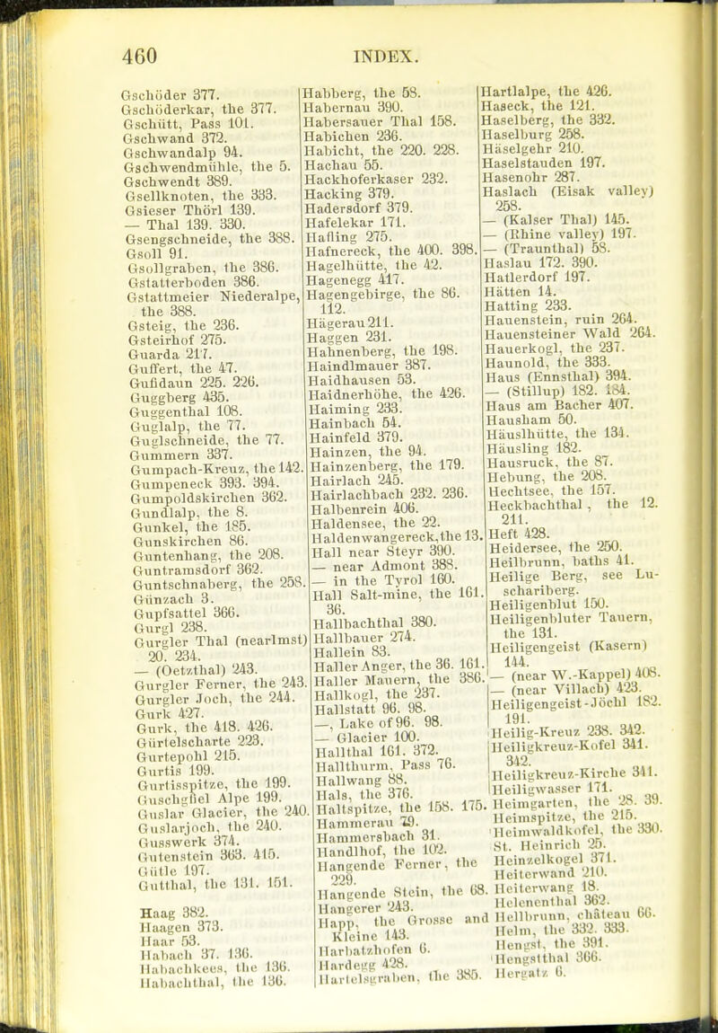 Gschiider 377. Gschiiderkar, the 377. Gscliutt, Pass lOL. Gsellwand 372. Gschwandalp 94. Gscbwendmiihle, the 5. Gschwendt 389. Gsellknoten, the 333. Gsieser Thorl 139. — Thai 139. 330. Gsengschneide, the 388 Gsoll 91. Gsollgrahen, Ihe 386. Gstatterhoden 386. Gstattmeier Niederalpe, the 388. Gsteig, the 236. Gsteirhof 275. Guarda 217. Guffert, the 47. Gufldaun 225. 226. Guggberg 435. Guggenthal 108. Guglalp, the 77. Guglschneide, the 77. Gummern 337. Gumpach-Kreuz, the 142. Guinpeneck 393. 394. Gumpoldskirchen 362. Gundlalp, the 8. Giinkel, the 185. Gunskirchen 86. Guntenhang, the 208. Guntramsdorf 362. Guntschnaberg, the 258. Giinzach 3. Gupfsattel 366. Gvirgl 238. Gurgler Thai (nearlmst) 20. 234. — (Oetzthal) 243. Gurgler Ferner, the 243. Gurgler .Toch, the 244. Gurk 427. Gurk, the 418. 426. Giirtelscharte 223. Gurtepohl 215. Gurtis 199. Gurli.sspitze, the 199. GuschgOel Alpe 199. Guslar Glacier, the 240 Gvislarjoch, the 240. Gusswerlc 374. Gutenstcin 363. 415. Giitlc 197. Gutthal, the 131. 151. Haag 382. llaagen 373. llaar 53. llahacli 37. 1.36. Uabachkees, the 136. Ilubachthal, the 136. Habberg, the 58. Habernau 390. Habersauer Thai 158. Habichen 236. Habicbt, the 220. 228. Hachau 55. Hackhoferkaser 232. Hacking 379. Hadersdorf 379. Hafelekar 171. Hailing 275. Hafnereck, the 400. 398 Hagelhutte, Ihe 42. Hagenegg 417. Hagengebirge, the 86. 112. Hagerau211. Haggen 231. Hahnenberg, the 198. Haindlmauer 387. Haidhausen 53. Haidnerhohe, the 426. Haiming 233. Hainbach 54. Hainfeld 379. Hainzen, the 94. Hainzenberg, the 179. Hairlach 245. Hairlachbach 232. 236. Halbenrein 406. Haldensee, the 22. Haldenwangereck,the 13. Hall near Steyr 390. — near Admont 383. _ in the Tyrol 160. Hall Salt-mine, the 161. 36. Hallbachthal 380. Hallbauer 274. Hallein 83. Haller Anger, the 36. 161 Haller Mauern, the 386. Hallkogl, the 237. Hallstatt 96. 98. Lake of 96. 98. — Glacier 100. ; Hallthal 161. 372. Hallthurin, Pass 76. ] Hallwang 88. Hals, the 376. Ilaltspitze, the 158. 175. Hammcr.au 19. Hnmmersbach 31. Handlhof, the 102. Hangende Ferner, the 229. Hangende Stein, the 63. Hangerer 243. Happ, the Grossc and Kleine 143. Marbatzhofen 6. J lard egg 428. llurtclsgraben, Ihe d»o. Hartlalpe, the 426. Haseck, the 121. Haselberg, the 332. Haselburg 258. Haselgehr 210. Haselstauden 197. Hasenohr 287. Haslach (Eisak vallev) 258. — (Kaiser Thai) 145. — (Rhine valley) 197. — (Traunthal) 58. Haslau 172. 390. Hatlerdorf 197. Hatten 14. Hatting 233. Hauenstein, ruin 264. Hauensteiner Wald 264. Hauerkogl, the 237. Haunold, the 333. Haus (Ennsthal) 394. — (Still up) 182. 134. Haus am Bacher 407. Hausham 50. Hauslhulte, the 134. Iljiusling 182. Hausruck, the 87. Hebung, the 208. Heehtsee, the 157. Heckbachthal , the 211. Heft 428. Heidersee, the 250. Heilbrunn, baths 41. Heilige Berg, see 1 schariberg. Heiligenblut 150. Heiligenbluter Tauern, the 131. Heiligengeist (Kasern) 144. — (near W.-Kappel) 408. — (near Villach) 423. Heiligengeist-.Kichl 182. 191. Heilig-Kreuz 238. 342. Illeiligkreuz-Kofel 341. 342. lleiligkreuz-Kirche 341. lueiligwasscr 171. Heimgarten, the 28. 3J. Heimspitzc, the 215. Heimwaldkofel, the 330. St. Hcinrich 25. Heinzelkogel 371. Heiterwand 210. Hciterwang 18. llolenenthal 362. Heilbrunn, ohaleau 60. Helm, the 332. 333. Ilengst. the 391. Hengatthal 366. Hergal/. 6. 12. Lu-