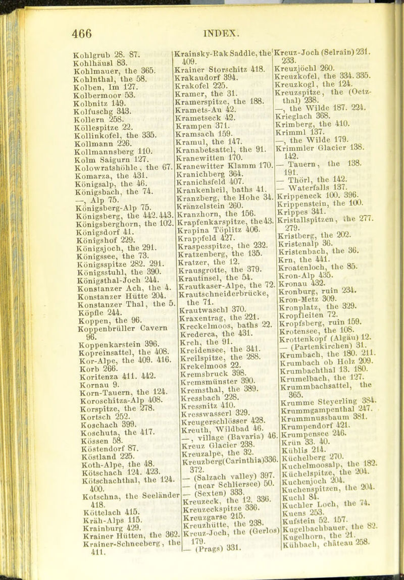 Kohlgrub 28. 87. Kohlhausl 83. Kohlmauer, the 365. Kohlnthal, the 58. Kolben, Im 127. Kolbermoor 53. Kolbnitz 149. Kolfuschg 343. Kollern 258. Kollespitze 22. Kollinkofel, the 335. KoUmann 226. Kollmannsberg 110. Kolm Saigurn 127. Kolowratshiihle, the 67. Komarza, the 431. Konigsalp, the 46. Konigsbach, the 74. —, Alp 75. K6nigsberg-Alp 75. Konigsberg, the 442.443, Konigsberghorn, the 102, Konigsdorf 41. Konigshof 229. Konig.9joch, the 291. Konigssee, the 73. Konigsspitze 282. 291. Konigsstuhl, the 390. Konigsthal-Joch 244. Konstanzer Ach, the 4. Kon.stanzer Hiitte 204. Konstanzer Thai, the 5. Kopfle 244. Koppen, the 96. Koppenbriiller Cavern 96. Koppenkarstein 396. Kopreinsattel, the 408. Kor-Alpe, the 409. 416. Korb 266. Koritenza 411. 442. Kornau 9. Korn-Tauern, the 124. Koroschitza-Alp 408. Korspitze, the 278. Kortsch 252. Koschach 399. Koschuta, the 417. Kiissen 58. Kii-stendorf 87. Kiistland 225. Koth-Alpe, the 48. Kiitschach 124. 423. Kiitschachthal, the 124. 400. Kotschna, the Seelander 418. Kiittelach 415. KriiU-Alps 115. Krainburg 429. Krainer Hiitten, the 3b2 Ki-ainer-Schneeberg, the 411. Krainsky-Hak Saddle, the 409. Krainer Storschitz 418. Krakaudorf 394. Krakofel 225. Kramer, the 31. Krainerspitze, the 188. Kramets-Au 42. Krametseck 42. Krampen 371. Kramsach 159. Kramul, the 147. Kranabetsattel, the 91. Kranewitten 170. Kranewitter Klamm 170. Kranichberg 364. Kranichsfeld 407. Krankenheil, baths 41. Kranzberg, the Hohe 34. Kranzelstein 260. Kranzhorn, the 156. Krapfenkarspitze, the43. Krapina Toplitz 406. Krappfeld 427. Kraspesspitze, the 232. Kratzenberg, the 135. Kratzer, the 12. Krausgrotte, the 379. Krautinsel, the 54. Krantkaser-Alpe, the 72 Krautschneiderbrucke, the 71. Krautwaschl 370. Kraxentrag, the 221. Kreckelmoos, baths 22. Krederca, the 431. Kreh, the 91. Kreidensee, the 341. Kreilspitze, the 288. Krekelmoos 22. Kremsbruck 398. Kremsmiinster 390. Kremsthal, the 389. Kressbach 228. Kre,ssnitz 410. Kresswasserl 329. Kreugerschliisser 423. Kreuth, Wildbad 46. —, village (Bavaria) 4b Kreuz Glacier 238. Kreuzalpe, the 32. Krouzberg(Carinthja)dob 372. — (Salzach valley) 397. — (near Schliersee) 50. — (Sexten) 333. Kreuzeck, the 12. 330. Krcuzeck,spii7,e 330. Krcuzgarse 215. Kreuzhiitte, the 238. Kreuz-.loch, the (Gerlos) 179. — (Prags) 331. 'Kreuz-Joch (Selrain) 231. 233. Kreuzjiichl 260. Kreuzkofel, the 334.335. Kreuzkogl, the 124. Kreuzspitze, the (Oetz- thal) 238. —, the Wilde 187. 224. Krieglach 368. Krimberg, the 410. Krimml 137. —, the Wilde 179. Krimmler Glacier 138. 142. — Tauern, the 138. 191. . Thorl, the 142. — Waterfalls 137. Krippeneck 100. 396. Krippenstein, the 100. Krippes 341. Kristallspitzen, the 277. 279. Kristberg, the 202. Kristenalp 36. Kristenbach, the 36. Km, the 441. Kroatenloch, the 85. Kron-Alp 435. Kronau 432. Kronburg, ruin 234. Kron-Metz 309. Kronplatz, the 329. Kropfleiten 72. Kropfsberg, ruin 159. Krotensee, the 108. Krottenkopf (Algau) 12. — (Partenkirchen) 31. Krumbach, the 180. 211. Krumbach ob Holz 209. Krumbachthal 13. 180. Krumelbach, the 127. Krummbaohsattel, the 365. Krumme Steyerlmg 384. Krummgainpenthal 24/. Krummnussbaum 381. Krumpendorf 421. Krumpcnsee 246. Krim 33. 40. Kiiblis 214. Kuchelberg 270. Kuchelmoosalp, J^''- Kuchelspitze, the 204. Kuchenjoch 204. Kuchcnspitzen, the AH- Kuchl 84. ^ Kuchlcr Loch, the (4. Kuens 253. KuMein 52. 157. Kugclbachbavier, the 94. Kugelhorn, the 21. Kuhbach, chateau 2o».