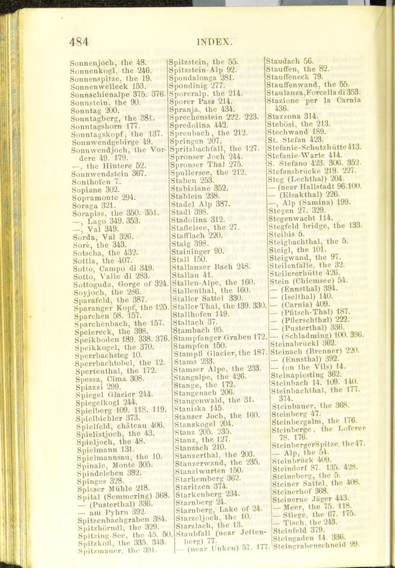 SonnenjocL, the 48. Sonnenkogl, the 246. Sonnenspitze, the 19- Sonnenwelleck 153. Sonnschienalpe 375. 376 Sonnstein, the 90. Sonntag 200. Sonntagberg, the 381. Sonntagshorn 177. Sonntagskopf, the 137. Sonnwendgebirge 49. Sonnwendjoch, the Vor dere 49. 179. —, the llintere 52. Sonnwendstein 367. Sonthofen 7. Sopiane 302. Sopvamonte 294. Soraga 321. Sorapiss, the 350. 351. —, Lago 349. 353. — Val 349. Sorda, Val 320. Sore, the 343. Sotscha, the 432. Sottla, the 407. Sotio, Campo di 349. Sotto, Valle di 283. Sottoguda, Gorge of 324 Soyjoeh, the 286. Spa'rafeld, the 387. Sparanger Kopf, the 125 Sparchen 58. 157. Spavchenbach, the 157. Speiereck, the 398. Speikboden 189. 338. 376. Speikkogel, the 370. Sperr))aclisteg 10. Sperrbachtobel, the 12. Spertenthal, the 172. Spes.sa, Cima 308. Spiazzi 299. Spiegel Glacier 244. Spiegclkogl 244. Spielberg 109. 118. 119. Spielbichler 373. Spiell'eld, chateau 406. Spielistjoch, the 43. Spieljoch, the 48. Spielmann 131. Spielmatinsau, the 10. Spinalc, Monte 305. Spindclebcn 382. Spinges 328. . Spi.'iSer Jliihle 218. Spital (Semmering) 368. — (Pusterthal) 336. — am I'yhrn 392. Spit/.ctibachgraben 384. Spit/hiirndl, the 329. Spitziiig-See, the 45. 50 Spitzkoll, the aSf). B'lH. Spilziiiniu'r. tin' ii'.ll. Spitzstein, the 55. Spitzstein-Alp 92. Spondalonga 281. Spondinig 277. Sporeralp, the 214. Sporer Pass 214. Spranja. the 434. Sprechenstein 222. 223. Spredolina 442. Spreiibach, the 212. Springen 207. Spritzl)achfall, the 127. Spronser Joch 244. Spronser Thai 275. Spiillersee, the 212. Staben 253. Stabiziane 352. Stablein 238. Stadel Alp 337. Stadl 398. Stadolina 312. Stallelsee, the 27. StalTlach 220. Staig 398. Staininger 90. Stall 150. Stallanzev Bach 248. Stallau 41. Stallen-Alpe, the 160. Stallenthal, the 160. Slaller Sattel 330. StallerThal, the 139. 330 Stallhofen 149. Staltach 37. Stambach 95. Stampfanger Grabeii 172 Stamp fen 150. Stampfl Glacier, the 187 Stams 233. Stamser Alpe, the 233. Slangalpe, the 426. Stange, the 172. Stangenach 206. Stangenwald, the 31. Staiiiska 145. Stanser .Toch, the 160. Stanskogel 204. Stanz 205. 235. Stanz, the 127. Stanzach 210. Staiizerthal. the 203. Slanzcrwand, the 235. Stanziwurtcn 150. Starhcmbcrg 362. Staritzen 374. Starkciiberg 234. Slarnberg 24. Stariiberg, Lake of 24. Stavzoljoch, the 10. Slarzla'ch, the 13. Staiibfall (near Jetten- berg) 77. , - (iH ;\r lliiki'iil 5(. 1 ( Staudach 56. Stauflfen, the 82. StaulTeneck 79. Stauffenwand, the 55. Staulanza,Forcel]a di 353. Stazione per la Camia 436. Stazzona 314. Stebosi, the 213. Stechwand 189. St. Stefan 423. Stefanie-Schutzhatte413. Stefanie-Warte 414. S. Stefano 423. 306. 352. Stefansbriicke 219. 227. Steg (Lechthal) 204. — (near Hall.'ftadt 96.10(t. — (Eisakthal) 226. —, Alp (Samina) 199. Stegen 27 . 329. Stegenwacht 114. Stegfeld bridge, the 133. Steibis 6. Steigbachthal, the 5. Steigl, the 101. Steigwand, the 97. Steilenfiille. the 32. Steilererhiitte 426. Stein (Chiemsee) 54. — (Ennsthal) 394. — (Iselthal) 140. _ (Camia) 409. — (Pfltsch-Thal) 187. — (Pflerschthall 222. — (Pusterthal) 336. — (Schladming) 100. 396. Steinabriickl 362. Steinach (Brenner) 220. (Knnsthal) 392. — (on the Vil.s) 14. Steinapiesting 362. Steinbach 14. 109. 140. Steinbachthal. the 177. 374. Steinbauer, the 368. Steinberg 47. Steinbergalm, the 176. Stcinberge , the Loferer 78. 176. SteinbergerSi)i I zc tlie 4 (. — Alp, the 54. Steinbriick 409. Stcindorf 87. 135. 428. Steincbcrg, the 5. Steiner Sattel. the 408. Steinerhof 363. Steincrne .liiger 443. Meer, the 75. 118. — Stiegc, the 67. 175. — Tisch. the 243. Steinfeld 379. Sloingaden 14 . 336. SleinLirabi'n.schneiil 99.