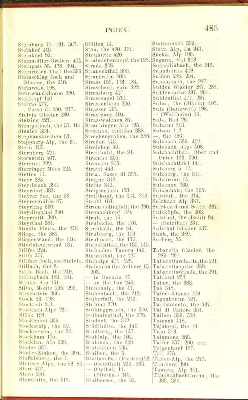 Steinhaus 71. 191. 367. Steinliof 245 Steinkogl 92. SteinmuDer-Graben 424. Steinpass 55. 178. 394. Steinriesen-Thal, the 396. Stein.5chlag Joch and Glacier, tbe 240. Steinwald 198. Steinwandklamm 380. Stellkopf 150. Stelvio 277. —, Pas.so di 280. 277. Stelvio Glacier 280. dtelzing 427. Stempeljoch, the 37. 161. Stenico 303. Stephanskirchen 53. Steppberg-Alp, the 31. Stern 343. Sternberg 421. Stern stein 407. Sterzing 222. Sterzinger Moos 224. Stetten 14. Steyr 383. Steyrbruck 390. Steyrdorf 383. Steyrer See, the 98. Steyrermiihle 87. Steyrling 390. Steyrlingthal 390. Steyrreith 390. Steyrthal 384. Stickle Pleiss, the 278. Stiege, the 385. Stiegenwand, the 146. Stierlahnei-wand 137. Stilfea 224. Stilfs 277. Stilfser .Toch, .see Stelviii. Stillach, the 8. Stille Bach, the 249. Stillupbach 182. m. Slipler Alp 161. Stivo, Monte 295. 296. Slixenstein 366. Stock 53. 198. Stockach 211. Sl,ockach-Alpe 231. Stiick 198. Stockonboi 336. Stockeralp, the 50. Stockerscenj the 52. Stockham 11.5. Sliicklen. Alp 228. Stodcr 390. Slodi;r-Zinken, the 394. StolVel.sberg, the 4. .Stoi.s.ser-Alpe, the 58. 82. Store 407. Storo 300. Stor.schit'/,, the 418. Stotten 14. Stou, the 420. 431. Stouhutte 420. Strabelebenkopf, the 125. Strada 308. Straneckthal 390. Straneralm 400. Strass 159. 178. 184. Strassberg, ruin 222. Strassburg 427. Strassengel 370. Strassenhaus 200. Strasser 264. Stra.ssgang 404. Stras.swalchen 87. Straubinger Alp 125. Strechau, chateau 388. Strechengraben, the 388. Streden 143. Streichen 56. Streitbiihl, the 81. Strembo 305. Strengen 205. Strctti 443. Stria, Sas.so di 355. Strigno 318. Strino 312. Stripsenjoch 158. Strittkopf, the 204. 216. Strobl 103. Strombodingfall,the 390. Stronachkopf 149. Strub, the 76. Strubache, the 176. Stnibbach, the 84. Striibberg, the 103. Striibpas.s, the 176. Stubachthal,the 135.145. Stubacher Tanern 146. Stubaithal, the 227. Stubalpe 404. 425. Stuben on the Arlljerg 13. 203. — in Bavaria 47. — on the Inn 248. Slulicnalp, the 47. Stubenbach, the 212. Stiibcrfall. Ihc 216. Sliilting 370. Stiibinggraben, (he 370. Stiil>iiiing(lial, the 375. Sliident, the 372. Sliidllnitte, the 146. Stiidlwcg, the 147. Stuhlalj), the 102. Shihhick , the 368. Sluhllelden 135. Sliiibcn, the 5. Sliiibcn Fail (I'lansce)23. — fOclzthal) 232. 236. — (OythalJ 11. — (Pitzthal) 245. Stuibcnsee, Ihc 32. Stuttennock 339. Stuva Alp, La 341. Siicka, Alp 199. Sagana, Val 318. Suggadinbach, the 215. Suhadolnik 418. Sulden 288. 254. Suldcnbach, the 287. Sulden Glacier 287. 288. Suldenspiize 287. 291. Suldenthal 277 . 287. Sulm , the (Stvria) 405. Siilz (Rankweii) 198. — (Weilheim) 26. Sulz, Bad 20. Sulzano 313. Sulzau 112. —, the 136. Sulzbach 389. 403. Sulzbach Alp.? 408. Siilzbachthal, Ober and Unter 136. 390. Sulzbachthorl 141. Sulzbcrg 5. 14. Sulzberg, the 311. Sulzbrunn 14. Sulzenau 230. Snlzenhals, the 395. Sulzlluh , the 214. Sulzkaar Alp 387. Sulzkaarhund-Sattel 387. Sulzktipfe, the 203. Snlzthal, the (Ischn 94. — (OetzthalJ 237. Snlzthal Glacier 237. Sunk, the 3S9. Surberg 55. Tabaretta Glacier, the 289. 291. Tabarettascharte the291. Tabarettaspitze 289. Taliarct tawande, the 291. Tabland 253. Tabor, the 383. Tae 348. Taferl-Klau.se 109. Tagenbrunn 427. Tagliamento, the 437. Tai di Cadore 351. Taiboii 326. 358. Tainach 418. Taiakopt, the 19. Tiijo 319. TaUunona 285. Talfer 257. 260. etc. Talgcnkopf 187. Tall 275. Taller-Alp, the 275. Tainberg 390. Tamers, Alp 341. Tami.schbachthiirm , the 385. 38';.