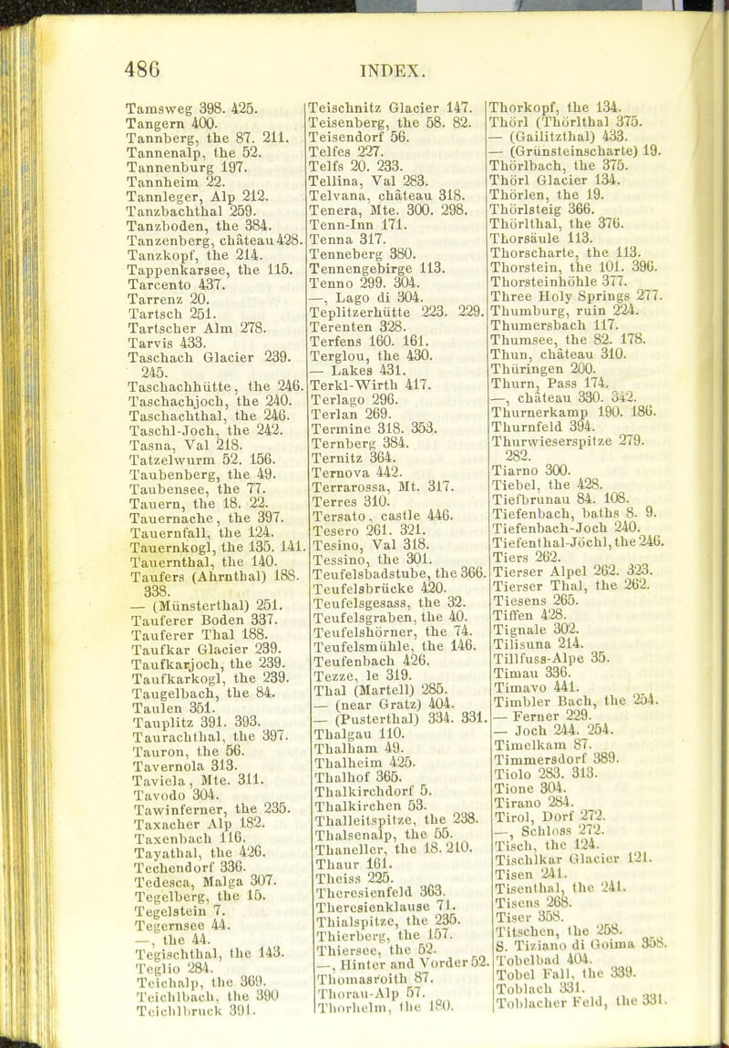 Tamsweg 398. 425. Tangern 400. Tannberg, the 87. 211. Tannenalp, the 52. Tannenburg 197. Tannheim 22. Tannleger, Alp 212. Tanzbachthal 259. Tanzboden, the 384. Tanzenberg, chateau428. Tanzkopf, the 214. Tappenkarsee, the 115. Tarcento 437. Tarrenz 20. Tartsch 251. Tartscher Aim 278. Tarvis 433. Taschach Glacier 239. 245. Taschachhiitte, the 246. Taschachjoch, the 240. Taschachthal, the 246. Taschl-Joch, the 242. Tasna, Val 218. Tatzelwurm 52. 156. Taubenberg, the 49. Taubensee, the 77. Tauern, the 18. 22. Tauernache, the 397. Tauernfall, the 124. Tauernkogl, the 135. 141, Tauernthal, the 140. Taufers (Ahrnthal) 188. 338. — (Munsterthal) 251. Tauferer Boden 337. Tauferer Thai 188. Taufkar Glacier 239. Taufkarjoch, the 239. Taufkarkogl, the 239. Taugelbach, the 84. Taulen 351. TaupUtz 391. 393. Taurachthal, the 397. Tauron, the 56. Tavernola 313. Tavicla, Mtc. 311. Tavodo 304. Tawinferner, the 235. Taxacher Alp 182. Taxenbach 116. Tayathal, the 426. Techendorf 336. Tede.sca, Malga 307. Tegclberg, the 15. Tegelstein 7. Tegernsec 44. —, the 44. Tegischthal, the 143. Teglio 284. Tcichalp, the 369. Tcichlbach, the 390 Tciclill.ruck 391. Teischnitz Glacier 147. Teisenberg, the 58. 82. Teisendorf 56. Telfes 227. Telfs 20. 233. Tellina, Val 283. Telvana, chateau 318. Tenera, Mte. 300. 298. Tenn-Inn 171. Tenna 317. Tenneberg 380. Tennengebirge 113. Tenno 299. 304. —, Lago di 304. Teplitzerhutte 223. 229 Terenten 328. Terfens 160. 161. Terglou, the 430. — Lakes 431. Terkl-Wirth 417. Terlago 296. Terlan 269. Termine 318. 353. Ternberg 384. Ternitz 364. Ternova 442. Terrarossa, Mt. 317. Terres 310. Tersato, caslle 446. Tesero 261. 321. Tesino, Val 318. Tessino, the 301. Teufelsbadstube, the 366. Teufelsbrucke 420. Teufelsgesass, the 32. Teufelsgraben, the 40. Teufelshiirner, the 74. Teufelsmiihle, the 146. Teufenbach 426. Tezze, le 319. Thai (Martell) 285. — (near Gratz) 404. — (Pusterthal) 334. 331. Thalgau 110. Thalham 49. Thalheim 425. Thalhof 365. Thalkirchdorf 5. Thalkirchen 53. Thalleitspitze, the 238. Tlial.'senalp, the 55. Thanellcr, the 18.210. Thaur 161. ThcLs.s 225. Theresienfcld 363. Thercsienklauae 71. Thialspitzc, the 235. Thicrberg, the 157. Thierscc, the 52. —, Hinlcr and Vorder52 Tluiniaaroith 87. Thiu-au-Alp 57. Thnrhelm, the ISO. Thorkopf, the 134. Thorl (Thfirlthal 375. (Gailitzlhal) 433. — (Griinsleinscharte) 19. Thorlbach, the 375. Thorl Glacier 134. Thorlen, the 19. Thorlsteig 366. Thorlthal, the 376. Thorsiiule 113. Thorscharte, the 113. Thorstein, the 101. 396. Thorsteinhohle 377. Three Holy Springs 277. Thumburg, ruin 224. Thumersbach 117. Thumsee, the 82. 178. Thun, chateau 310. Thuringen 200. Thurnj Pass 174. ^ —, chateau 330. 342. Thurnerkamp 190. 186. Thurnfeld 394. Thurvvieserspitze 279. 282. Tiarno 300. Tiebel, the 428. Tiefbrunau 84. 108. Tiefenbach, baths 8. 9. Tiefenbach-Joch 240. Tiefenlhal-J6chl,the246. Tiers 262. Tierser Alpel 262. 323. Tierser Thai, the 262. Tiesens 265. Tiffen 428. Tignale 302. Tilisuna 214. Till fuss-Alpe 35. Timau 336. Timavo 441. Timbler Bach, the 254. — Ferner 229. — Joch 244. 254. Timelkam 87. Timmersdorf 389. Tiolo 283. 313. Tione 304. Tirano 284. Tirol, Dorf 272. Schloss 272. Tisch, the 124. Tischlkar Glacier 121. Tisen 241. Tisenthal, the 241. Tiscns 268. Tisei- 358. Titschen, I he 258. S. Tiziano di Goiina 358. Tobclbad 404. Tobel Fall, the 339. Toblach 331. Tol)lacher Feld, the 331.