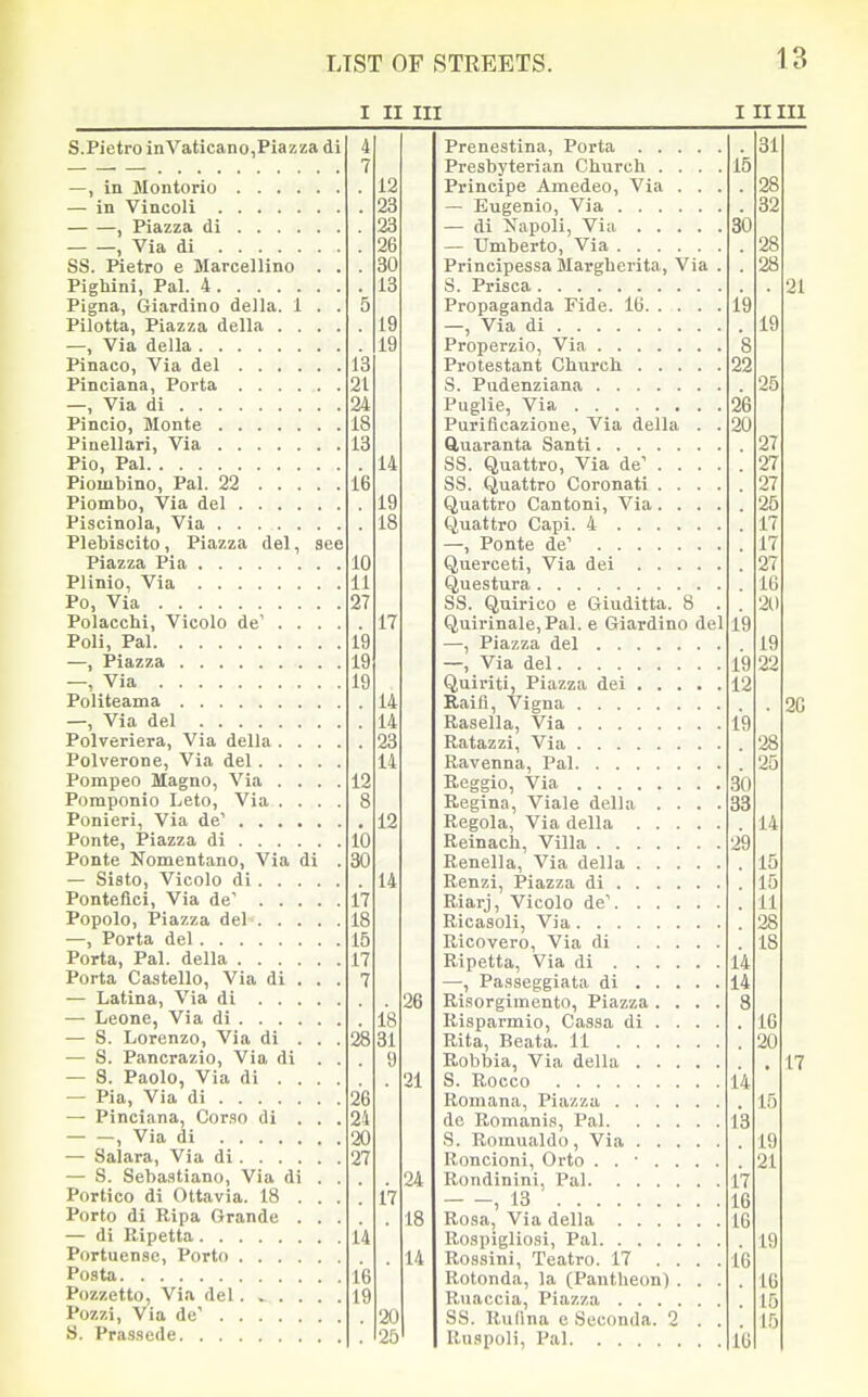 I II III 111 III S.Pietro in Vaticano,Piazza di —, in Montorio — in Vincoli , Piazza di , Via di SS. Pietro e Marcellino . Pighini, Pal. 4 Pigna, Giardino della. 1 . Pilotta, Piazza della . . . —, Via della Pinaco, Via del Pinciana, Porta —, Via di Pincio, Monte Pinellari, Via Pio, Pal Piombino, Pal. 22 .... Piombo, Via del Piscinola, Via Plebiscito, Piazza del, see Piazza Pia Plinio, Via Po, Via Polacchi, Vicolo de' . . . Poll, Pal —, Piazza —, Via Politeama —, Via del Polveriera, Via della . . . Polverone, Via del.... Pompeo Magno, Via . . . Pomponio Leto, Via . . . Ponieri, Via de' Ponte, Piazza di Ponte Nomentano, Via di — Sisto, Vicolo di . . . . Pontefici, Via de' .... Popolo, Piazza del . . . . —, Porta del Porta, Pal. della Porta Castello, Via di . . — Latina, Via di .... — Leone, Via di — S. Lorenzo, Via di . . ■— S. Pancrazio, Via di . — S. Paolo, Via di . . . — Pia, Via di — Pinciana, Cor.so di . . — —, Via di — 8al<ara, Via di — S. Sebastiano, Via di . Portico di Ottavia. 18 . . Porto di Ripa Grande . . — di Ripetta Portuense, Porto Posta Pozzetto, Via del Pozzi, Via de' S. Prassede 16 28 14 17 12 14 17 Prenestina, Porta Presbyterian Church . . . . Principe Amedeo, Via . . . — Eugenio, Via — di Napoli, Via — Umberto, Via Principessa Margherita, Via . S. Prisca Propaganda Fide. IB —, Via di Properzio, Via Protestant Church S. Pudenziana Puglie, Via Purificazione, Via della . . ftuaranta Santi SS. Quattro, Via de'' . . . . SS. Quattro Coronati . . . . Quattro Cantoni, Via. . . . Quattro Capi. 4 —, Ponte de' Querceti, Via dei Questura SS. Quirico e Giuditta. 8 . Quirinale,Pal. e Giardino del —, Piazza del — Via del Quiriti, Piazza dei Raifl, Vigna Rasella, Via Ratazzi, Via Ravenna, Pal Reggio, Via Regina, Viale della . . . . Regola, Via della Reinach, Villa Renella, Via della Renzi, Piazza di Riarj, Vicolo de' Ricasoli, Via Ricovero, Via di Ripetta, Via di —, Passeggiata di Risorgimento, Piazza .... Risparmio, Cassa di . . . . Rita, Beata. 11 Robbia, Via della S. Rocco Romana, Piazza de Romanis, Pal S. Romualdo, Via Roncioni, Orto Rondinini, Pal — - 13 Rosa, Via della Rospigliosi, Pal Rossini, Teatro. 17 . . . . Rotonda, la (Pantheon) . . . Ruaccia, Piazza SS. RuPina e Seconda. 2 . . Ruspoli, Pal 31 28 32 28 28 19 21 19 22 25 26 20 19 27 27 27 25 17 17 27 IG 20 19 22 19 2G 28 25 30 33 29 14 15 15 11 28 18 14 14 8 16 20 17 15 19 21 16 16 19 16 15 15