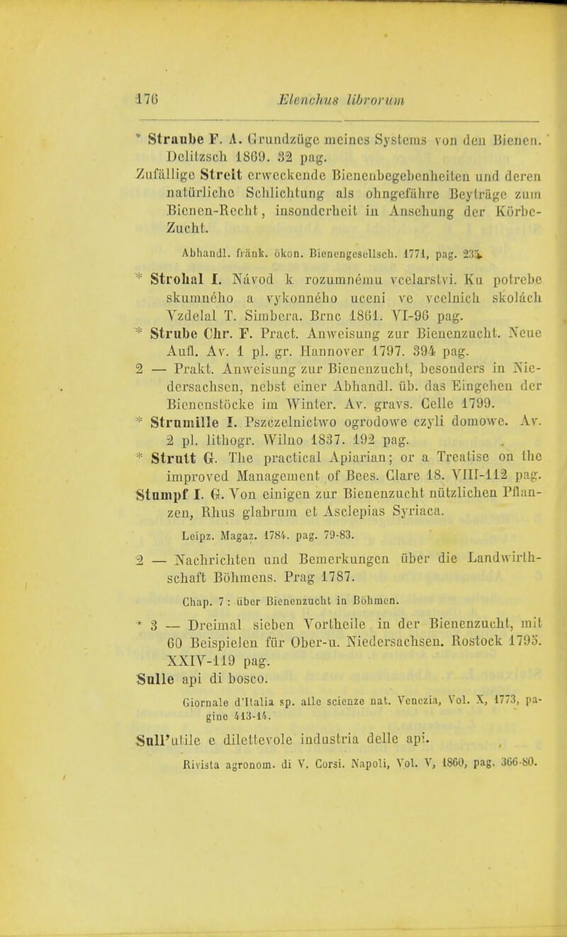 ' Straube F. A. Grundzuge mcincs Systems von deii Bienen. ' Delitzscli 1869. 32 pag. ^ufiilligc Strelt crwcckcnde BieneaLegehenheilen und dereii natiirlichc Schlichtung als ohngelahre Beylriige zurn Bicncn-Rccht, insoudcrbciL iu Ansehung dcr KOrbc- Zucht. Abhandl. fiank. òkon. Biencngcscllsch. 1771, pag. 23* * Strohal I. Nàvod k rozumnému vcelarstvi. Ku poti'ebe skurauébo a vykonnébo uceui xa A'celoicb skolacb Vzdelal T. Simbcra. Bnic 1861. VI-96 pag. * Strube CJir. F. Pract. Auweisuiig zur Bieuenzucbt. Xeue Aufl. Av. 1 pi. gr. Hannover 1797. 394 pag. 2 — Prakt. Anweisuug zar Bieuenzucbt, besouders in Isic- dersacbscn, ncbst einer Abhandl. iib. das Eingebeu der Biencustòcke im Wiuter. Av. gravs. Celle 1799. * Stramille I. Pszczelnictwo ogrodowe czyli domowe. Av. 2 pi. Jitbogr. Wiluo 1837. 192 pag. * Strult G. Tbe practical Apiarian; or a Trealise on the improved Management of Bees. Giare 18. VIir-112 pag. Stainpf I. G. Von eiuigen zur Bienenzucht nùtzlicben Pflan- zeu, Rbus glabrum et Asciepias Syriaca. Lcipz. Magaz. 1784. pag. 79-83. 2 — Nacbricliten und Beraerkungen ùber die Land\vù-th- scbaft Bobmens. Prag 1787. Chap. 7 : iiber Bienenzucht in Bòhmcn. ■* 3 — Dreimal sieben Vortbelle iu der Bienenzucht, mit 60 Beispielen fiir Ober-u. Niedersacbsen. Rostock 179o. XXIV-119 pag. Sulle api di bosco. Giornale d'Italia sp. alle scienze nat. Venezia, Voi. X, 1773, pa- gine 413-14. Salpatile e dilettevole industria delle api. Rivista agronom. di V. Corsi. Napoli, Voi. V, 1860, pag. 366-80.