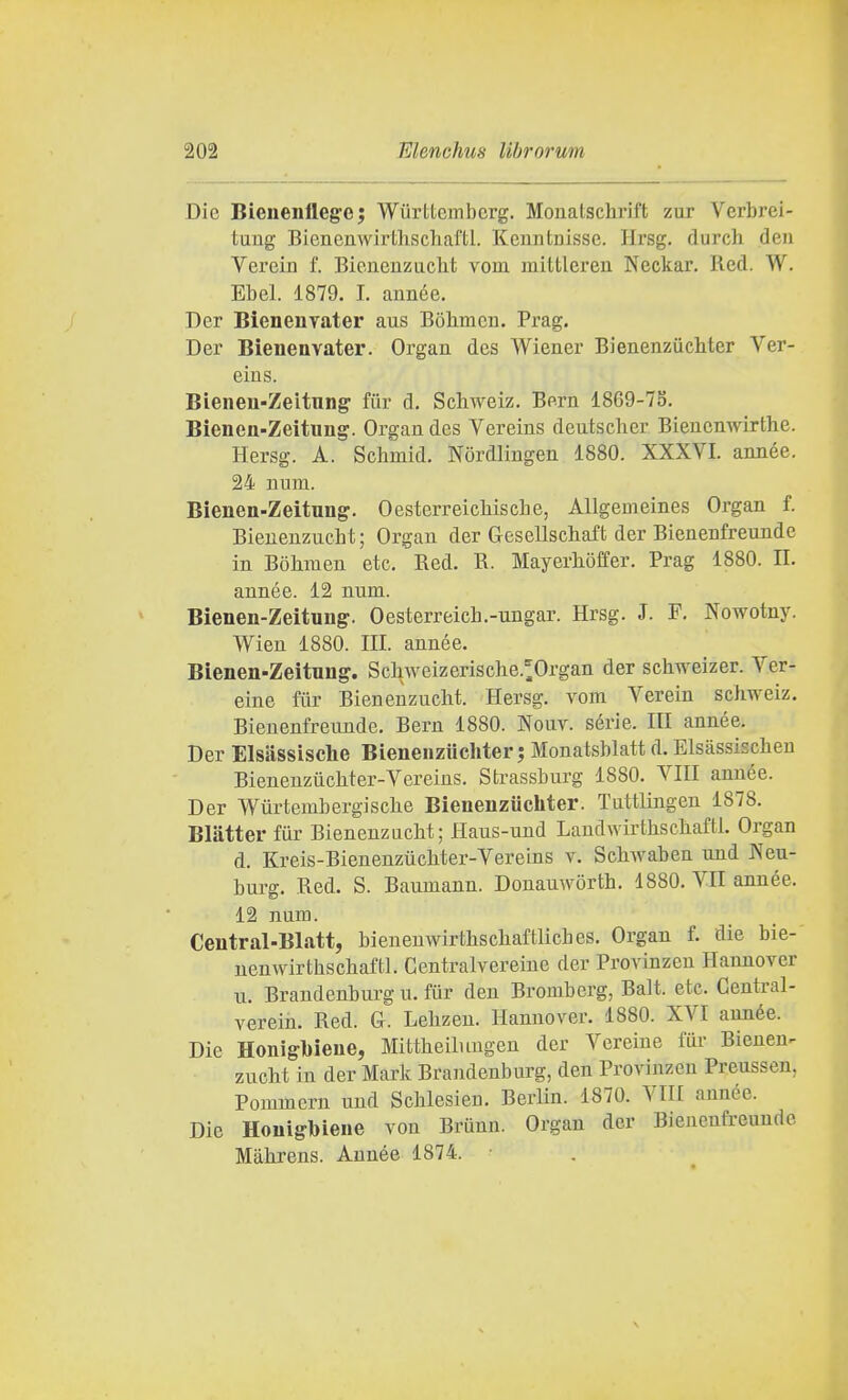 Die Bienenflege; Wurttemberg. Monatschrift zur Verbrei- taiig Bienenwirtlischal'tl. Kenntnisse. Hrsg. durch den Verein f. Bienenzucht vom mittlcren Neckar, Red. W. Ebel. 1879. T. année. Der Bienenyater aus Bohmcu. Prag. Der Bienenvater. Organ des Wiener BienenziicMer Ver- eins. Bienen-Zeitun^ fiir d. Scliweiz. Bern 1869-78. Bienen-Zeitiing. Organ des Vereins deatscher Bienenwirthe. Hersg. A. Schmid. Nòrdlingen 1880. XXXVI. année. 24 num. Bienen-Zeitung. Oesterreicliiscbe, Allgemeines Organ f. Bienenzucbt; Organ der Gesellscliaft der Bienenfrennde in Bòh.men etc. Red. R. Mayerhoffer. Prag 1880. II. année. 12 num. Bienen-Zeitung-. Oesterreich.-ungar. Hrsg. J. F. Nowotny. Wien 1880. III. année. Bienen-Zeitung. Scliweizerische.^Organ der schweizer. Ver- eine fiir Bienenzucht. Hersg. vom Verein sckweiz. Bienenfreunde. Bern 1880. Nouv. sèrie. Ili année. Der Elsassische Bienenziicliter ; Monatsblatt d. Elsàssischen Bienenziichter-Vereins. Strassburg 1880. Vili année. Der Wiirtembergische Bienenziicliter. Tuttlingen 1878. Blatter fur Bienenzucht; Haus-und Laudwirthschafti. Organ d. Kreis-Bienenziichter-Vereins v. Schwaben und Neu- burg, Red. S. Baumann. Donauwòrth. 1880. VE année. 12 num. Central-Blatt, bienenwirthschaftliches. Organ f. die bie- uenwirthschaftl. Centralvereine der Provinzen Hannover u. Brandenburg u. fur den Bromberg, Balt. etc. Central- verein. Red. G. Lehzen. Hannover. 1880. XVI année. Die Honìgbieue, Mittheilungen der Vereine fur Bieneu^ zucht in der Mark Brandenburg, den Provinzen Preussen, Pommern und Schlesien. Berlin. 1870. VIH aunée. Die Honigbiene vou Brunn. Organ der Bienenfreunde Màhrens. Année 1874.