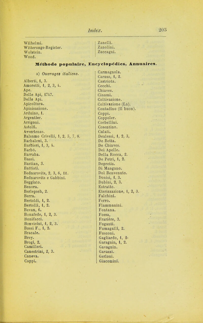 Wilhelmi. Wilterungs-Register. Wolstein. Wood. Méthode popnlaire, a) Ouvrages italiens. Alberti, 1, 3. Amoretti, l, 2, 3, 4. Ape. Delle Api, 1747. Delle Api, Apicoltura. Apinisazione. Arduino, 1. Argenlier. Arrigoni, Astollì. Arvertenze. Balsamo Crivelli, 1, 2, 5, 7, 8. Barbaleni, 3. Barbieri, 1, 3, 4. Barbò. Barraba. Bassi. Bastian, 3. Battisti. Bednarovits, 2, 3, 6, 11. Bednarovits e Uabbini. Beggiato. Benora. Berlepsch, 2. Berrà. Bertoldi, 1, 2. Bertoni, 1, 2. Bcvan, 6. Bonafede, 1, 2, 3. Bonifacci. Bonvicini, 1, 2, 3. Bossi F., 1, 2. Bracale. Brey. Brogi, 2. Gamilleri. Canestrini, 2, 3. Caneva. Cappi. ZancUi. Zanolini. Zuccagni. ucyclopédies, Annuaires. Carmagnola. Caruso, 1, 2. Castriota. Cecchi. Chiaves. Cinami. Coltivazione. Coltivazione (La). Contadino (Il buon). Coppi. Coppoler. Corbellini. Cosentino. Culati. Dealessi, 1, 2, 3, De Betta. De Chiaves. Dei Apelle. Della Rocca, 2. De Petri, 1, 2, Depretis. Di Mangano. Dol Benvenuto. Donisi, 1, 3. Dubini, 2, 3. Estratto. Eterizzazione, 1, 2, 3. Falchini. Ferro. Flammanini. Fontana. Fossa, : Frarière, 3. Fuganti. Fumagalli, 2. Fusconi. Gagliardo, 1, 2- Garagnin, 1, 2. Gavagnin. Gavazzi. Gerloni. Giacominì.