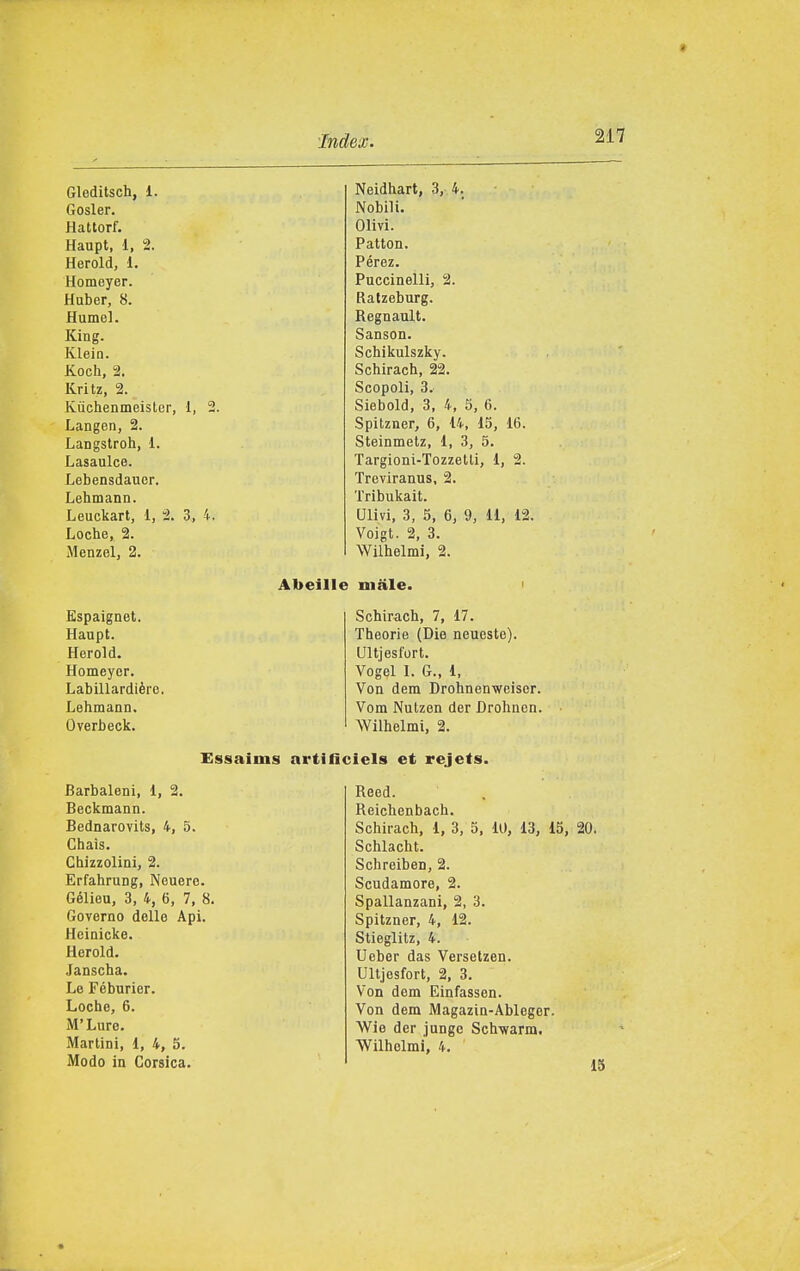 Gleditsch, 1. Neidhart, 3, 4. Gosler. Nobili. Hattorf. Olivi. Haupt, 1, 2. Patton. Herold, 1. Pérez. Homeyer. Puccinelli, 2. Huber, 8. Ralzeburg. Humel. Regnault. King. Sanson. Kleio. Schikulszky. Koch, 2. Schirach, 22. IVrilZ, Ji, U U LJ U J. .1 j Ki m Kùchenmeisler, 1, 2. Siebold, 3, 4, 5, 6. Langen, 2. Spilzner, 6, 14, 15, 16. Langstroh, 1. Steinmetz, 1, 3, 5. Lasaulce. Targioni-Tozzetli, 1, 2. Lebensdauer. Treviranus, 2. Lehmann. Tribukait. Leuckart, 1, 2. 3, 4. Ulivi, 3, 5, 6, 9, 11, 12 Loche, 2. Voigt. 2, 3. Menzel, 2. Wilhelmi, 2. Abeille male. ' Espaignet. Schirach, 7, 17. Haupt. Theorie (Die neueste). Herold. Ultjesfort. Homeyor. Vogel I. G., 1, Labillardière. Von dem Drohnenweiscr. Lehmann. Vom Nutzen der Drohncn. Overbeck. Wilhelmi, 2. Essaims artilìciels et rejets. Reed. Reichenbach. Schirach, 1, 3, 5. 10, 13, 15, 20. Schlacht. Schreiben, 2. Scudamore, 2. Spallanzani, 2, 3. Spitzner, 4, 12. Stieglitz, 4. Ueber das Versetzen. Ultjesfort, 2, 3. Von dem Einfassen. Von dem Magazin-Ableger. Wie der jungc Sch-warm. Wilhelmi, 4. Barbaleni, 1, 2. Beckmann. Bednarovits, 4, 5. Chais. Chizzolini, 2. Erfahrung, Neuere. Gélieu, 3, 4, 6, 7, 8. Governo delle Api. Heinicke. Herold. .Fanscha. Le Féburier. Loche, 6. M'Lure. Martini, 1, 4, 5. Modo in Corsica.