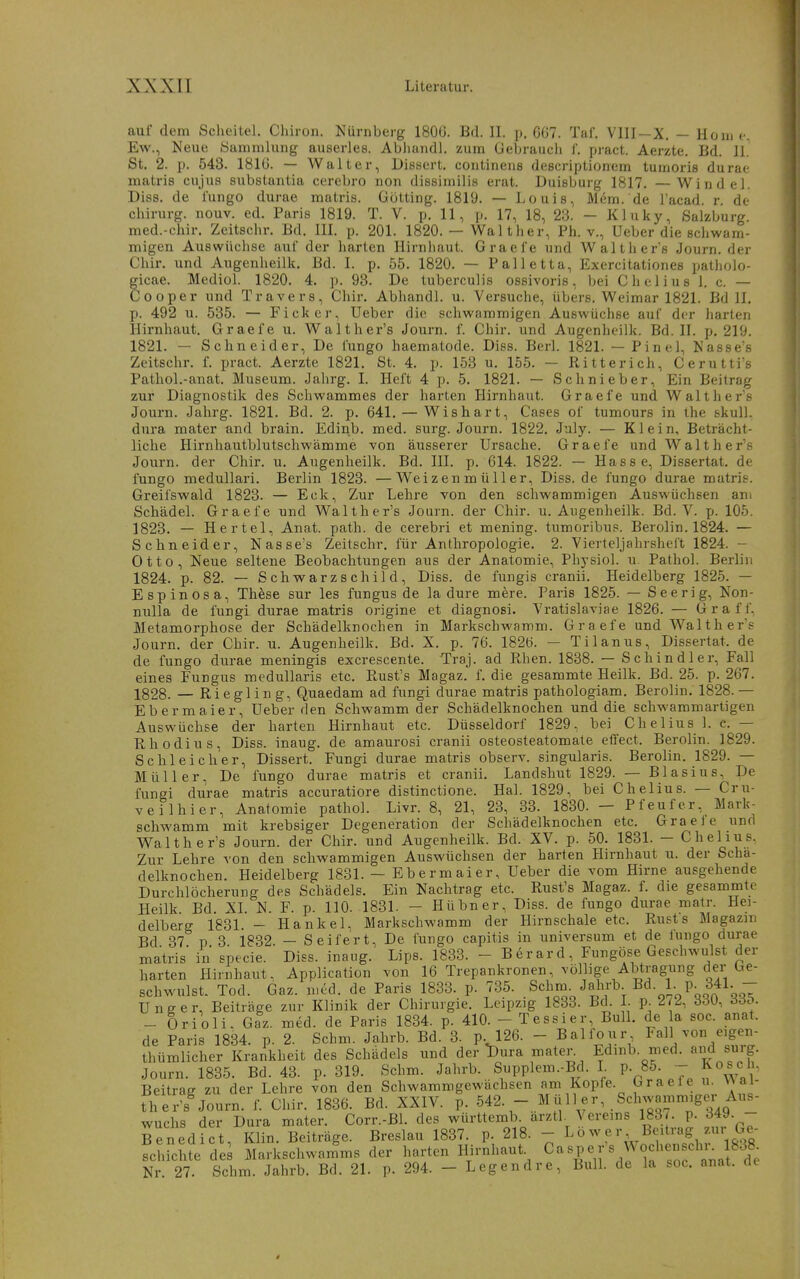 auf dem Scheitel. Chiron. Nürnberg 1800. Bd. II. p, 607. Taf. VIII —X. — Honi Ew., Neue yammlung auserles. Abhandl. zum Gebrauch f. pract. Aerzte. Bd. 11 St. 2. p. 543. 1810. — Walter, Dissert. continens deecriptionem tumoris du rar matris cujus substantia cerebro non dissimilis erat. Duisburg 1817. —Windel. Diss. de l'ungo durae matris. Gotting. 1819. — Louis, Mem. de Tacad. r. de Chirurg, nouv. ed. Paris 1819. T. V. p. 11, p. 17, 18, 23. - Kluky, Salzburg, med.-chir. Zeitschr. Bd. IIL p. 201. 1820. — Wal t her, Ph. v., Ueber die schwam- migen Auswüchse auf der harten Hirnhaut. Graefe und Walthers Journ. der Chir. und Augenheilk. Bd. I. p, 55. 1820. — Palletta, Exercitationes patholo- gicae. Mcdiül. 1820. 4. p. 93. De tuberculis ossivoris, bei Chelius 1. c. — Cooper und Travers, Chir. Abhandl. u. Versuche, übers. Weimar 1821. Bd 11. p. 492 u. 535. — Fickcr, Ueber die schwammigen Auswüchse auf der harten Hirnhaut. Graefe u. Walthei-'s Journ. f. Chir. und Augenheilk. Bd. II. p. 219. 1821. — Schneider, De fungo haematode. Diss. Berl. 1821. — Pinel, Nasse's Zeitschr. f. pract. Aerzte 1821. St. 4. p. 153 u. 155. — Ritt er ich, Cerutti's Pathol.-anat. Museum. Jahrg. I. Heft 4 p. 5. 1821. — Schnieber, Ein Beitrag zur Diagnostik des Schwammes der harten Hirnhaut. Graefe und Walthers Journ. Jahrg. 1821. Bd. 2. p. 641. — Wishart, Cases of tumours in the skull, dura mater and brain. Edinb. med. surg. Journ. 1822. July. — Klein, Beträcht- liche Hirnhautblutschwämme von äusserer Ursache. Graefe und Waith er's Journ. der Chir. u. Augenheilk. Bd. III. p. 614. 1822. — Hasse, Dissertat. de fungo medullär!. Berlin 1823. —Weizen m ü 11 er, Diss.de fungo durae matrie. Greifswald 1823. — Eck, Zur Lehre von den schwammigen Auswüchsen ani Schädel. Graefe und Walther's Journ. der Chir. u. Augenheilk. Bd. V. p. 105. 1823. — Hertel, Anat. path. de cerebri et mening. tumoribus. Berolin. 1824. — Schneider, Nasse's Zeitschr. für Anthropologie. 2. Vierteljahrsheft 1824. - Otto, Neue seltene Beobachtungen aus der Anatomie, Physiol. u. Pathol. Berlin 1824. p. 82. — Schwarzschild, Diss. de fungis cranii. Heidelberg 1825. — Espinosa, These sur les fungus de la dure mere. Paris 1825. — Seerig, Non- nulla de fungi durae matris origine et diagnosi. Vratislaviae 1826. — Gr äff, Metamorphose der Schädelknochen in Markschwamm. Graefe und Walther's Journ. der Chir. u. Augenheilk. Bd. X. p. 76. 1826. — Tilanus, Dissertat. de de fungo durae meningis excrescente. Traj. ad Rhen. 1838. — Schindler, Fall eines Fungus medullaris etc. Rust's Magaz. f. die gesammte Heilk. Bd. 25. p. 267. 1828. — Riegling, Quaedam ad fungi durae matris pathologiam. Berolin. 1828. — Ebermaier, Ueber den Schwamm der Schädelknochen und die schwammartigen Auswüchse der harten Hirnhaut etc. Düsseldorf 1829, bei Chelius 1. c. — Rhodius, Diss. inaug. de amaurosi cranii osteosteatomate etfect. Berolin. 1829. Schleicher, Dissert. Fungi durae matris observ. singularis. Berolin. 1829. — Müller, De fungo durae matris et cranii. Landshut 1829. — Blasius, De fungi durae matris accuratiore distinctione. Hai. 1829, bei Chelius. — Cru- veilhier, Anatomie pathol. Livr 8, 21, 23, 33. 1830. - Pfeufer, Mark- schwamm mit krebsiger Degeneration der Schädelknochen etc. Graele und Walther's Journ. der Chir. und Augenheilk. Bd. XV. p. 50. 1831. - Chelius. Zur Lehre von den schwammigen Auswüchsen der harten Hirnhaut u. der Scha- delknochen. Heidelberg 1831. — Ebermaier, Ueber die vom Hirne ausgehende Durchlöcherung des Schädels. Ein Nachtrag etc. Rust's Magaz. f. die gesammte Heilk Bd. XL N. F. p. 110. 1831. - Hübner, Diss. de fungo durae matr. Hei- delberg 1831. - Hankel. Markschwamm der Hirnschale etc. Rusts Magazin Bd 37 p 3 1832 — Seifert, De fungo capitis in Universum et de fungo durae matris in specie. Diss. inaug. Lips. 1833. - Berard, Fungöse Geschwulst der harten Hirnhaut, Application von 16 Trepankronen, völlige Abtragung der Ge- schwulst. Tod. Gaz. n,td. de Paris 1833. p. 735. Schm. Jahrb Bd. 1. p_341. - Unser, Beiträge zur Klinik der Chirurgie. Leipzig 1833. Bd. I. p 272, 330, 66Ö. - Orioli- Gaz. med. de Paris 1834. p. 410. - Tessier, BulL de a soc. anat. de Paris 1834. p. 2. Schm. Jahrb. Bd. 3. p. 126. - Balfour Fall von eigen- thümlicher Krankheit des Schädels und der ^Dura mater. Edmb. med. and sjijg. Journ. 1835. Bd. 43. p. 319. Schm. Jahrb. Supplem.-Bd. I P- 85- - ^o^cü^ Beitrae zu der Lehre von den Schwammgewächsen am Kopfe. Graeie u. v^al- rh er s^ourn. f. Chir. 1836. Bd. XXIV. p. 542. - Müll er, Schwammige^^^^^^^^ wuchs der Dura mater. Corr-Bl. des württemb. arztl. Vereins 183 . P- ^f«. - Benedict Klin Beiträge. Breslau 1837. p. 218. - Lower, Beitrag zur Ge- fCrchfe de; Markschwam'ms der harten Hirnhaut^ ^« ^^if'sö^ anaf t Nr. 27. Schm. Jahrb. Bd. 21. p. 294. - Legendre, BulL de la soc. anat. de