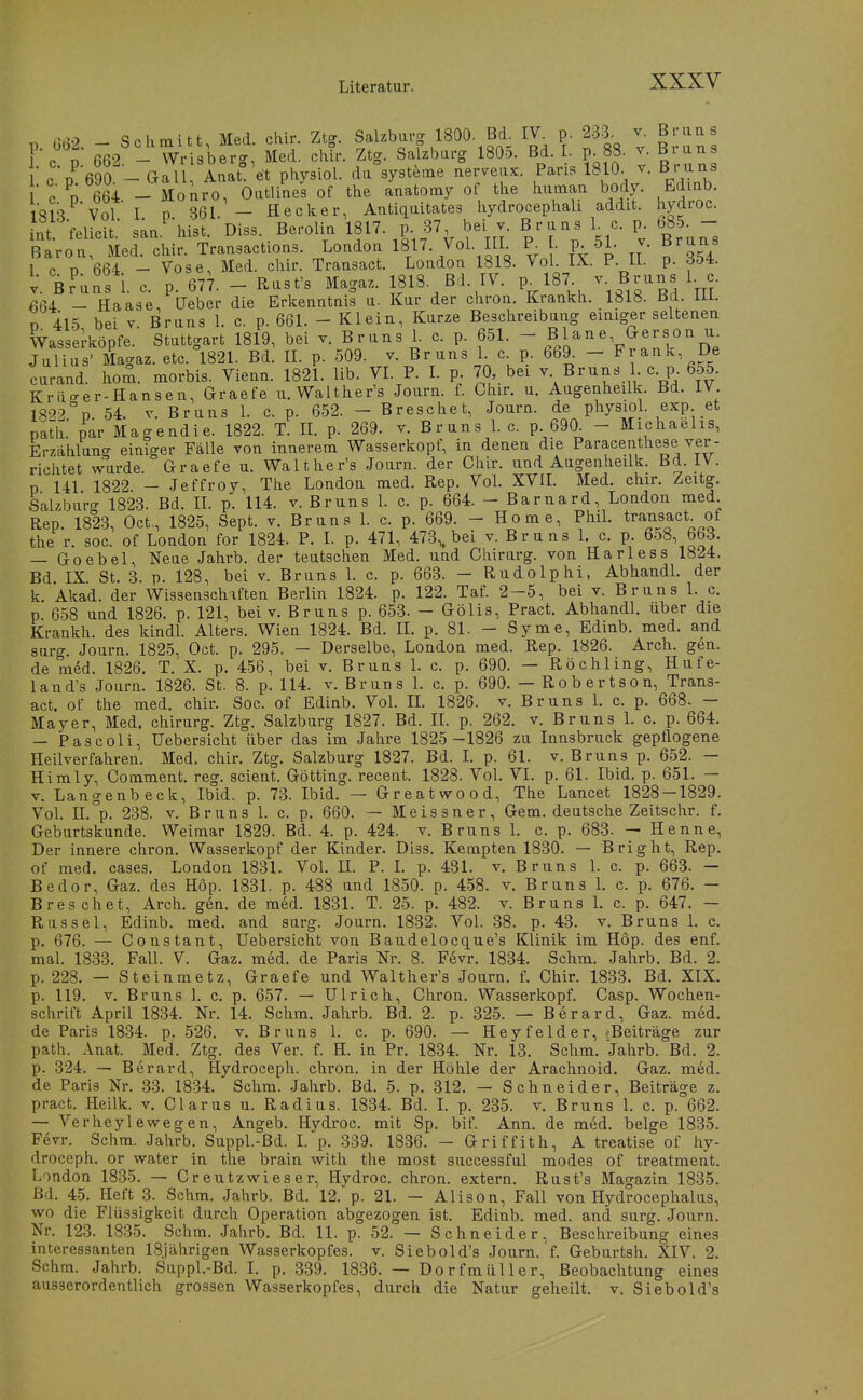 .vo cinhmitt Med chir. Zt''. Salzburg 1800. Bd. IV. p. 233. v. Bruns F'c p 6I2 - m-i bfig, ed! chir. Ztg. Salzbarg 1805. Bd. I. p^88. v. Bruns • c 690 - Gal Aaat°^et physiol. du°systöme nerveux. Paris 1810^ v. Bruns C D 664 - Monro, Oatlines of the anatomy of tlie human body. Edinb. iqi''^ Vol I D 361 - Hecker, Antiquitates hydrocephali addit. hydroc. nt'\nc?;.- san.'-his$. Diss. Beroün 1817. p 37 bei v. Bruns L c. p 68^- Baron, Med. chir. Transactions. London 1817 VoL III R . p. 51. v. Bruns 1 p n 664 - Vose, Med. chir. Transact. London 1818. Vol. IX. P. IL p. V Br'uSs L c. p. 677. - Rast's Magaz. 1818. Bd. IV. p^ 187^ ^RV'Z m 664 - Haase, Ueber die Erkenntnis u. Kur der chron. Krankh. 1818. Bd. ill. n 415 bei v. Bruns L c. p. 661. - Klein, Kurze Beschreibung einiger seltenen Wassel-köpfe. Stuttgart 1819, bei v. Bruns 1. c. p. 651. - ^«V?!nl''''ne Julius' Magaz. etc. 1821. Bd. IL p. 509. v. Bruns 1 c p. 669. - Frank, De curand. hom. morbis. Vienn. 1821. lib. VI. P. L p 70, bei v Bruns 1 c. p. 655. K rii<^er-Hans e n, Graefe U.Wal ther's Journ. f. Chir. u. Augenheilk. Bd. IV 18^2°p 54. V. Bruns L c. p. 652. - Breschet, Journ. de physioL exp et path! par Magendie. 1822. T. IL p. 269. v. Bruns L c. p. 690. - Michaelis, Erzählung einiger Fälle von innerem Wasserkopf, in denen die Paracenthese ver- richtet wurde, araefe u. Walther's Joarn. der Chir. und Augenheilk. Bd. IV. p 141 1822 - Jeffroy, The London med. Rep. Vol. XVIL Med. chir. Zeitg. Salzburg 1823. Bd. IL p. 114. v. Bruns L c. p. 664. - Bar na rd, London med. Rep. 1823, Oct, 1825, Sept. v. Bruns L c. p. 669. - Home, PhiL transact^ of the r. soc. of London for 1824. P. L p. 471, 473,. bei v. Bruns L c. p. 658, 663. — Goebel, Neue Jahrb. der teutschen Med. und Chirurg, von Harless 1824. Bd IX St. 3. p. 128, bei v. Bruns 1. c. p. 663. — Rudolphi, AbhandL der k Akad. der Wissenschiften Berlin 1824. p. 122. Taf. 2-5, bei v. Bruns 1. c. p 658 und 1826. p. 121, bei v. Bruns p. 653. — Gölls, Pract. Abhandl. über die krankh. des kindl. Alters. Wien 1824. Bd. II. p. 81. - Syme, Edinb. med. and surg Journ. 1825, Oct. p. 295. — Derselbe, London med. Rep. 1826. Arch. gen. de med. 1826. T. X. p. 456, bei v. Bruns L c. p. 690. — Röchling, Hufe- land's Journ. 1826. St. 8. p. 114. v. Bruns 1. c. p. 690. — Robertson, Trans- act. of the med. chir. Soc. of Edinb. Vol. IL 1826. v. Bruns L c. p. 668. — Mayer, Med. chirurg. Ztg. Salzburg 1827. Bd. IL p. 262. v. Bruns L c. p. 664. — Pas coli, Uebersicht über das im Jahre 1825-1826 zu Innsbruck gepflogene Heilverfahren. Med. chir. Ztg. Salzburg 1827. Bd. L p. 61. v. Bruns p. 652. — Himly, Comment. reg. scient. Götting. recent. 1828. Vol. VI. p. 61. Ibid. p. 651. — V. Langenbeck, Ibid. p. 73. Ibid. — Greatwood, The Lancet 1828-1829. Vol. II. p. 238. V. Bruns 1. c. p. 660. — Meissner, Gem. deutsche Zeitschr. f. Geburtskunde. Weimar 1829. Bd. 4. p. 424. v. Bruns L c. p. 683. — Henne, Der innere chron. Wasserkopf der Kinder. Diss. Kempten 1830. — Bright, Rep. of med. cases. London 1831. VoL IL P. L p. 431. v, Bruns 1. c. p. 663. — Bedor, Gaz. des Hop. 1831. p. 488 und 1850. p. 458. v. Bruns L c. p. 676. - Breschet, Arch. gen. de med. 1831. T. 25. p. 482. v. Bruns L c. p. 647. - Rüssel, Edinb. med. and surg. Journ. 1832. Vol. 38. p. 43. v. Bruns 1. c. p. 676. — Constant, Uebersicht von Baudelocque's Klinik im Hop. des enf. mal. 1833. Fall. V. Gaz. med. de Paris Nr. 8. Fevr. 1834. Sclim. Jahrb. Bd. 2. p. 228. — Steinmetz, Graefe und Walther's Journ. f. Chir. 1833. Bd. XIX. p. 119. V. Bruns 1. c. p. 657. — Ulrich, Chron. Wasserkopf. Casp. Wochen- schrift April 1834. Nr. 14. Schm. Jahrb. Bd. 2. p. 325. — Berard, Gaz. med. de Paris 1834. p. 526. v. Bruns 1. c. p. 690. — Heyfelder, (Beiträge zur path. x^inat. Med. Ztg. des Ver. f. H. in Pr. 1834. Nr. 13. Schm. Jahrb. Bd. 2. p. 324. — Berard, Hydroceph. chron. in der Höhle der Arachnoid. Gaz. m6d. de Paris Nr. 33. 1834. Schm. Jahrb. Bd. 5. p. 312. — Schneider, Beiträge z. pract. Heilk. v. Clarus u. Radius. 1834. Bd. L p. 235. v. Bruns 1. c. p. 662. — Verheylewegen, Angeb. Hydroc. mit Sp. bif. Ann. de med. beige 1835. F6vr. Schm. Jahrb. Suppl.-Bd. L p. 339. 1836. - Griffith, A treatise of hy- droceph. or water in the brain with the most successful modes of treatment. London 1835. — Creutzwieser, Hydroc. chron. extern. Rust's Magazin 1835. Bd. 45. Heft 3. Schm. Jahrb. Bd. 12. p. 21. - Alison, Fall von Hydrocephalas, wo die Flüssigkeit durch Operation abgezogen ist. Edinb. med. and surg. Journ. Nr. 123. 1835. Schm. Jahrb. Bd. 11. p. 52. — Schneider, Beschreibung eines interessanten ISjährigen Wasserkopfes, v. Siebold's Journ. f. Geburtsh. XIV. 2. Schm. Jahrb. Suppl.-Bd. 1. p. 339. 1836. — Dorfmüller, Beobachtung eines ausserordentlich grossen Wasserkopfes, durch die Natur geheilt, v. Siebold's