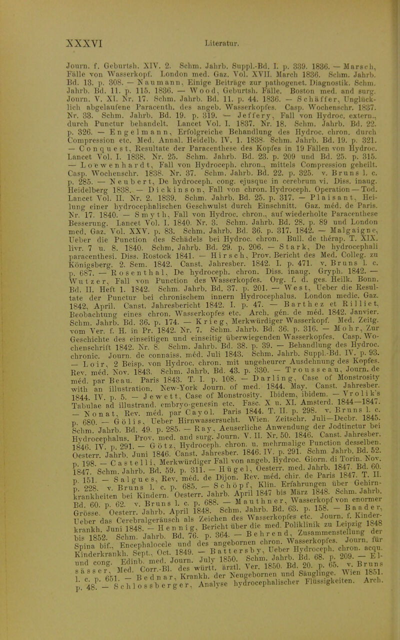 Journ, f. Gobiirts;li. XIV. 2. Schm. Jahrb. Siiitpl.-Bd. I. p. 339. 1836. — Mars eh, Fälle von Wasserkopf. London med. Gaz. Vol. XVIL March 1836. Schm. Jahrb. Bd. 13. p. 308. — Naumann, Einige Beiträge zur pathogenet. Diagnostik. Schm. Jahrb. Bd. 11. p. 115. 1836. — Wood, Geburtsh. Fälle. Boston med. and surg. Journ. V. XL Nr. 17. Schm. Jahrb. Bd. 11. p. 44. 1836. - Schäi'fer, Unglück- lich abgelaul'ene Paracenth, des angeb. Wasserkopfes. Casp. Wochenschr. 1837. Nr. 33. Schm. Jahrb. Bd. 19. p. 319. — Jeffery, Fall von Hydroc. extern., durch Punctur behandelt. Lancet Vol. I. 1837. Nr. 18. Schm. Jahrb. Bd. 22. p. 326. — Engel mann, Erfolgreiche Behandlung des Hydroc. chron. durch Compression etc. Med. Annal. Heidelb. IV. 1. 1838- Schm. Jahrb. Bd. 19. p. 321. — Conqnest, Resultate der Paracenthese des Kopfes in 19 Fällen von Hydroc. Lancet Vol. I. 1838. Nr. 25. Schm. Jahrb. Bd. 23. p. 209 und Bd. 25. p. 315. — L 0 e vs'e n h a r d t, Fall von Hydroceph. chron., mittels Compression geheilt. Casp. Wochenschr. 1838. Nr. 37. Schm. Jahrb. Bd. 22. p. 325. v. Bruns 1. c. p. 285. — Neubert, De hydroceph. cong. ejusque in cerebrum vi. Diss. inaug. Heidelberg 1838. — Dickinson, Fall von chron. Hydroceph. Operation — Tod. Lancet Vol. II. Nr. 2. 1839. Schm. Jahrb. Bd. 25. p. 317. - Plaisant, Hei- lung einer hydrocephalischen Geschwulst durch Einschnitt. Gaz. mdd. de Paris. Nr. 17. 1840.'— Smyth, Fall von Hydroc. chron., auf wiederholte Paracenthese Besserung. Lancet Vol. I. 1840. Nr. 3. Schm. Jahrb. Bd. 28. p. 89 und London med. Gaz. Vol. XXV. p. 83. Schm. Jahrb. Bd. 36. p. 317. 1842. — Malgaignc, lieber die Function des Schädels bei Hydroc. chron. Bull, de therap. T. XIX. livr. 7 n. 8. 1840. Schm. Jahrb. Bd. 29. p. 206. — Stark, De hydrocephali paracenthesi. Diss. Rostock 1841. — Hirsch, Prov. Bericht des Med. Colleg. zu Königsberg. 2. Sem. 1842. Canst. Jahresber. 1842. L p. 471. v. Bruns 1. c. p. 687. — Rosenthal, De hydroceph. chron. Diss. inaug. Gryph. 1842. — Wutzer, Fall von Function des Wasserkopfes. Org. f. d. ges. Heilk. Bonn. Bd. IL Heft 1. 1842. Schm. Jahrb. Bd. 37. p. 201. — West, Ueber die Resul- tate der Punctur bei chronischem innern Hydrocephalus. London medic. Gaz. 1842, April. Canst. Jahresbericht 1842. I. p. 47. — Barthez et Rilliet, Beobachtung eines chron. Wasserkopfes etc. Arch. gdn. de med. 1842. Janvier. Schm. Jahrb. Bd. 36. p. 174. — Krieg, Merkwürdiger Wasserkopf. Med. Zeitg. vom Ver. f. H. in Fr. 1842. Nr. 7. Schm. Jahrb. Bd. 36. p. 316. - Mohr, Zur Geschichte des einseitigen und einseitig überwiegenden Wasserkopfes. Casp, Wo- chenschrift 1842. Nr. 8. Schm. Jahrb. Bd. 38. p. 39. — Behandlung des Hydroc. chronic. Journ. de connaiss. med. Juli 1843. Sclim. Jahrb. Suppl.-Bd. IV. p. 93. — Loir 2 Beisp. von Hydroc. chron. mit ungeheurer Ausdehnung des Kopfes. Rev med Nov. 1843. Schm. Jahrb. Bd. 43. p. 330. - Trousseau, Journ.de m^d. par Beau. Paris 1843. T. L p. 108. - Darling, Case of Monstrosaty with an illustration. New-York Journ. of med. 1844. May. Canst. Jahresber. 1844 IV p 5. - Jewett, Case of Monstrosity. Ibidem, ibidem. - J^oliks Tabnlae ad illustrand. embryo-genesin etc. Fase. X u. XL Amsterd. 1844-184«. - Nonat, Rev. med. par CayoL Paris 1844. T. II p 298 Bruns 1. c. P 680 — Gölis Ueber Hirnwassersucht. Wien. Zeitschr. Juli-Decbr. 1845. Schm 'jahrb Bd. 49. p. 285. - Ray, Aeuserliche Anwendung der Jodtmctur bei IXcephalus. Prov.^^ed. and surg.'Journ. V. IL Nr. 50. 1846^ Canst. Jahresber. 1846 IV P 291. - Götz. Hydroceph. chron. u. mehrmalige Function desselben. Oetterr JaU Juni 1846. Canst. Jaliresber. 1846. IV^p. 291. Schm Jahi-b Bd 52. 198. - Castelli, Merkwürdiger Fall von angeb Hydroc^ Giorn^ di Torrn. N^^^^ 1847. Schm. Jahrb. Bd. 59. p. 311. - Hügel, Oesterr. med. Jahrb. 1847- Bd. 60. i 151 - Salgues, Rev. med. de Dijon. Rev. med. chn-^ de Paris 1847 T. IL ? 998 V Bruns 1 c p 685. ^Schöpf, Klin. Erfahrungen über Gehirn- ^innkheiten berKinde™. ^bestem Jahrb. April 1847 bis März 1848. Schm. Jahrb. kiankheiten Dei lun _ j^^^^^^^^^, Wasserkopf von enormer Grösse ^Oester7'jahib April 1848. Schm. Jahrb. Bd. 63. p. 158. - Baader, Ue^r das C rebValgeräusch als Zeichen des Wasserkopfes etc. Journ. f. Kindel^ ueoer aas ^e eu ^ . Bericht über die med. Poliklinik zu Leipzig 1848 ^^■''^oVT^ T«l.vh Tsr76 n 364 -Behrend, Zusammenstellung der ..y- Lhlo^sberge Analyse hylrocephalischer Fliissigkci.en. Arcl,.