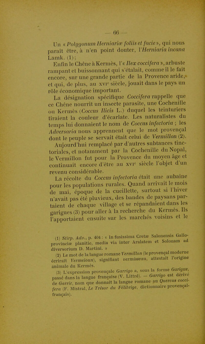 Un «.PolygonumHerniariœ foliisel fade», qui nous paraît être, à n'en point douter, l'Ileminria incana Lamk. (1) ; Enfin le Chêne à Kermès, l'a Ilex coccifera », arbuste rampant et buissonnant qui s'étalait, comme il le fait encore, sur une grande partie de la Provence aride, et qui, de plus, au xvr siècle, jouait dans le pays un rôle économique important. La désignation spécifique Coccifera rappelle que ce Chêne nourrit un insecte parasite, une Cochenille ou Kermès (Coccus Ilicis L.) duquel les teinturiers tiraient la couleur d'écarlate. Les naturalistes du temps lui donnaient le nom de Coccus infectoria ; les Adversaria nous apprennent que le mot provençal dont le peuple se servait était celui de Vermillon (2). Aujourd'hui remplacé par d'autres subtances tinc- toriales, et notamment par la Cochenille du Nopal, le Vermillon fut pour la Provence du moyen âge et continuait encore d'être au xvie siècle l'objet d'un revenu considérable. La récolte du Coccus infectoria était une aubaine pour les populations rurales. Quand arrivait le mois de mai, époque de la cueillette, surtout si l'hiver n'avait pas été pluvieux, des bandes de paysans par- taient de chaque village et se répandaient dans les garigues (3) pour aller à la recherche du Kermès. Ils l'apportaient ensuite sur les marchés voisins et le (1) Stirp. Ado., p. 404: « Infusissima Cretœ Salonensis Gallo- proVinciœ plauitie, média via inter Aralatem et Solonam ad diversorium D. Martini. » (2) Le mot de la langue romane Vermillon (leprovençal moderne écrirait Vermeioun), signifiant vermisseau, attestait Torigme animale du Kermès. _ (3) L'expression provençale Garrigo a, sous la forme Gangue, passé dans la langue française (V. Littré). - Garrigo est dérive de Garric, nom que donnait la langue romane au Qucrcs cocci- fera (F. Mistral, Le Trésor du Félibrige, dictionnaire provençal- français).