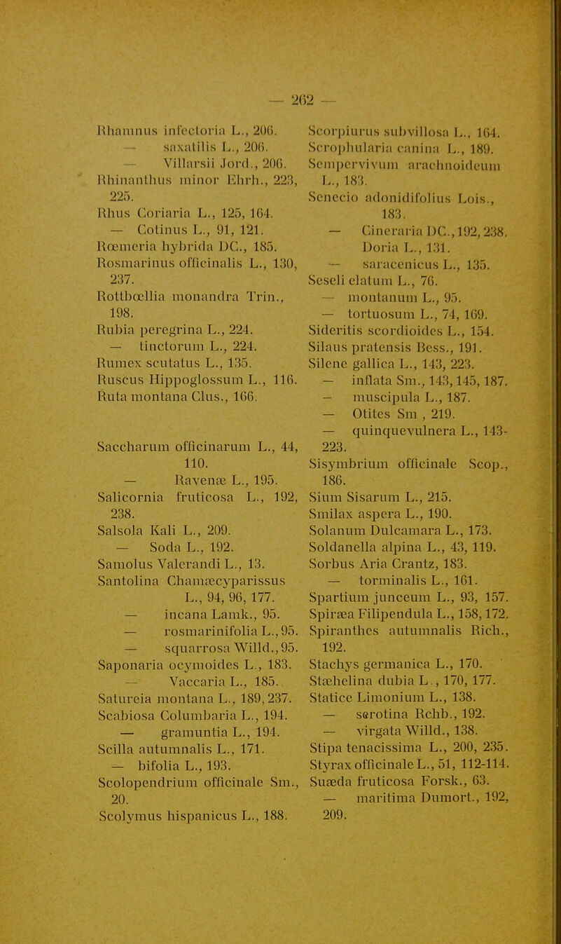 Rhamnus infectoria L., 206. saxatilis L., 206. Villarsii Jôrd,, 206. Rhinanthus minor Ehrh., 223, 225. Rhus Coriaria L., 125, 164. — Cotinus L., 91, 121. Rœrnêria hybrida DC, 18.1. Rosmarinus offlcinalis L., 130, 237. Rottbœllia monandra Trin., 198. Rubia peregrina L., 224. — tinctorum L., 221. Rumex scutatus L., 1155. Ruscus Hippoglossum L., 116. Ruta montana Clus., 166. Saccharum oflicinarum L., 44, 110. — Ravenœ L., 195. Salicornia fruticosa L., 192, 238. Salsola Kali L., 209. — Soda L., 192. Samolus Valerandi L., 13. Santolina Chamrecyparissus L., 94, 96, 177. — incana Lamk., 95. — rosmarinifolia L., 95. — squarrosa Willd.,95. Saponaria ocymoides L., 183. Vaccaria L., 185. Satureia montana L., 189,237. Scabiosa Columbaria L., 194. — granmntia L., 194. Scilla autnmnalis L., 171. — bifolia L., 193. Scolopcndrinm officinale Sm., 20. Scolymns bispanieus L., 188. Seorpiurus subvillosa L., 164. Scropluilaria canin» L., 189. Scmpcrvivuni »raclinoi(leum I.., 183. Scnccio adonidilolius Lois., 183. — Cineraria DC, 192,238. Doria L., 131. — saraccnicus L., 135. Scseli elatum L., 7(i. — montanum L., 95. — tortuosum L., 74, 169. Sideritis scordioides L., 15). Silaus prateiisis Bcss., 191. Silène gallica L., 143, 223. — inflata Sm., 113,115,187. — muscipula L., 187. — Otites Sm , 219. — quinquevulnera L., 113- 223. Sisymbrium officinale Scop., 186. Sium Sisarum L., 215. Smilax aspera L., 190. Solarium Dulcamara L., 173. Soldanella alpina L., 43, 119. Sorbus Aria Crantz, 183. — tprminalis L., 161. Spartium junceum L., 93, 157. Spirsea Filipendula L., 158,172. Spirantbes autumnalis Rich., 192. Stachys germanica L., 170. Stsehelina dubia L., 170, 177. Statice Limonium L., 138. — serotina Rchb., 192. — virgata Willd., 138. Stipa tenacissima L., 200, 235. Styrax officinale L., 51, 112-114. Suseda fruticosa Forsk., 63. — maritima Dumorl., 192, 209.