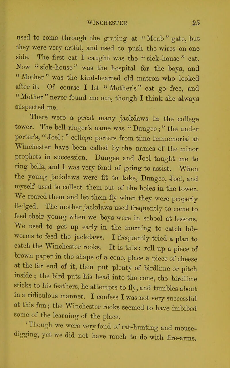 used to come throngh the grating at  Moah  gate, but they were very artful, and used to push the wires on one side. The first cat I caught was the  sick-house  cat. Now sick-house was the hospital for the boys, and  Mother  was the kind-hearted old matron who looked after it. Of course I let  Mother's cat go free, and Mother  never found me out, though I think she always suspected me. There were a great many jackdaws in the college tower. The bell-ringer's name was  Dungee;  the under porter's,  Joel: college porters from time immemorial at Winchester have been called by the names of the minor prophets in succession. Dungee and Joel taught me to ring bells, and I was very fond of going to assist. When the young jackdaws were fit to take, Dungee, Joel, and myself used to collect them out of the holes in the tower. We reared them and let them fly when they were properly fledged. The mother jackdaws used frequently to come to feed their young when we boys were in school at lessons. We used to get up early in the morning to catch lob- worms to feed the jackdaws. I frequently tried a plan to catch the Winchester rooks. It is this: roll up a piece of brown paper in the shape of a cone, place a piece of cheese at the far end of it, then put plenty of birdlime or pitch inside; the bird puts his head into the cone, the birdlime sticks to his feathers, he attempts to fly, and tumbles about in a ridiculous manner. I confess I was not very successful at this fun; the Winchester rooks seemed to have imbibed some of the learning of the place. 'Though we were very fond of rat-hunting and mouse- digging, yet we did not have much to do with fire-arms.