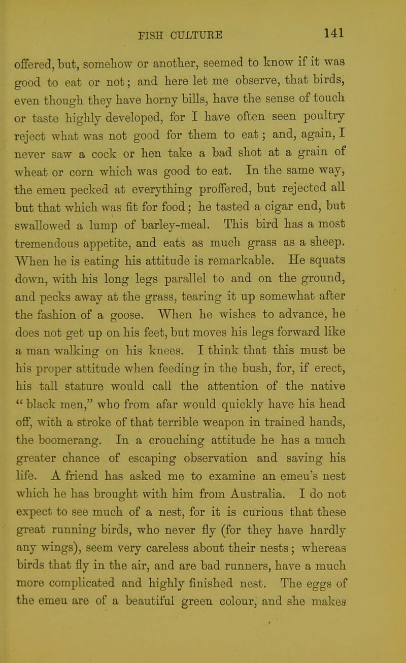 offered, but, someliow or anotlier, seemed to know if it was good to eat or not; and here let me observe, tliat birds, even tbougli they have horny bills, have the sense of touch or taste highly developed, for I have often seen poultry- reject what was not good for them to eat; and, again, I never saw a cock or hen take a bad shot at a grain of wheat or corn which was good to eat. In the same way, the emeu pecked at everything proffered, but rejected all but that which was fit for food; he tasted a cigar end, but swallowed a lump of barley-meal. This bird has a most tremendous appetite, and eats as much grass as a sheep. When he is eating his attitude is remarkable. He squats do-svn, with his long legs parallel to and on the ground, and pecks away at the grass, tearing it up somewhat after the fashion of a goose. When he wishes to advance, he does not get up on his feet, but moves his legs forward like a man walking on his knees. I think that this must be his proper attitude when feeding in the bush, for, if erect, his tall stature would call the attention of the native  black men, who from afar would quickly have his head off, with a stroke of that terrible weapon in trained hands, the boomerang. In a crouching attitude he has a much greater chance of escaping observation and saving his life. A friend has asked me to examine an emeu's nest which he has brought with him from Australia. I do not expect to see much of a nest, for it is curious that these great running birds, who never fly (for they have hardly any wings), seem very careless about their nests; whereas birds that fly in the air, and are bad runners, have a much more complicated and highly finished nest. The eggs of the emeu are of a beautiful green colour, and she makes