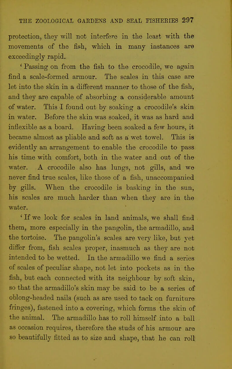 protection, they will not interfere in tlie least with the movements of the fish, which in many instances are exceedingly rapid. ' Passing on from the fish to the crocodile, we again find a scale-formed armour. The scales in this case are let into the skin in a different manner to those of the fish, and they are capable of absorbing a considerable amount of water. This I found out by soaking a crocodile's skin in water. Before the skin was soaked, it was as hard and inflexible as a board. Having been soaked a few hours, it became almost as pliable and soft as a wet towel. This is evidently an arrangement to enable the crocodile to pass his time with comfort, both in the water and out of the water. A crocodile also has lungs, not gills, and we never find true scales, like those of a fish, unaccompanied by gills. When the crocodile is basking in the sun, his scales are much harder than when they are in the water. ' If we look for scales in land animals, we shall find them, more especially in the pangolin, the armadillo, and the tortoise. The pangolin's scales are very like, but yet differ from, fish scales proper, inasmuch as they are not intended to be wetted. In the armadillo we find a series of scales of peculiar shape, not let into pockets as in the fish, but each connected with its neighbour by soft skin, so that the armadillo's skin may be said to be a series of oblong-headed nails (such as are used to tack on furniture fringes), fastened into a covering, which forms the skin of the animal. The armadillo has to roll himself into a ball as occasion requires, therefore the studs of his armour are so beautifully fitted as to size and shape, that he can roll