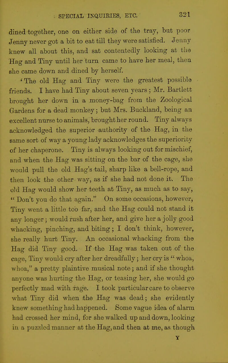 dined together, one on either side of the tray, but poor Jenny never got a bit to eat till they were satisfied. Jenny knew all about this, and sat contentedly looking at the Hag and Tiny until her turn came to have her meal, then she came down and dined by herself. 'The old Hag and Tiny were the greatest possible friends. I have had Tiny about seven years ; Mr. Bartlett brought her down in a money-bag from the Zoological Gardens for a dead monkey; but Mrs. Buckland, being an excellent nurse to animals, brought her round. Tiny always acknowledged the superior authority of the Hag, in the same sort of way a young lady acknowledges the superiority of her chaperone. Tiny is always looking out for mischief, and when the Hag was sitting on the bar of the cage, she would pull the old Hag's 'tail, sharp like a bell-rope, and then look the other way, as if she had not done it. The old Hag would show her teeth at Tiny, as much as to say,  Don't you do that again. On some occasions, however, Tiny went a little too far, and the Hag could not stand it any longer; would rush after her, and give her a jolly good whacking, pinching, and biting; I don't think, however, she really hurt Tiny. An occasional whacking from the Hag did Tiny good. If the Hag was taken out of the cage. Tiny would cry after her dreadfully; her cry is  whoa, whoa, a pretty plaintive musical note; and if she thought anyone was hurting the Hag, or teasing her, she would go perfectly mad with f age. I took particular care to observe what Tiny did when the Hag was dead; she evidently knew something had happened. Some vague idea of alarm had crossed her mind, for she walked up and down, looking in a puzzled manner at the Hag, and then at me, as though Y