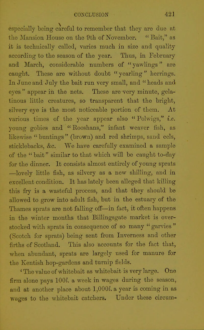 especially being careful to remember tliat tliey are due at the Mansion House on the dth of November. Bait, as it is teclinically called, varies much in size and quality according to the season of the year. Thus, in February and March, considerable numbers of yawlings are caught. These are without doubt yearling herrings. In June and July the bait run very small, and heads and eyes appear in the nets. These are-very minute, gela- tinous little creatures, so transparent that the bright, silvery eye is the most noticeable portion of them. At various times of the year appear also Polwigs, i.e. young gobies and Rooshans, infant weaver fish, as likewise buntings (brown) and red shrimps, sand eels, sticklebacks, &c. We have carefully examined a sample of the bait similar to that which will be caught to-day for the dinner. It consists almost entirely of young sprats —lovely little fish, as silvery as a new shilling, and in excellent condition. It has lately been alleged that killing this fry is a wasteful process, and that they should be allowed to grow into adult fish, but in the estuary of the Thames sprats are not falling oj0F—in fact, it often happens in the winter months that Billingsgate market is over- stocked with sprats in consequence of so many garvies (Scotch for sprats) being sent from Inverness and other firths of Scotland. This also accounts for the fact that, when abundant, sprats are largely used for manure for the Kentish hop-gardens and turnip fields. ' The value of whitebait as whitebait is very large. One firm alone pays lOOZ. a week in wages during the season, and at another place about 1,000Z. a year is coming in as wages to the whitebait catchers. Under these circum-