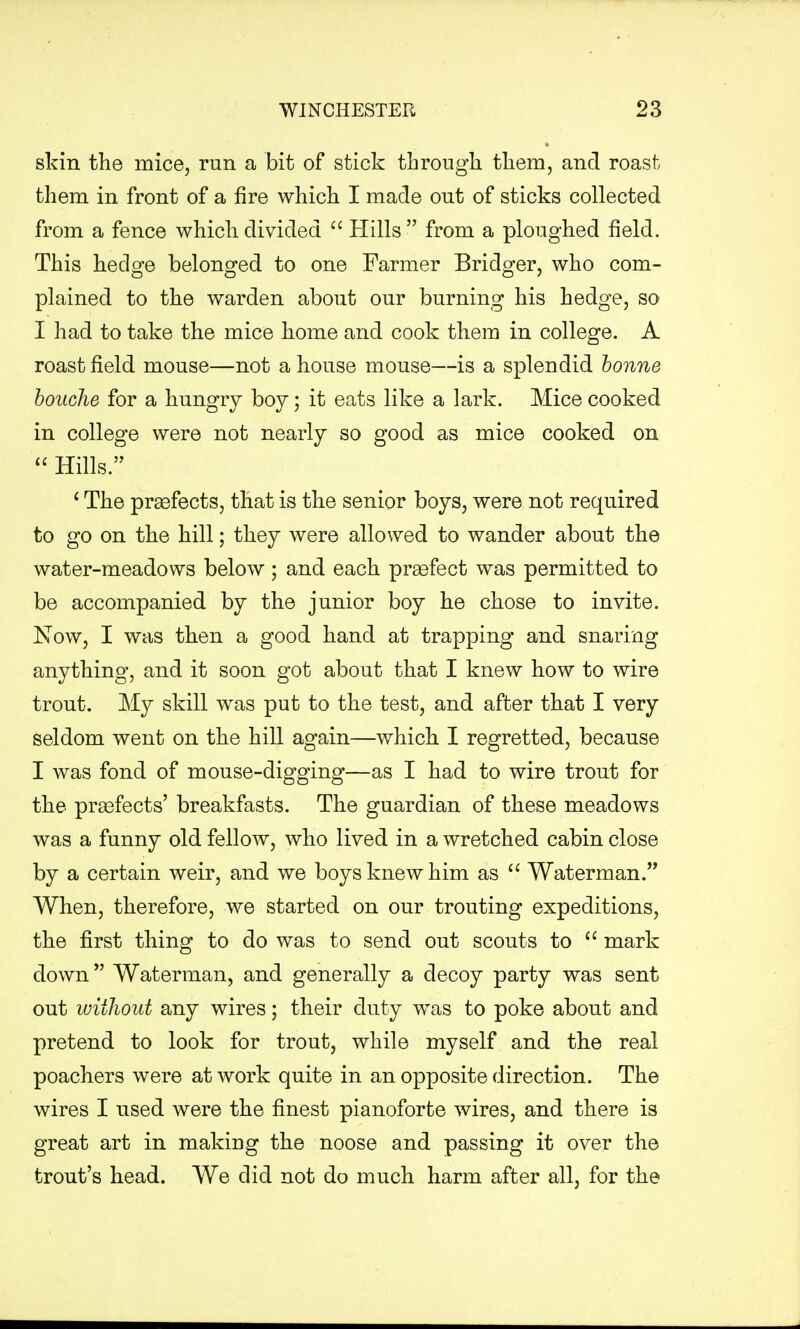 skin the mice, run a bit of stick through them, and roast them in front of a fire which I made out of sticks collected from a fence which divided  Hills  from a ploughed field. This hedge belonged to one Farmer Bridger, who com- plained to the warden about our burning his hedge, so I had to take the mice home and cook them in college. A roast field mouse—not a house mouse—is a splendid bonne bouche for a hungry boy; it eats like a lark. Mice cooked in college were not nearly so good as mice cooked on  Hills. 1 The prasfects, that is the senior boys, were not required to go on the hill; they were allowed to wander about the water-meadows below; and each prasfect was permitted to be accompanied by the junior boy he chose to invite. Now, I was then a good hand at trapping and snaring anything, and it soon got about that I knew how to wire trout. My skill was put to the test, and after that I very seldom went on the hill again—which I regretted, because I was fond of mouse-digging—as I had to wire trout for the prasfects' breakfasts. The guardian of these meadows was a funny old fellow, who lived in a wretched cabin close by a certain weir, and we boys knew him as  Waterman. When, therefore, we started on our trouting expeditions, the first thing to do was to send out scouts to  mark down Waterman, and generally a decoy party was sent out without any wires; their duty was to poke about and pretend to look for trout, while myself and the real poachers were at work quite in an opposite direction. The wires I used were the finest pianoforte wires, and there is great art in making the noose and passing it over the trout's head. We did not do much harm after all, for the