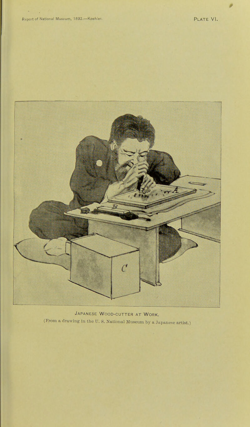Japanese Wood-cutter at Work. (From a drawing in the U. S. National Museum by a Japanese artist.)