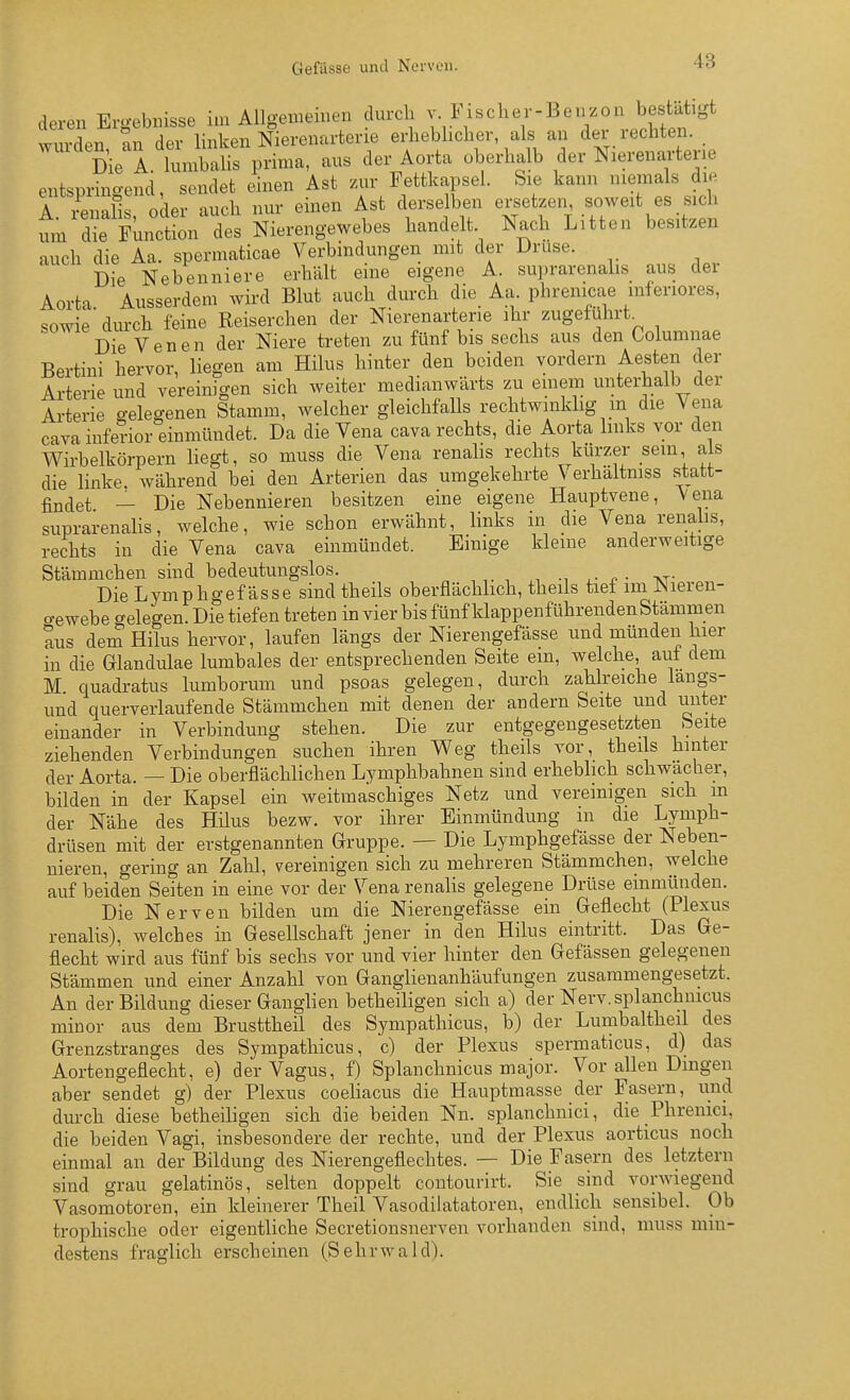 deren Ero-ebnisse im Allgemeinen durch v. Fischer-Benzon bestätigt wurden an der linken Nierenarterie erheblicher, als an der rechten. Die I lun^Hs prima, aus der Aorta oberhalb der Nierenartene entspringend, sendet einen Ast zur Fettkapsel. Sie kann niemals die Ä renalis oder auch nur einen Ast derselben ersetzen, soweit es sich L Z PunZn L Nierengewebes handelt Nach Litten besitzen auch die Aa. spermaticae Verbindungen mit der Drüse. Die Nebenniere erhält eine eigene A. su])rarcnalis aus der Aorta Ausserdem wird Blut auch durch die Aa. phrenicae mferiores, sowie'durch feine Reiserchen der Nierenarterie ihr zugeführt^ Die Venen der Niere treten zu fünf bis sechs aus den Columnae Bertini hervor, liegen am Hilus hinter den beiden vordem Aesten der Arterie und vereinigen sich weiter medianwärts zu einem unterhalb der Arterie gelegenen Stamm, welcher gleichfalls rechtwinklig m die Vena cava inferior einmündet. Da die Vena cava rechts, die Aorta links vor den Wirbelkörpern liegt, so muss die Vena renabs rechts kürzer sein als die linke, während bei den Arterien das umgekehrte \ erhaitniss statt- findet — Die Nebennieren besitzen eine eigene Hauptvene, Vena suprarenalis, welche, wie schon erwähnt, links in die Vena renahs, rechts in die Vena cava einmündet. Einige kleme anderweitige Stämmchen sind bedeutungslos. Die Lymphgef ässe sind theils oberflächhch, theils tief im Nieren- cvewebe gelegen. Die tiefen treten in vier bis fünf klappenführendenStämmen aus dem Hilus hervor, laufen längs der Niereiigefässe und münden hier in die Glandulae lumbales der entsprechenden Seite ein, welche, aut dem M quadratus lumborum und psoas gelegen, durch zahlreiche langs- und querverlaufende Stämmchen mit denen der andern Seite und unter einander in Verbindung stehen. Die zur entgegengesetzten Seite ziehenden Verbindungen suchen ihren V^eg theils vor, theils hinter der Aorta. — Die oberflächlichen Lymphbahnen sind erheblich schwacher, bilden in der Kapsel ein weitmaschiges Netz und vereinigen sich m der Nähe des Hilus bezw. vor ihrer Einmündung in die Lymph- drüsen mit der erstgenannten Gruppe. — Die Lymphgefässe der Neben- nieren, gering an Zahl, vereinigen sich zu mehreren Stämmchen, welche auf beiden Seiten in eine vor der Vena renalis gelegene Drüse einmünden. Die Nerven bilden um die Nierengefässe ein Geflecht (Plexus renalis), welches in Gesellschaft jener in den Hilus eintritt. Das Ge- flecht wird aus fünf bis sechs vor und vier hinter den Gefässen gelegenen Stämmen und einer Anzahl von Ganglienanhäufungen zusammengesetzt. An der Bildung dieser Ganglien betheiligen sich a) der Nerv, splanchnicus minor aus dem Brusttheil des Sympathicus, b) der Lumbaltheil des Grenzstranges des Sympathicus, c) der Plexus spermaticus, d) das Aortengeflecht, e) der Vagus, f) Splanchnicus major. Vor allen Dingen aber sendet g) der Plexus coeHacus die Hauptmasse der Fasern, und durch diese betheiligen sich die beiden Nn. splanchnici, die Phrenici, die beiden Vagi, insbesondere der rechte, und der Plexus aorticus noch einmal an der Bildung des Nierengeflechtes. — Die Fasern des letztern sind grau gelatinös, selten doppelt contourirt. Sie sind vorwiegend Vasomotoren, ein kleinerer Theil Vasodilatatoren, endlich sensibel. Ob trophische oder eigentliche Secretionsnerven vorhanden sind, muss min- destens fraglich erscheinen (Sehrwald).