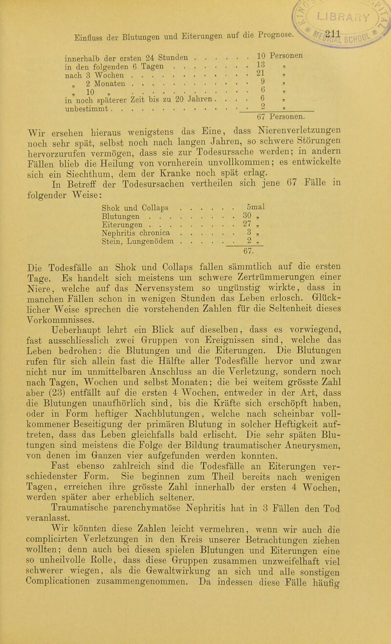 Einfluss der Blutungen und Eiterungen auf die Prognose. innerhalb der ersten 24 Stunden . . . in den folgenden 6 Tagen nach 3 Wochen „ 2 Monaten ,10 , in noch späterer Zeit bis zu 20 Jahren . unbestimmt Wir ersehen hieraus wenigstens das Eine, class Nierenverletzungen noch sehr spät, selbst noch nach langen Jahren, so schwere Störungen heiTorzurufen vermögen, class sie zur Todesursache werden; in andern Fällen blieb die Heilung von vornherein unvollkommen; es entwickelte sich ein Siechthum, dem der Kranke noch spät erlag. In Betreff der Todesursachen vertheilen sich jene 67 Fälle in folgender Weise: Shok und Collaps 5mal Blutungen 30 „ Eiterungen 27 „ Nephritis chronica 3 „ Stein, Lungenödem 2 „ 67. Die Todesfälle an Shok und Collaps fallen sämmtlich auf die ersten Tage. Es handelt sich meistens um schwere Zertrümmerungen einer Niere, welche auf das Nervensystem so ungünstig wirkte, dass in manchen Fällen schon in wenigen Stunden das Leben erlosch. Glück- hcher Weise sprechen die vorstehenden Zahlen für die Seltenheit dieses Vorkommnisses. Ueberhaupt lehrt ein Blick auf dieselben, dass es vorwiegend, fast ausschliesslich zwei Gruppen von Ereignissen sind, welche das Leben bedrohen: die Blutungen und die Eiterungen. Die Blutungen rufen für sich allein fast die Hälfte aller Todesfälle hervor und zwar nicht nur im unmittelbaren Anschluss an die Verletzung, sondern noch nach Tagen, Wochen und selbst Monaten; die bei weitem grösste Zahl aber (23) entfällt auf die ersten 4 Wochen, entweder in der Art, dass die Blutungen unaufhörlich sind, bis die Kräfte sich erschöpft haben, oder in Form heftiger Nachblutungen, welche nach scheinbar voll- kommener Beseitigung der primären Blutung in solcher Heftigkeit auf- treten, dass das Leben gleichfalls bald erhscht. Die sehr späten Blu- tungen sind meistens die Folge der Bildung traumatischer Aneurysmen, von denen im Ganzen vier aufgefunden werden konnten. Fast ebenso zahlreich sind die Todesfälle an Eiterungen ver- schiedenster Form. Sie beginnen zum Theil bereits nach wenigen Tagen, erreichen ihre grösste Zahl innerhalb der ersten 4 Wochen, werden später aber erheblich seltener. Traumatische parenchymatöse Nephritis hat in 3 Fällen den Tod veranlasst. Wir könnten diese Zahlen leicht vermehren, wenn wir auch die complicirten Verletzungen in den Kreis unserer Betrachtungen ziehen wollten; denn auch bei diesen spielen Blutungen und Eiterungen eine so unheilvolle Rolle, dass diese Gruppen zusammen unzweifelhaft viel schwerer wiegen, als die Gewaltwirkung an sich und alle sonstigen Complicationen zusammengenommen. Da indessen diese Fälle häufig 10 Personen 13 21 9 6 6 2 67 Personen.
