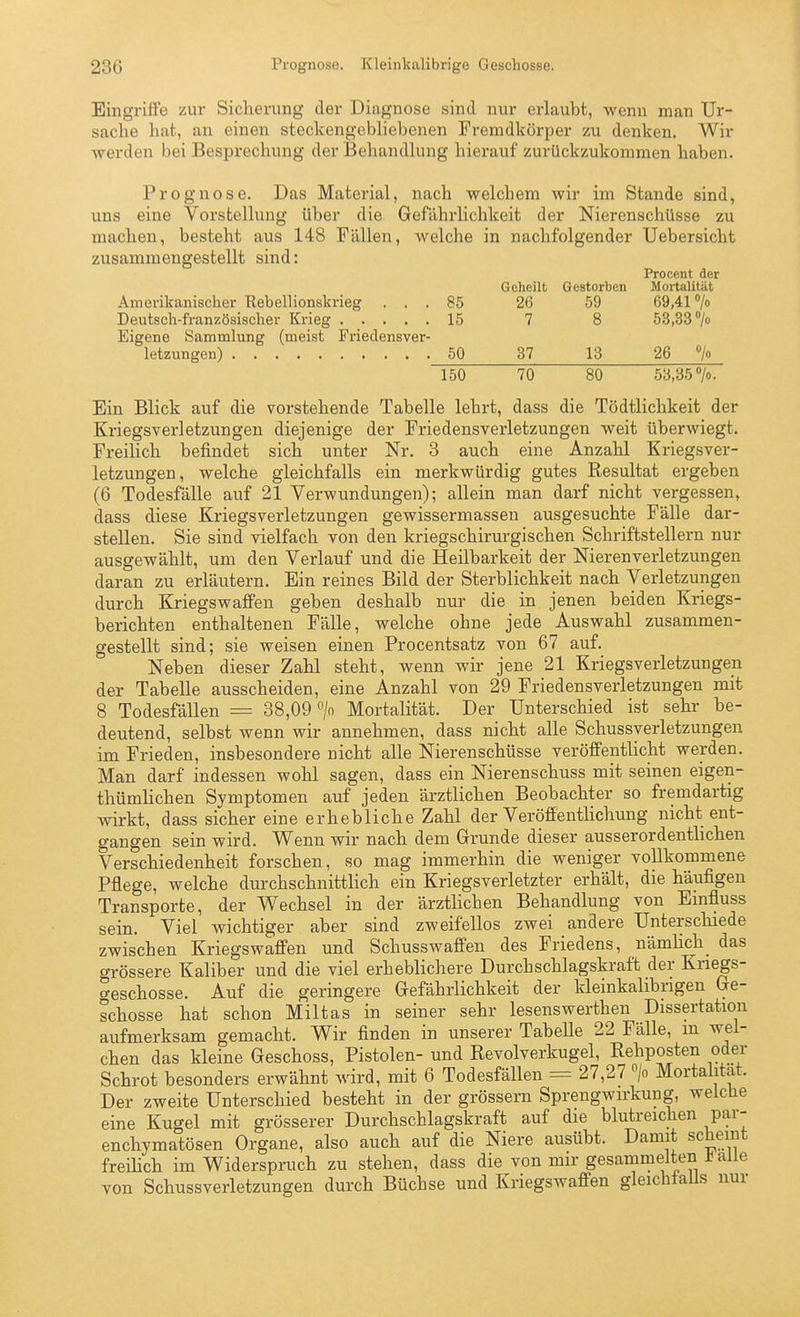 Eingrilfe zur Sicherung der Diagnose sind nur erlaubt, wenn man Ur- sache hat, an einen steckengebliebenen Fremdkörper zu denken. Wir werden bei Besprechung der Behandlung hierauf zurückzukommen haben. Prognose. Das Material, nach welchem wir im Stande sind, uns eine Vorstellung über die Gefährlichkeit der Nierenschüsse zu machen, besteht aus 148 Fällen, welche in nachfolgender Uebersicht zusammengestellt sind: Amerikanischer Rebellionskrieg . . . Deutsch-französischer Krieg Eigene Sammlung (meist Frieclensver- 85 15 Geheilt 26 7 Gestorben 59 8 Procent der Mortalität 69,41 > 53,33 /o 50 37 13 26 7o 150 70 80 53,35 7o. Ein Blick auf die vorstehende Tabelle lehrt, dass die Tödtlichkeit der Kriegsverletzungen diejenige der Friedensverletzungen weit überwiegt. Freilich befindet sich unter Nr. 3 auch eine Anzahl Kriegsver- letzungen, welche gleichfalls ein merkwürdig gutes Resultat ergeben (6 Todesfälle auf 21 Verwundungen); allein man darf nicht vergessen, dass diese Kriegsverletzungen gewissermassen ausgesuchte Fälle dar- stellen. Sie sind vielfach von den kriegschirurgischen Schriftstellern nur ausgewählt, um den Verlauf und die Heilbarkeit der Nierenverletzungen daran zu erläutern. Ein reines Bild der Sterblichkeit nach Verletzungen durch Kriegswaffen geben deshalb nur die in jenen beiden Kriegs- berichten enthaltenen Fälle, welche ohne jede Auswahl zusammen- gestellt sind; sie weisen einen Procentsatz von 67 auf. Neben dieser Zahl steht, wenn wir jene 21 Kriegsverletzungen der Tabelle ausscheiden, eine Anzahl von 29 Friedensverletzungen mit 8 Todesfällen = 88,09 > Mortalität. Der Unterschied ist sehr be- deutend, selbst wenn wir annehmen, dass nicht alle Schussyerletzungen im Frieden, insbesondere nicht alle Nierenschüsse veröffentlicht werden. Man darf indessen wohl sagen, dass ein Nierenschuss mit seinen eigen- thümlichen Symptomen auf jeden ärztlichen Beobachter so fremdartig wirkt, dass sicher eine erhebliche Zahl der VeröffentHchung nicht ent- gangen sein wird. Wenn wir nach dem Grunde dieser ausserordenthchen Verschiedenheit forschen, so mag immerhin die weniger vollkommene Pflege, welche durchschnittlich ein Kriegsverletzter erhält, die häufigen Transporte, der Wechsel in der ärztlichen Behandlung von Emfluss sein. Viel wichtiger aber sind zweifellos zwei andere Unterschiede zwischen Kriegswaflfen und Schusswaffen des Friedens, nämHch_ das grössere Kaliber und die viel erheblichere Durchschlagskraft der Knegs- o-eschosse. Auf die geringere Gefährlichkeit der kleinkalibngen Ge- schosse hat schon Miltas in seiner sehr lesenswerthen Dissertation aufmerksam gemacht. Wir finden in unserer Tabelle 22 Fälle, m wel- chen das kleine Geschoss, Pistolen- und Revolverkugel, Rehposten oder Schrot besonders erwähnt wird, mit 6 Todesfällen = 27,27 > Mortalität. Der zweite Unterschied besteht in der grössern Sprengwirkung, welche eine Kugel mit grösserer Durchschlagskraft auf die blutreichen par- enchymatösen Organe, also auch auf die Niere ausübt. Damit scheint freihch im Widerspruch zu stehen, dass die von mir gesammelten i alle von Schussverletzungen durch Büchse und Kriegswaff'en gleichfalls nur