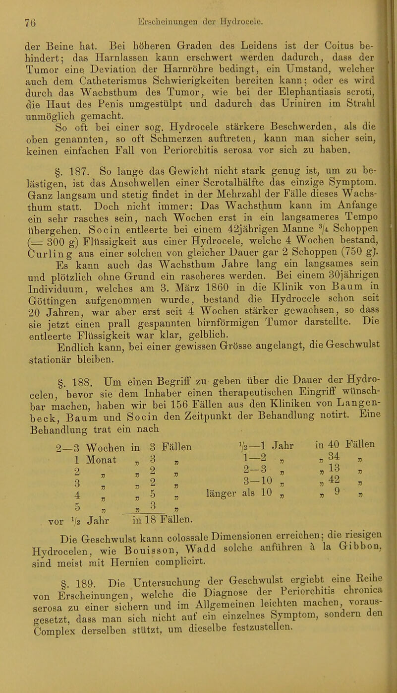 7(3 Erscheinungen der Hyclrocele. der Beine hat. Bei höheren Graden des Leidens ist der Coitus be- hindert; das Harnlassen kann erschwert werden dadurch, dass der Tumor eine Deviation der Harnröhre bedingt, ein Umstand, welcher auch dem Catheterismus Schwierigkeiten bereiten kann; oder es wird durch das Wachsthum des Tumor, wie bei der Elephantiasis scroti, die Haut des Penis umgestülpt und dadurch das Uriniren im Strahl unmöglich gemacht. So oft bei einer sog, Hydrocele stärkere Beschwerden, als die oben genannten, so oft Schmerzen auftreten, kann man sicher sein, keinen einfachen Fall von Periorchitis serosa vor sich zu haben. §. 187. So lange das Gewicht nicht stark genug ist, um zu be- lästigen, ist das Anschwellen einer Scrotalhälfte das einzige Symptom. Ganz langsam und stetig findet in der Mehrzahl der Fälle dieses Wachs- thum statt. Doch nicht immer: Das Wachsthum kann im Anfange ein sehr rasches sein, nach Wochen erst in ein langsameres Tempo übergehen. So ein entleerte bei einem 42jährigen Manne ^/i Schoppen (= 300 g) Flüssigkeit aus einer Hydrocele, welche 4 Wochen bestand, Curling aus einer solchen von gleicher Dauer gar 2 Schoppen (750 g). Es kann auch das Wachsthum Jahre lang ein langsanies sein und plötzlich ohne Grund ein rascheres werden. Bei einem 30jährigen Individuum, welches am 3. März 1860 in die Klinik von Baum in Göttingen aufgenommen wurde, bestand die Hydrocele schon seit 20 Jahren, war aber erst seit 4 Wochen stärker gewachsen, so dass sie jetzt einen prall gespannten birnförmigen Tumor darstellte. Die entleerte Flüssigkeit war klar, gelblich. Endlich kann, bei einer gewissen Grösse angelangt, die Geschwulst stationär bleiben. §. 188. Um einen Begrifi zu geben über die Dauer der Hydro- celen, bevor sie dem Inhaber einen therapeutischen Eingriff wünsch- bar machen, haben wir bei 156 Fällen aus den Kliniken von Langen- beck, Baum und Socin den Zeitpunkt der Behandlung notirt. Eme Behandlung trat ein nach 2—3 Wochen in 3 Fällen Vz—1 Jahr in 40 Fällen 1 Monat „ 3 „ 1—2 „ „ 34 2 ,1 2 , 2-3 „ „13 4 „ » 5 „ langer als 10 „ „9 7} V 55 55 5 „ 55 3 vor '■ 2 Jahr in 18 Fällen. Die Geschwulst kann colossale Dimensionen erreichen; die riesigen Hydrocelen, wie Bouisson, Wadd solche anführen h la Gibbon, sind meist mit Hernien complicirt. S 189 Die Untersuchung der Geschwulst ergiebt eine Reihe von Erscheinungen, welche die Diagnose der Periorchitis chronica serosa zu einer sichern und im Allgemeinen leichten machen voraus- gesetzt, dass man sich nicht auf ein einzelnes Symptom, sondern den Complex derselben stützt, um dieselbe festzustellen.