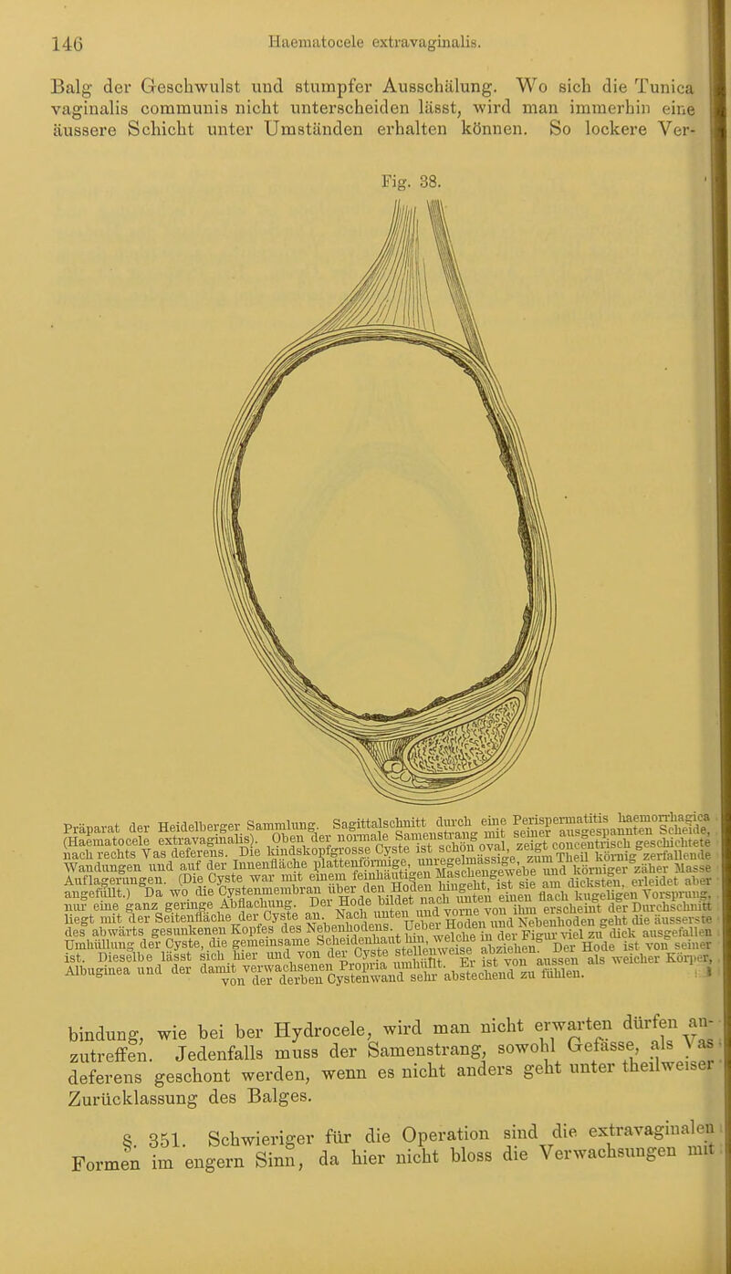 Balg der Geschwulst und stumpfer Ausschälung. Wo sich die Tunica vaginalis communis nicht unterscheiden lässt, wird man immerhin eine äussere Schicht unter Umständen erhalten können. So lockere Ver- Fig. 38. Präparat der Heidelberger SammluBg SagittalscMtt dm-ch e^^ (Haematocele extravaginalis . Oben der ^^.^ Sameiista^^^^ '^eT-Tcoucmtriscli gesclücl.tete des abwärts gesunkenen Kopfes des Nebenliodens^^ ausgefallen UmhiUlung der Cyste, die gemeinsame Sc^eidenhaut abziehen Der Hode ist voif seiner ist. Dieselbe lässt sich hier und von der Cyste stelteuweise ^eicUer Körper Albuginea und der ^Wt^vei^warfi—P^^^^^^^^^^ bindung, wie bei ber Hydrocele, wird man nicht erwarten dürfen an- zutreffen. Jedenfalls muss der Samenstrang sowohl Gefasse als A as deferens geschont werden, wenn es nicht anders geht unter theilweiser Zurücklassung des Balges. 8 351. Schwieriger für die Operation sind die extravaginalen Formen im engern Sinn, da hier nicht bloss die Verwachsungen mit