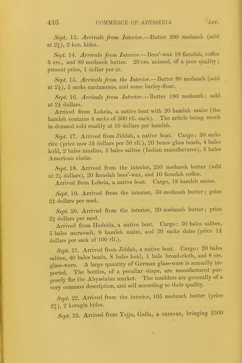 Sept. 13. Arrivals from Interior.—Butter 200 raedaiich (sold at 2|), 2 kor. liides. Sept. 14. Arrivals from Interior.—Bees'-vvax 10 faraslah, coffee 3 crs., and 80 medaneh butter. 20 crs. aniseed, of a jjoor quality; present price, I dollar per cr. Sept. 15. Arrivals from the Interior.—Butter 80 medaneh (sold at 2f), 5 sacks cardamoms, and some barley-flour. Sept. 16. Arrivals from Interior.—Butter 180 medaneh; sold at 2i dollars. Arrived from Loheia, a native boat with 20 hamleh maize (tlie hamleh contains 4 sacks of 300 rli. each). The article being much in demand sold readily at 16 dollars per hamleh. Sept. 17. Arrived from Jiddah, a native boat. Cargo : 30 sacks rice (price now 3^ dollars per 50 rli.), 20 boxes glass beads, 4 bales kohl, 2 bales muslins, 5 bales salitee (Indian manufactures), 3 bales American cloths. Sept. 18. Arrived from the interior, 250 medaneh butter (sold at 2i dollars), 20 faraslah bees'-wax, and 10 faraslah coffee. Arrived from Loheia, a native boat. Cargo, 18 hamleh maize. Sept. 19. Arrived from the interior, 50 medaneh butter; price 2i dollars per med. Sept. 20. Arrived from the interior, 20 medaneh butter; price 2f dollars per med. Arrived from Hodeida, a native boat. Cargo: 50 bales salitee, 5 bales maraoudi, 9 hamleh maize, and 50 sacks dates (price H dollars per sack of 100 rli.). Sept. 21. Arrived from Jiddah, a native boat. Cargo : 20 bales salitee, 40 bales beads, 8 bales kohl, 1 bale broad-cloth, and 8 crs. o-lass-ware. A large quantity of German glass-ware is annually im- ported. The bottles, of a peculiar shape, are manufactured pur- posely for the Abyssinian inarket. The tumblers are generally of a very common description, and sell according to their quality. Sept. 22. Arrived from the interior, 105 medaneh butter (price 24), 2 koragia hides. Sept. 23. Arrived from Yejju, Galla, a caravan, bringing 2500