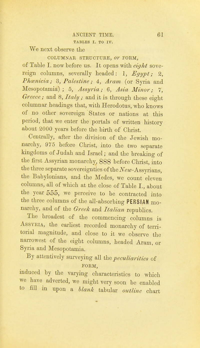 TABLES I. TO IT. We next observe the COLUMNAR STRUCTURE, OT FORM, of Table I. now before us. It opens with eight sove- reign columns, severally headed: 1, Egypt; 2, Phoenicia; 3, Palestine; 4, Aram (or Syria and Mesopotamia) ; 5, Assyria; 6, Asia Minor; 7, Greece ; and 8, Italy; and it is through these eight columnar headings that, with Herodotus, who knows of no other sovereign States or nations at this period, that we enter the portals of written history about 2000 years before the birth of' Christ. Centrally, after the division of the Jewish mo- narchy, 975 before Christ, into the two separate kingdoms of Judah and Israel; and the breaking of the first Assyrian monarchy, 888 before Christ, into the three separate sovereignties of the New-Assyrians, the Babylonians, and the Medes, we count eleven columns, all of which at the close of Table I., about the year 555, we perceive to be contracted into the three columns of the all-absorbing PERSIAN mo- narchy, and of the Greek and Italian republics. The broadest of the commencing columns is Assyria, the earliest recorded monarchy of terri- torial magnitude, and close to it we observe the narrowest of the eight columns, headed Aram, or Syria and Mesopotamia. By attentively surveying all the peculiar 'ities of FORM, induced by the varying characteristics to which we have adverted, we might very soon be enabled to fill in upon a blank tabular outline chart