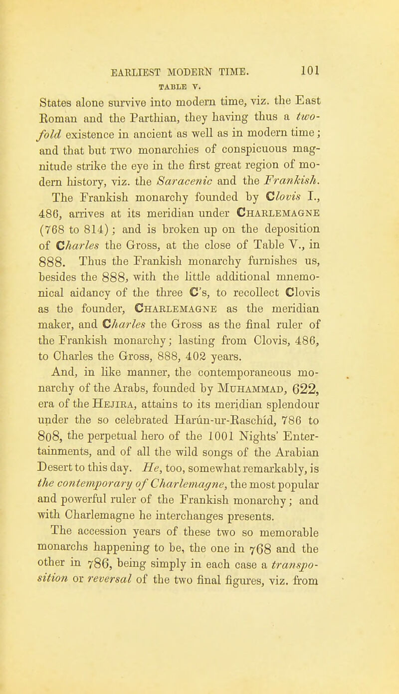 TABLE V. States alone survive into modern time, viz. the East Eoman and the Parthian, they having thus a two- fold existence in ancient as well as in modern time; and that hut two monarchies of conspicuous mag- nitude strike the eye in the first great region of mo- dem history, viz. the Saracenic and the Frankish. The Frankish monarchy founded hy Clovis I., 480, arrives at its meridian under Charlemagne (708 to 814); and is broken up on the deposition of Charles the Gross, at the close of Table V., in 888. Thus the Frankish monarchy furnishes us, besides the 8885 with the little additional mnemo- nical aidancy of the three C's, to recollect Clovis as the founder, Charlemagne as the meridian maker, and Charles the Gross as the final ruler of the Frankish monarchy; lasting from Clovis, 480, to Charles the Gross, 888, 402 years. And, in like manner, the contemporaneous mo- narchy of the Arabs, founded by Muhammad, 622, era of the Hejira, attains to its meridian splendour under the so celebrated Harun-ur-Easchid, 780 to 808, the perpetual hero of the 1001 Nights' Enter- tainments, and of all the wild songs of the Arabian Desert to this day. He, too, somewhat remarkably, is the contemporary of Charlemagne, the most popular and powerful ruler of the Frankish monarchy; and with Charlemagne he interchanges presents. The accession years of these two so memorable monarchs happening to be, the one in 768 and the other in 786, being simply in each case a transpo- sition or reversal of the two final figures, viz. from