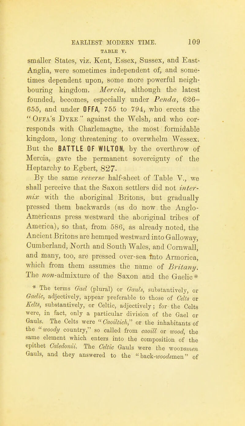 TABLE V. smaller States, viz. Kent, Essex, Sussex, and East- Anglia, were sometimes independent of, and some- times dependent upon, some more powerful neigh- bouring kingdom. Mercia, although the latest founded, becomes, especially under Penda, 626- 655, and under OFFA, 755 to 794, who erects the  Offa's Dyke  against the Welsh, and who cor- responds with Charlemagne, the most formidable kingdom, long threatening to overwhelm Wessex. But the BATTLE OF WILTON, by the overthrow of Mercia, gave the permanent sovereignty of the Heptarchy to Egbert, 827- By the same reverse half-sheet of Table V., we shall perceive that the Saxon settlers did not inter- mix with the aboriginal Britons, but gradually pressed them backwards (as do now the Anglo- Americans press westward the aboriginal tribes of America), so that, from 586, as already noted, the Ancient Britons are hemmed westward into Galloway, Cumberland, North and South Wales, and Cornwall, and many, too, are pressed over-sea into Armorica, which from them assumes the name of Britany. The rccw-admixture of the Saxon and the Gaelic* * The terms Gael (plural) or Gauls, substantively, or Gaelic, adjectively, appear preferable to those of Celts or Kelts, substantively, or Celtic, adjectively; for the Celts were, in fact, only a particular division of the Gael or Gauls. The Celts were Caoiltich or the inhabitants of the woody country, so called from caoill or wood, the same element which enters into the composition of the epithet Caledonii. The Celtic Gauls were the wooDsmm Gauls, and they answered to the  back-woocfemen of