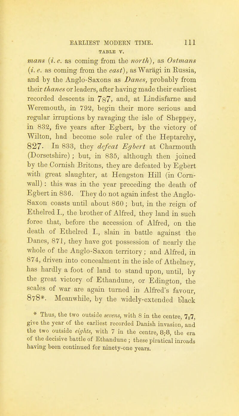 TABLE V. mans (i.e. as coming from the north), as Ostmans (i. e. as coming from the east), as Wariigi in Kussia, and by the Anglo-Saxons as Danes, probably from their thanes or leaders, after having made their earliest recorded descents in 7s7> and, at Lindisfarne and Weremouth, in 792, begin their more serious and regular irruptions by ravaging the isle of Sheppey, in 832, five years after Egbert, by the victory of Wilton, had become sole ruler of the Heptarchy, 827- In 833, they defeat Egbert at Charmouth (Dorsetshire); but, in 835, although then joined by the Cornish Britons, they are defeated by Egbert with great slaughter, at Hengston Hill (in Corn- wall) : this was in the year preceding the death of Egbert in 836. They do not again infest the Anglo- Saxon coasts until about 860; but, in the reign of Ethelred I., the brother of Alfred, they land in such force that, before the accession of Alfred, on the death of Ethelred I., slain in battle against the Danes, 871, they have got possession of nearly the whole of the Anglo-Saxon territory; and Alfred, in 874, driven into concealment in the isle of Athelney, has hardly a foot of land to stand upon, until, by the great victory of Ethandune, or Edington, the scales of war are again turned in Alfred's favour, 878*. Meanwhile, by the widely-extended black * Thus, the two outside sevens, with 8 in the centre, 7U7, give the year of the earliest recorded Danish invasion, and the two outside eights, with 7 in the centre, 878, the era of the decisive battle of Ethandune ; these piratical inroads having been continued for ninety-one years.