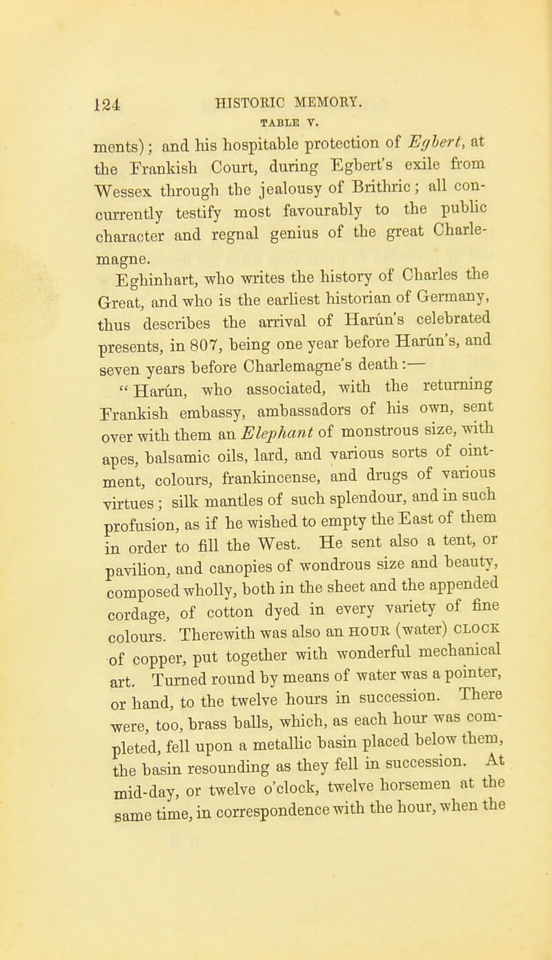 TABLE V. ments); and his hospitable protection of Egbert, at the Prankish Court, during Egbert's exile from Wessex through tbe jealousy of Brithric; all con- currently testify most favourably to the public character and regnal genius of the great Charle- magne. Eghinhart, who writes the history of Charles the Great, and who is the earliest historian of Germany, thus describes the arrival of Harun's celebrated presents, in 807, being one year before Harun's, and seven years before Charlemagne's death:— Harun, who associated, with the returning Frankish embassy, ambassadors of his own, sent over with them an Elephant of monstrous size, with apes, balsamic oils, lard, and various sorts of oint- ment, colours, frankincense, and drugs of various virtues; silk mantles of such splendour, and in such profusion, as if he wished to empty the East of them in order to fill the West. He sent also a tent, or pavilion, and canopies of wondrous size and beauty, composed wholly, both in the sheet and the appended cordage, of cotton dyed in every variety of fine colours. Therewith was also an hour (water) clock of copper, put together with wonderful mechanical art. Turned round by means of water was a pointer, or hand, to the twelve hours in succession. There were, too, brass balls, which, as each hour was com- pleted, fell upon a metallic basin placed below them, the basin resounding as they fell in succession. At mid-day, or twelve o'clock, twelve horsemen at the same time, in correspondence with the hour, when the