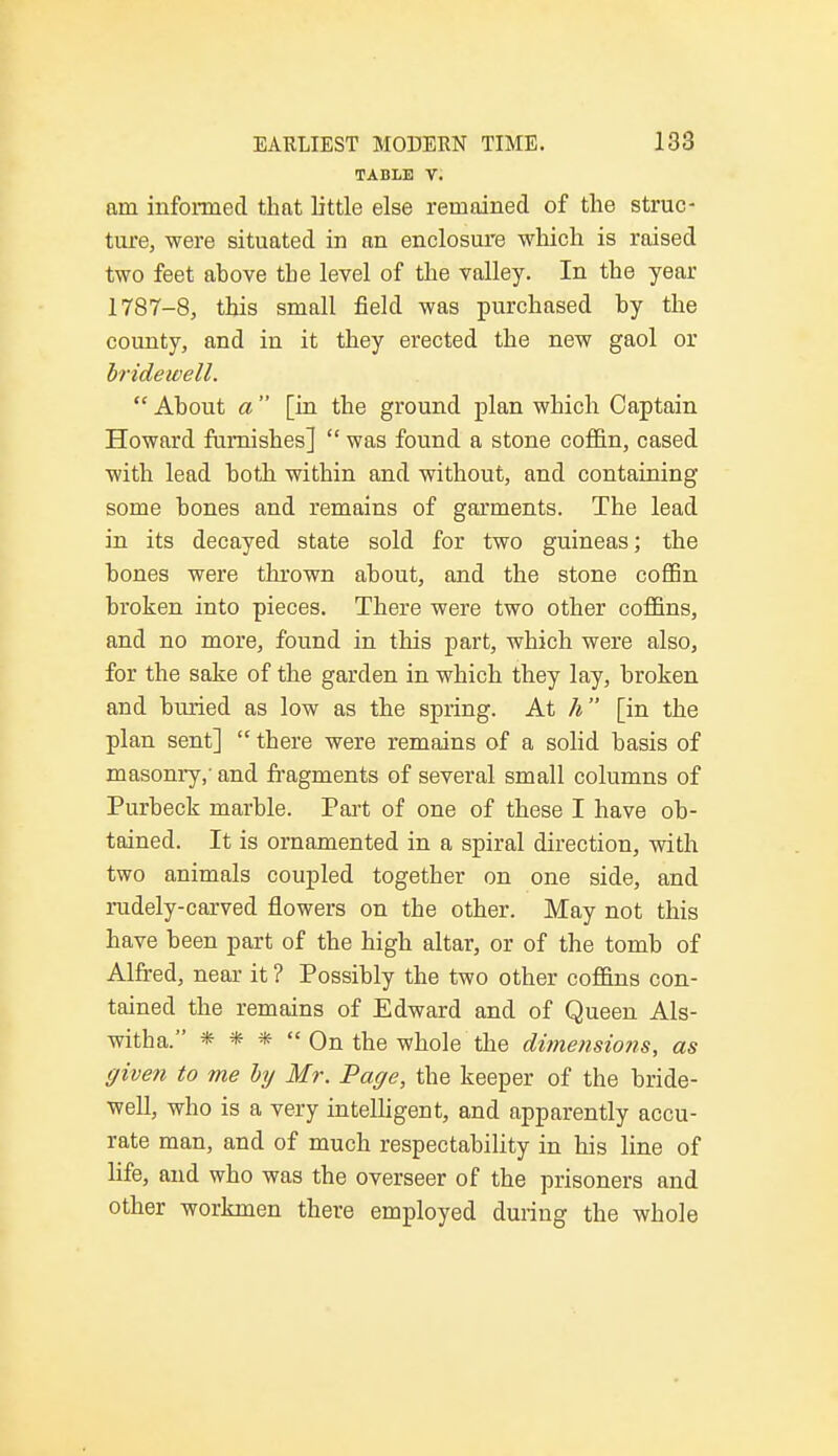 TABLE V. am informed that little else remained of the struc- ture, were situated in an enclosure which is raised two feet ahove the level of the valley. In the year 1787-8, this small field was purchased hy the county, and in it they erected the new gaol or bridewell.  About a  [in the ground plan which Captain Howard furnishes]  was found a stone coffin, cased with lead both within and without, and containing some bones and remains of garments. The lead in its decayed state sold for two guineas; the bones were thrown about, and the stone coflBn broken into pieces. There were two other coffins, and no more, found in this part, which were also, for the sake of the garden in which they lay, broken and buried as low as the spring. At h [in the plan sent]  there were remains of a solid basis of masonry,' and fragments of several small columns of Purbeck marble. Part of one of these I have ob- tained. It is ornamented in a spiral direction, with two animals coupled together on one side, and rudely-carved flowers on the other. May not this have been part of the high altar, or of the tomb of Alfred, near it ? Possibly the two other coffins con- tained the remains of Edward and of Queen Als- witha. * * *  On the whole the dimensions, as given to me hy Mr. Page, the keeper of the bride- well, who is a very intelligent, and apparently accu- rate man, and of much respectability in his line of life, and who was the overseer of the prisoners and other workmen there employed during the whole