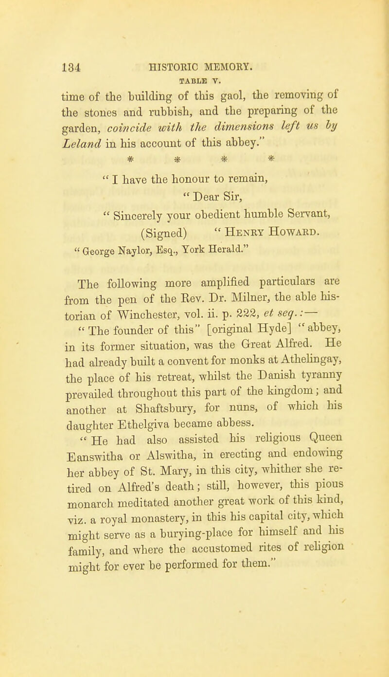 TABLE V. time of the building of this gaol, the removing of the stones and rubbish, and the preparing of the garden, coincide with the dimensions left us htj Leland in his account of this abbey. # * * *  I have the honour to remain,  Dear Sir,  Sincerely your obedient humble Servant, (Signed)  Henry Howard.  George Naylor, Esq., York Herald. The following more amplified particulars are from the pen of the Eev. Dr. Milner, the able his- torian of Winchester, vol. ii. p. 222, et seq.:—  The founder of this [original Hyde] abbey, in its former situation, was the Great Alfred. He had already built a convent for monks at Athehngay, the place of his retreat, whilst the Danish tyranny prevailed throughout this part of the kingdom; and another at Shaftsbury, for nuns, of which his daughter Ethelgiva became abbess.  He had also assisted his religious Queen Eanswitha or Alswitha, in erecting and endowing her abbey of St. Mary, in this city, whither she re- tired on Alfred's death; still, however, this pious monarch meditated another great work of this kind, viz. a royal monastery, in this his capital city, which might serve as a burying-place for himself and his family, and where the accustomed rites of religion might for ever be performed for them.